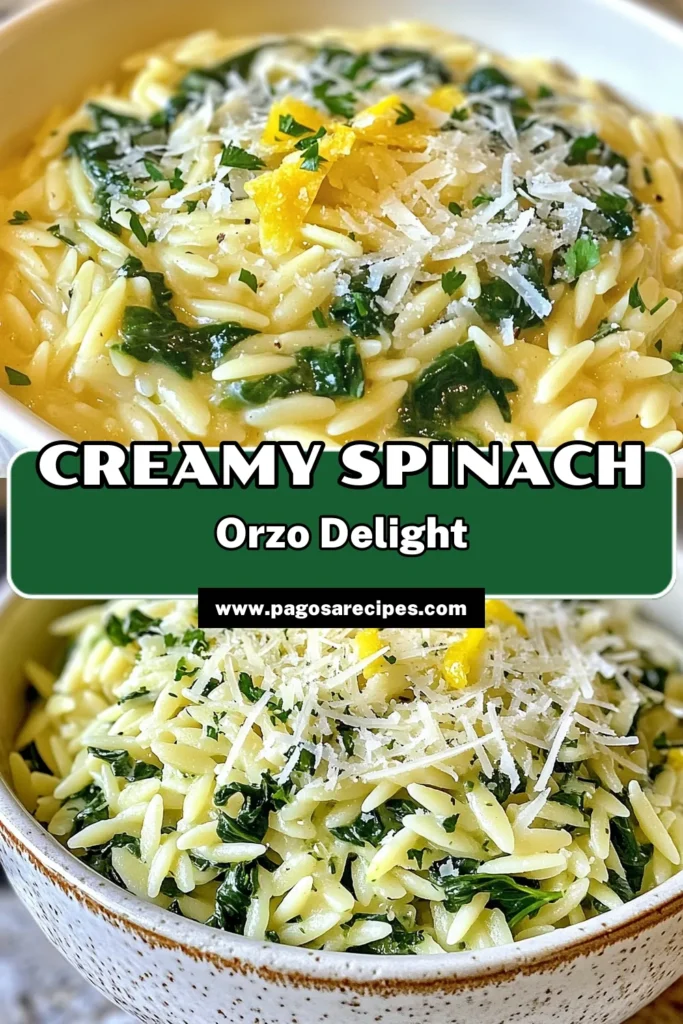 Discover the ultimate creamy garlic spinach orzo recipe that’s perfect for quick vegetarian meals! This easy orzo recipe combines tender orzo pasta with a luscious cream sauce, fresh spinach, and garlic for a delightful dish that pleases everyone. Perfect for busy nights, this orzo pasta with cream is ready in just 20 minutes. Try it today and savor the flavors! Save this delicious recipe now! #CreamyGarlicSpinachOrzo #EasyOrzoRecipes #VegetarianMeals #HealthyRecipes