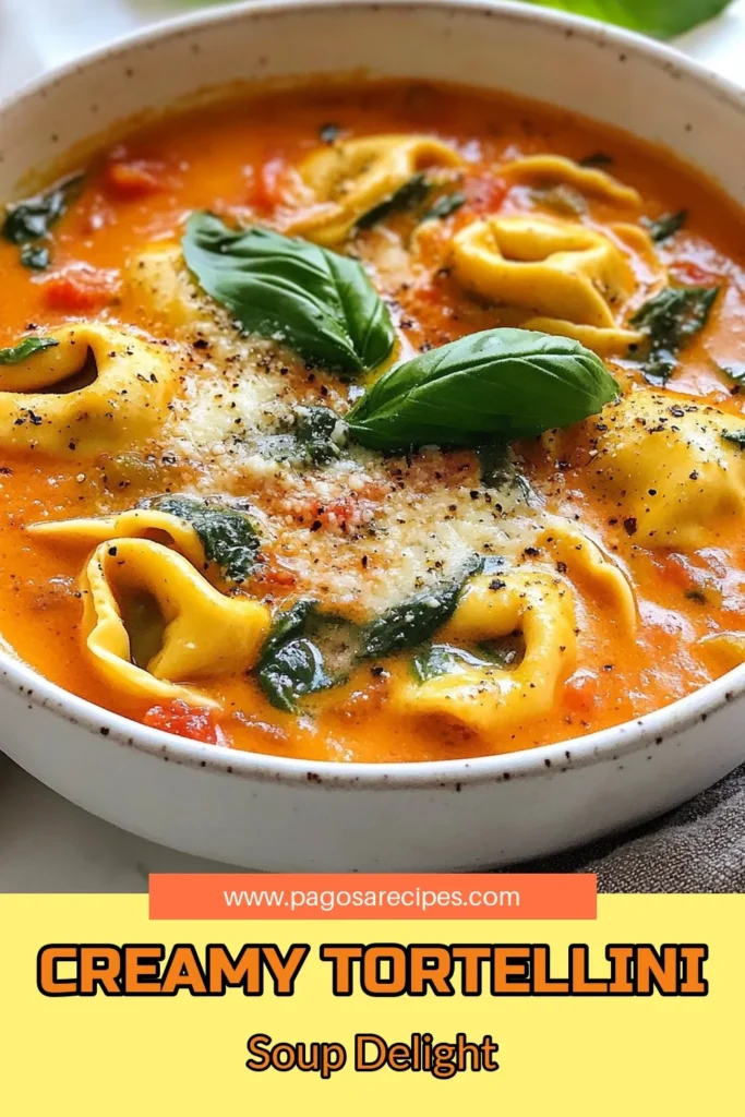 Discover the ultimate comfort dish with this Creamy Tomato Basil Tortellini Soup! This easy Tortellini Soup Recipe combines rich flavors of tomatoes, fresh basil, and cheese tortellini for a delightful meal. Perfect as an Easy Tomato Soup with Spinach or a Vegetarian Tortellini Soup, it's a delicious way to warm up. Try it now and savor every bite! Save this recipe for your next cozy night in! #TortelliniSoup #CreamyTomatoBasilSoup #VegetarianRecipe #EasySoup