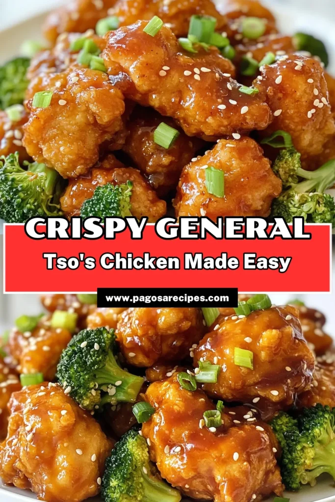 Indulge in this easy General Tso's Chicken recipe that captures the essence of your favorite Chinese takeout! With crispy chicken coated in a flavorful sauce, preparing homemade General Tso's Chicken has never been simpler. Perfect for family dinners, this dish combines tender chicken, vibrant broccoli, and a rich sauce for a delightful meal. Add this crispy chicken recipe to your dinner rotation today! #GeneralTsosChicken #HomemadeChinese #EasyRecipes #CrispyChicken.