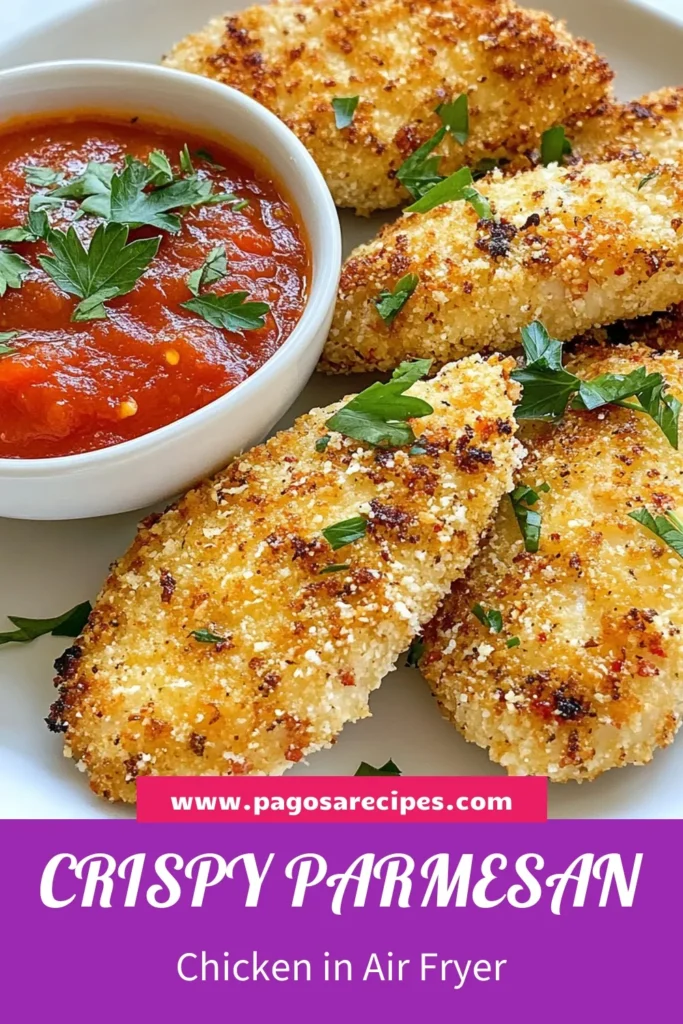 Savor the deliciousness of Crispy Air Fryer Parmesan Chicken! This easy Parmesan Chicken Recipe features juicy Air Fryer Chicken Breasts coated in a flavorful Panko Breadcrumb Coating, making for a healthy chicken dinner that's ready in no time. With simple ingredients and a crispy finish, it’s perfect for any night! Try it tonight and elevate your dinner game! Save this recipe now! #CrispyAirFryerChicken #HealthyChickenDinner #AirFryerRecipes #ParmesanChickenRecipe