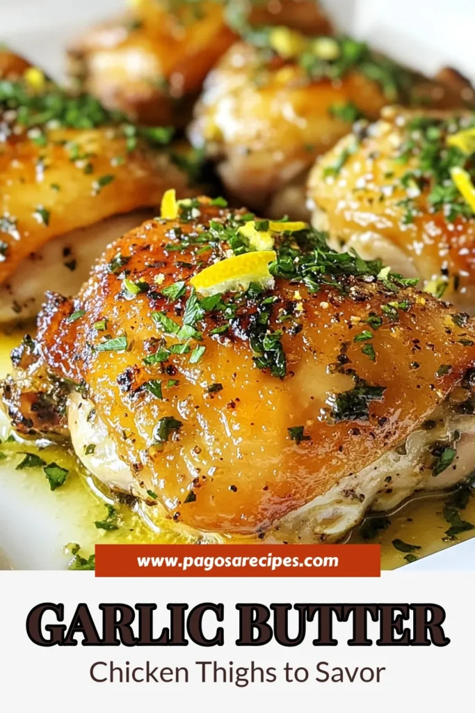 Indulge in these Garlic Butter Chicken Thighs for an easy chicken dinner packed with flavor! This zesty chicken thighs recipe features tender, juicy chicken cooked to perfection in a skillet, with savory garlic and a hint of lemon. You'll love how quickly it comes together, making it perfect for busy nights. Try this delicious lemon garlic chicken thighs dish tonight and save for later! #ChickenThighs #EasyDinner #SkilletRecipes #GarlicButter