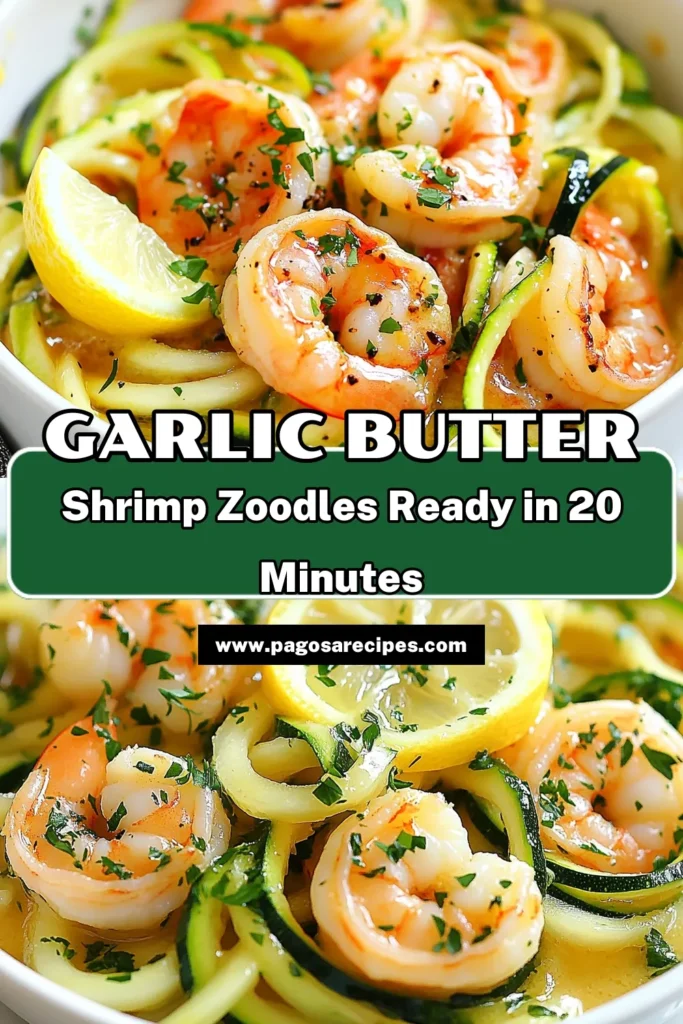 Enjoy a delicious and healthy dinner with this Garlic Butter Shrimp Zoodles recipe! Quick and easy, this low carb shrimp recipe features succulent shrimp tossed in a rich garlic butter sauce with fresh zucchini noodles. Perfect for a speedy weeknight meal, this shrimp zoodles dinner will impress your taste buds! Try this quick garlic shrimp dish tonight and savor the flavors. Save this recipe for later! #GarlicButterShrimp #ZucchiniNoodles #LowCarbRecipes #ShrimpDinner