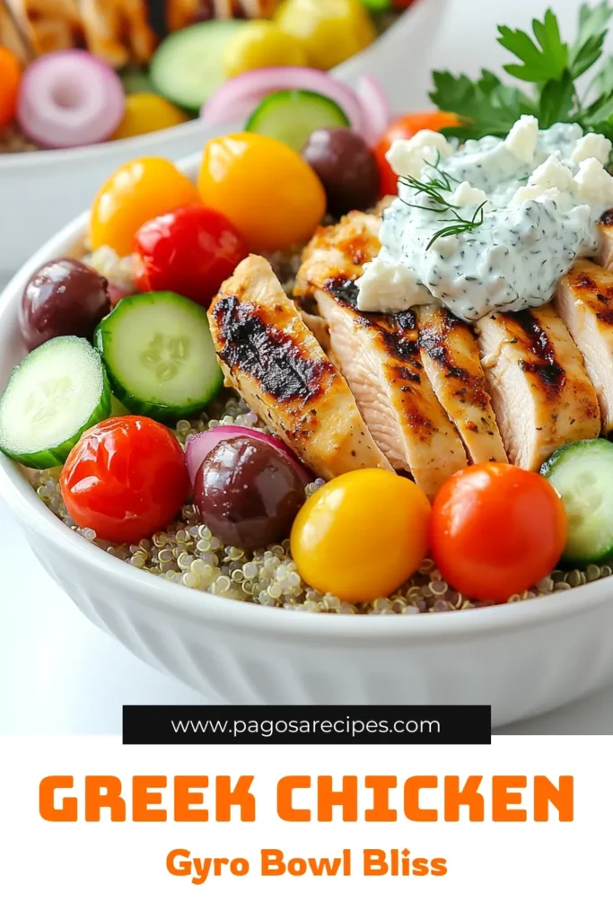 Elevate your mealtime with these delicious Greek Chicken Gyro Bowls! Packed with flavor from marinated chicken, fresh veggies, and creamy tzatziki, this recipe is easy to prepare and perfect for lunch or dinner. Discover how to make this healthy dish using simple ingredients like quinoa or rice, cherry tomatoes, and feta cheese. Click through for the full recipe and bring a taste of Greece to your kitchen! #GreekChickenGyroBowls #HealthyRecipes #MealPrep #MediterraneanDiet