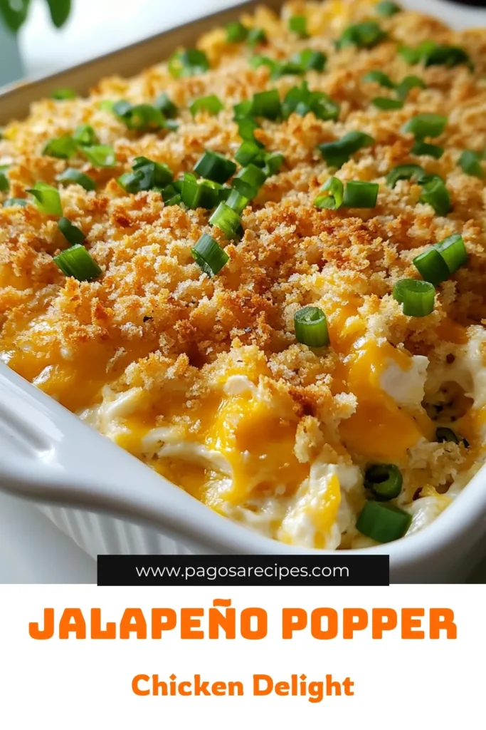 Looking for a delicious and easy dinner idea? Try this Jalapeño Popper Chicken Casserole! This creamy chicken casserole recipe combines tender chicken, rich cream cheese, and spicy jalapeños for a flavor-packed meal that's sure to impress. It's an easy jalapeño chicken casserole perfect for busy weeknights and can be made gluten-free. Bake this tasty dish and enjoy a scrumptious baked jalapeño popper casserole tonight! Save this recipe now! #JalapenoPopperChickenCasserole #EasyDinner #GlutenFreeRecipes #ComfortFood