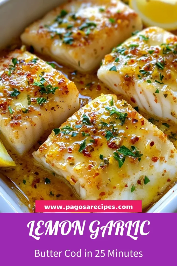 Discover the deliciousness of Lemon Garlic Butter Cod with this easy baked cod recipe! Perfect for those seeking healthy cod dishes, this recipe showcases tender cod fillets with lemon, garlic, and butter, making it a go-to for your dinner table. Ready in just 25 minutes, it's one of the best easy fish recipes you'll try. Click to save this delightful dish and impress your family tonight! #LemonGarlicButterCod #HealthyCodDishes #EasyFishRecipes #BakedCodRecipe