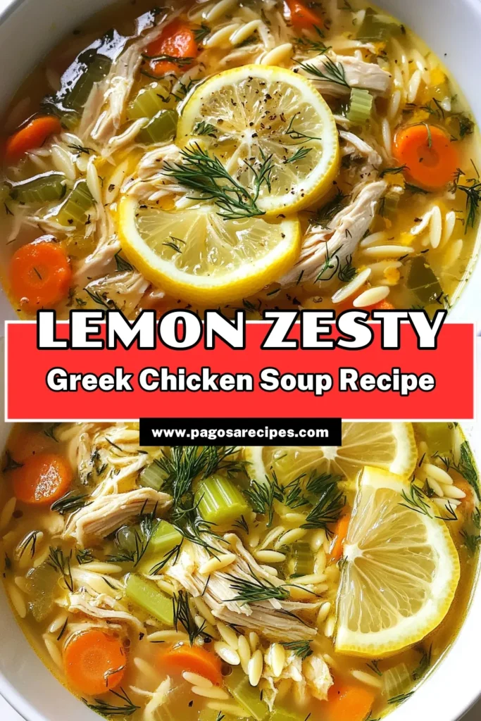 Discover the delightful flavors of Greek lemon chicken soup! This easy chicken soup recipe features tender chicken, orzo pasta, and a burst of fresh lemon, making it a perfect healthy Greek soup recipe for any occasion. Warm up with this Mediterranean chicken soup that's both nutritious and satisfying. Save this recipe for a comforting meal, and try it out today! #GreekLemonChickenSoup #LemonChickenOrzoSoup #HealthySoups #MediterraneanRecipes
