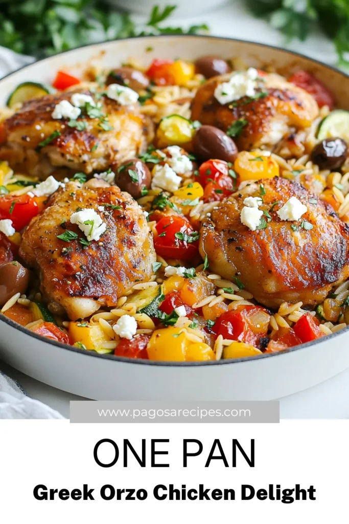 Discover the ultimate Greek orzo chicken recipe with this one-pan Mediterranean chicken dish! This quick chicken skillet dinner combines tender chicken thighs, orzo pasta with feta, and vibrant veggies for a satisfying meal. Perfect for busy evenings, this easy Greek chicken dish is packed with flavor and takes just 35 minutes to prepare. Save this recipe for a delightful dinner tonight! #GreekOrzoChicken #OnePanDinner #QuickChickenSkillet #MediterraneanRecipes