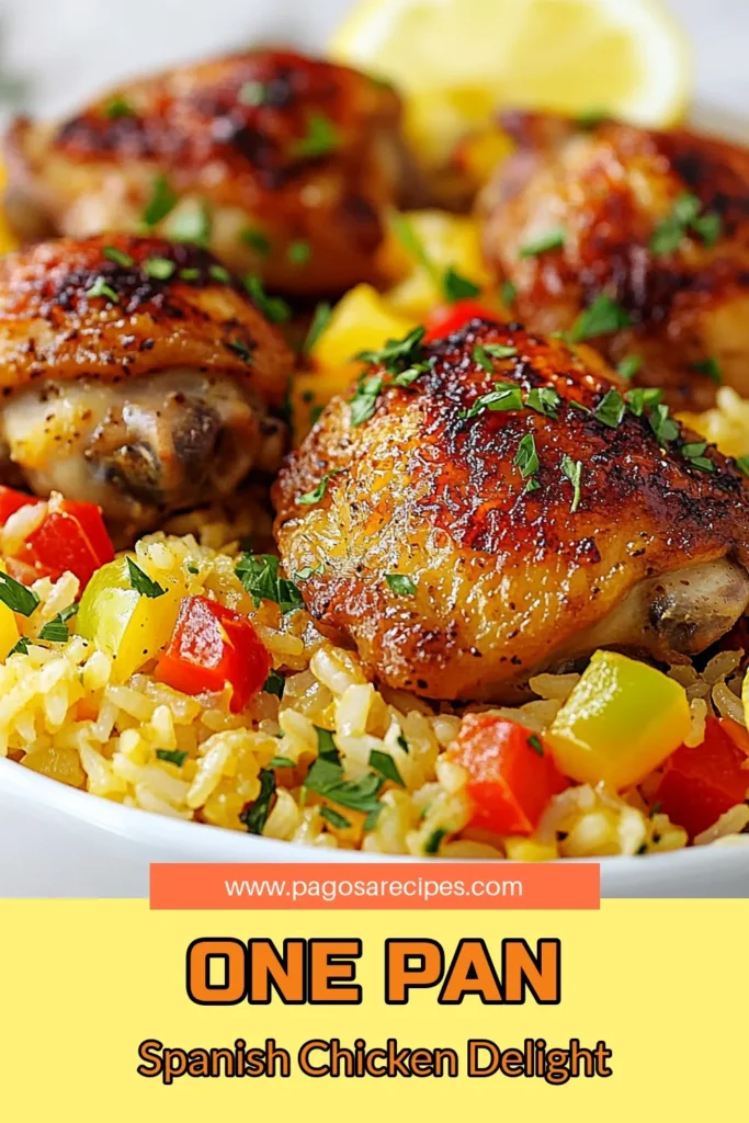 Looking for an easy and delicious dinner? Try this One Pan Spanish Chicken Rice recipe! Made with tender chicken thighs and flavorful rice, this one pan dinner is perfect for busy weeknights. With vibrant vegetables and aromatic spices, this Spanish Chicken and Rice Recipe is sure to impress your family. Save time on clean-up with this simple yet satisfying Easy One Pan Chicken Dinner. Try it tonight! #OnePanDinnerRecipes #SpanishChicken #ChickenThighsAndRice #EasyDinnerIdeas