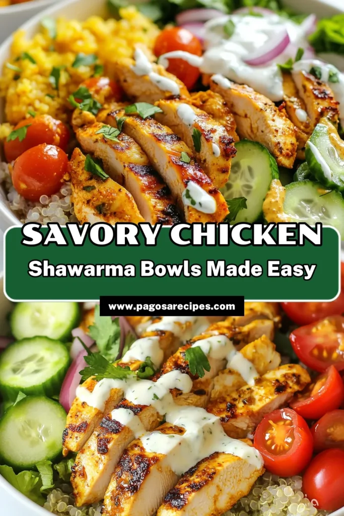 Discover the deliciousness of Chicken Shawarma Bowls, a perfect blend of flavors for a healthy chicken recipe. This Mediterranean chicken dish combines seasoned chicken with fluffy quinoa, fresh veggies, and a creamy yogurt-tahini sauce. Ideal for easy chicken dinner recipes, these quinoa chicken bowls are not only nutritious but also satisfying. Try this recipe today and elevate your meal prep! #ChickenShawarmaBowl #HealthyChickenRecipes #MediterraneanChickenDish #EasyChickenDinnerRecipes