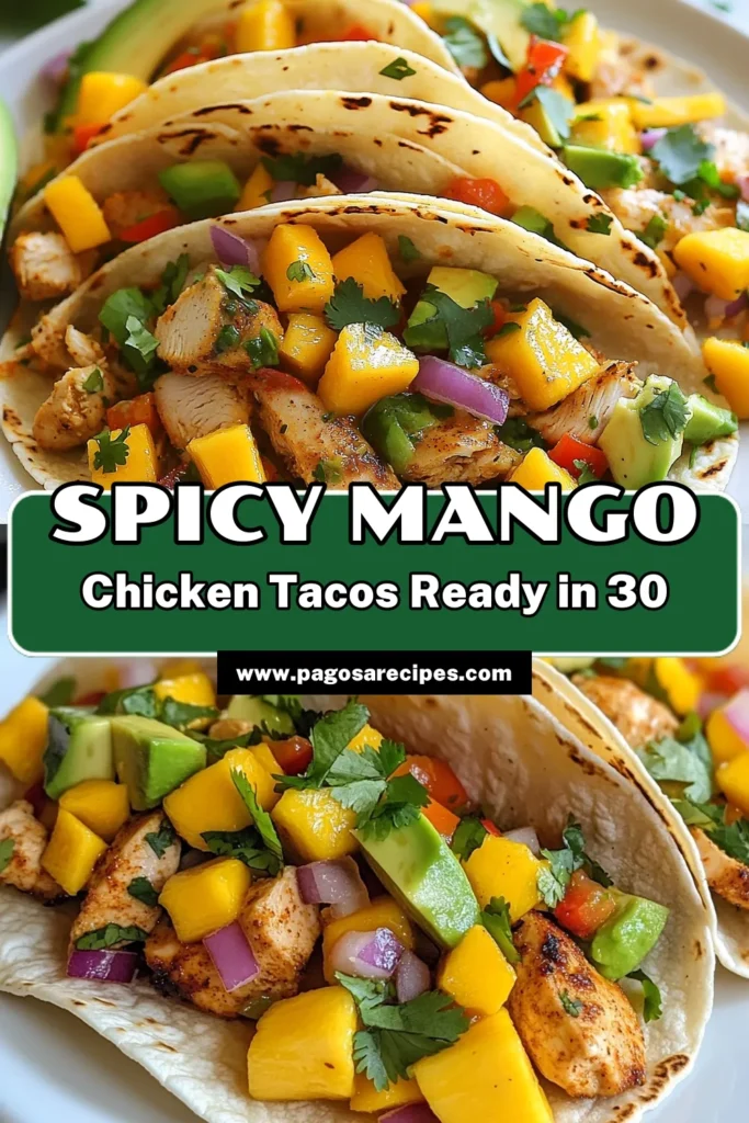 Get ready for a flavor explosion with these Spicy Mango Chicken Tacos! This easy chicken taco recipe combines juicy chicken, ripe mango, and fresh veggies for a healthy taco idea that’s perfect for any night. In just 30 minutes, you can whip up quick tacos with avocado that will impress everyone. Don’t miss out on this delicious mango chicken recipe—save it now and treat yourself tonight! #TacoTuesday #HealthyRecipes #ChickenTacos #MangoMadness