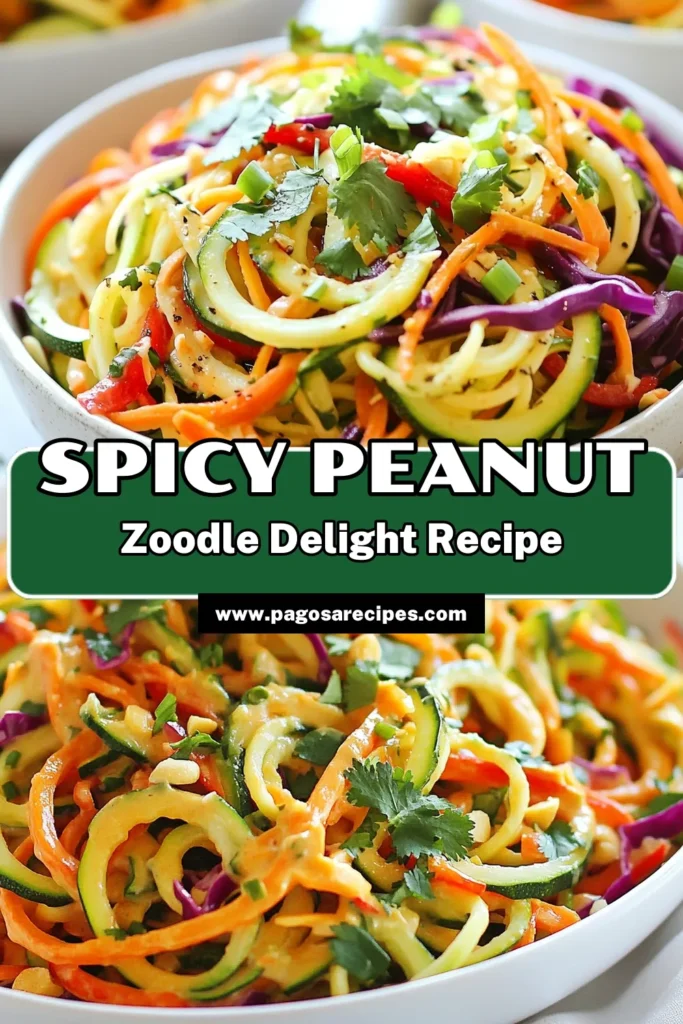 Discover the delightful flavors of this Spicy Peanut Zoodle Salad! This vibrant vegan salad with peanut dressing is not only delicious but also a healthy zoodle recipe that keeps it low-carb. Made with spiralized vegetables like zucchini, carrots, and bell peppers, this zoodles salad is a fun way to enjoy a nutritious meal. Perfect as a side or a light main dish! Click to get the full recipe and elevate your salad game. #ZoodleSalad #HealthyEating #VeganRecipes #LowCarbCooking