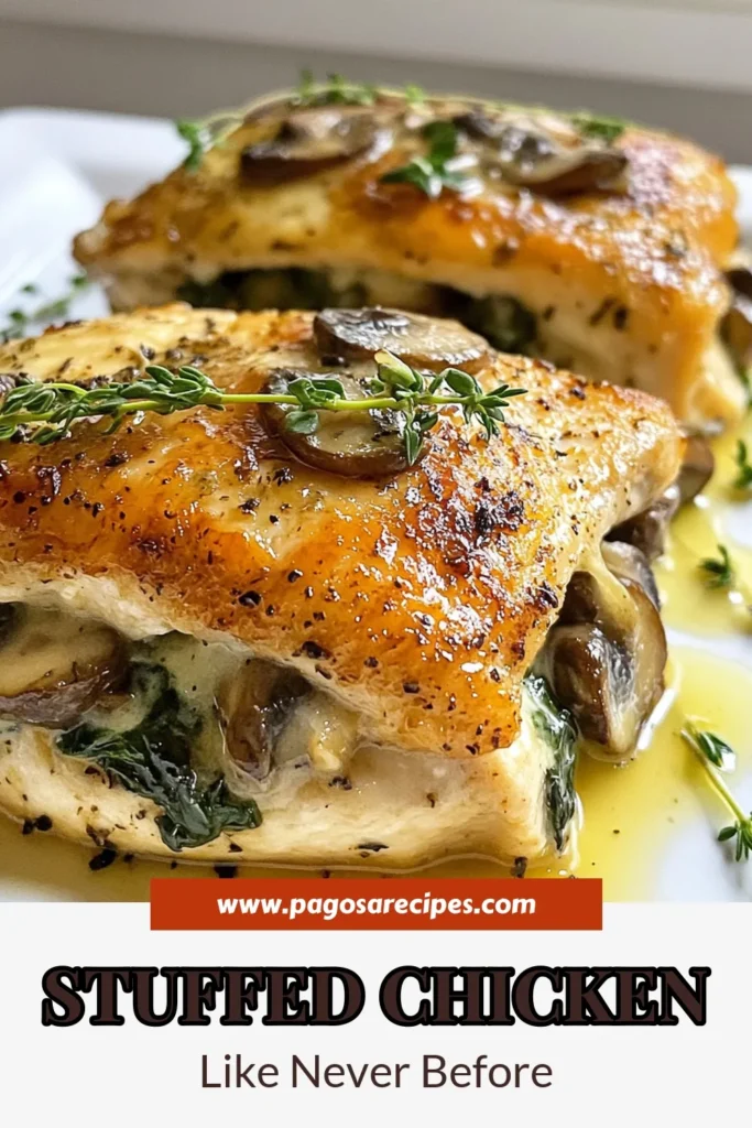 Discover the deliciousness of Mushroom Spinach Stuffed Chicken, a standout among stuffed chicken breast recipes! This creamy stuffed chicken combines fresh spinach and savory mushrooms, making for a healthy chicken dinner that's both satisfying and easy to make. Perfectly baked, it's a dish the whole family will love. Try this recipe tonight and make every meal special! Save it for later! #MushroomSpinachStuffedChicken #HealthyDinner #StuffedChickenBreast #BakedStuffedChicken