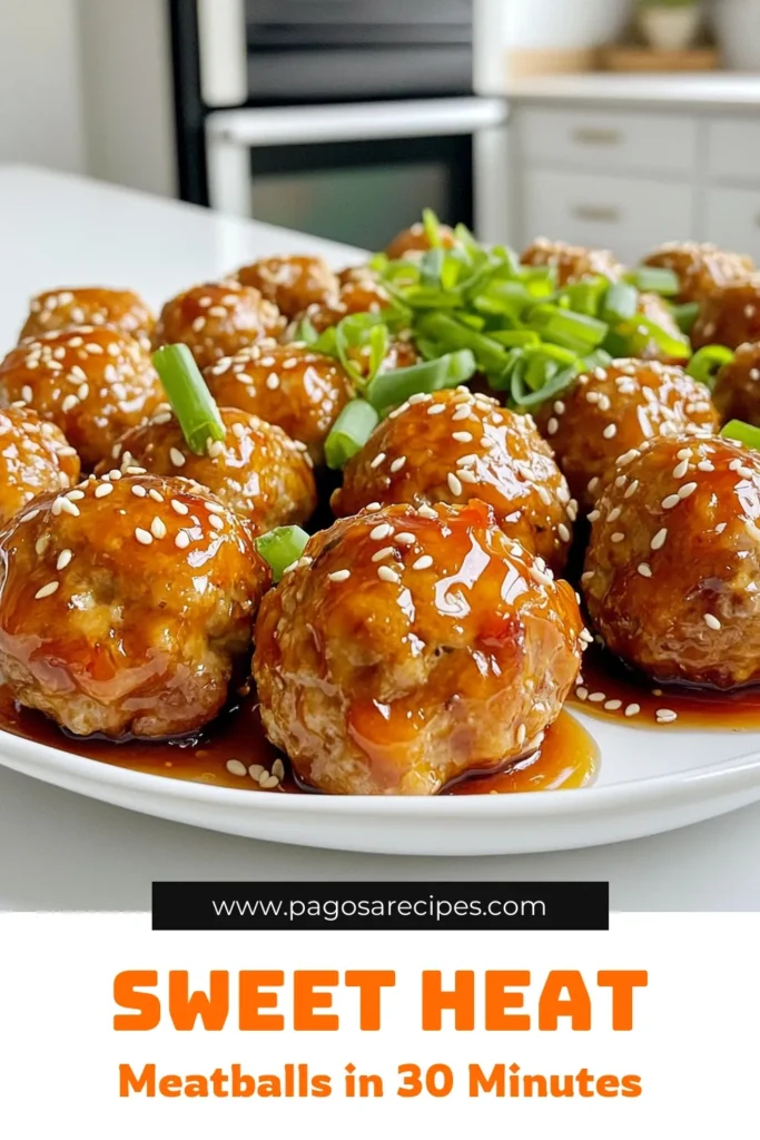 Get ready to spice up your dinner with these Sriracha Honey Glazed Meatballs! Made with ground chicken or turkey, these deliciously sticky meatballs are perfect for a flavorful meal or a tasty appetizer. The sweet and spicy glaze combines honey and Sriracha for the ultimate taste. Curious? Click through to explore the full recipe and impress your family and friends tonight! #SrirachaMeatballs #HoneyGlazed #EasyRecipes #SpicyFood