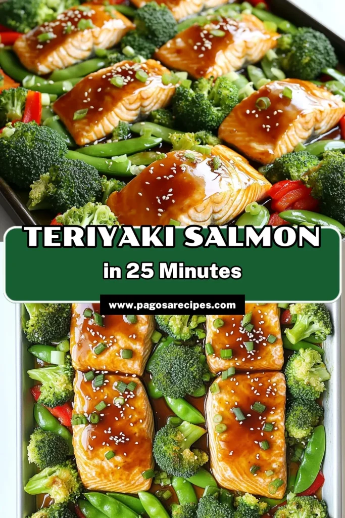Savor the deliciousness of this Teriyaki Salmon Sheet Pan recipe that combines juicy salmon fillets with fresh veggies for a quick and healthy meal! In just 25 minutes, you can whip up a vibrant dish featuring broccoli, red bell pepper, and snap peas, all perfectly glazed with teriyaki sauce. Get ready for an easy weeknight dinner that everyone will love. Click to explore the full recipe and get cooking today! #TeriyakiSalmon #SheetPanDinner #HealthyRecipes #SeafoodLovers