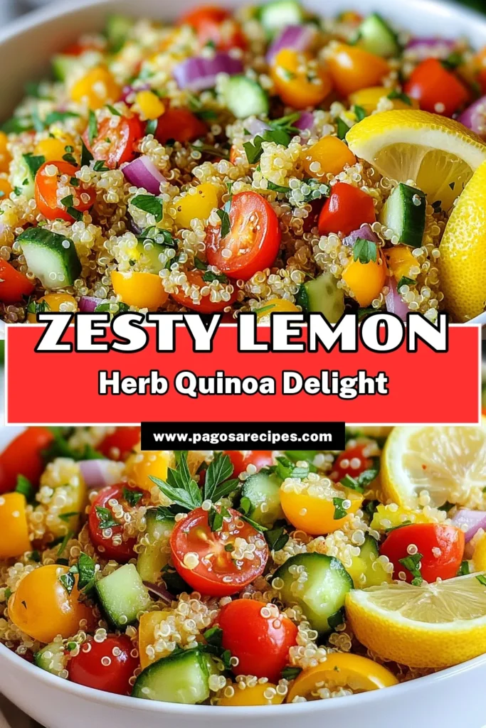 Discover the vibrant flavors of this Lemon Herb Quinoa Salad, a perfect addition to your lineup of healthy quinoa recipes! This vegan quinoa salad features nutritious ingredients like cherry tomatoes, cucumbers, and fresh herbs, making it a delicious herb salad with quinoa. Great for meal prep or as a light Mediterranean quinoa salad, this dish is refreshing and easy to make. Save this recipe and enjoy a burst of flavor today! #QuinoaSalad #HealthyRecipes #Vegan #MediterraneanDiet