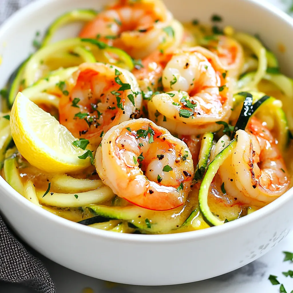 - 2 medium zucchinis, spiralized - 1 lb raw shrimp, peeled, and deveined - 4 cloves garlic, minced - 4 tablespoons unsalted butter - 2 tablespoons olive oil - Juice of 1 lemon - Salt and pepper to taste - 1 teaspoon red pepper flakes (optional) - Fresh parsley, chopped Every great meal starts with the right ingredients. For Garlic Butter Shrimp Zoodles, you need fresh, high-quality items. Zucchini makes a perfect base. It's light and full of water. I usually spiralize two medium zucchinis. This gives you a nice amount of zoodles. You can find a spiralizer at most kitchen stores. If you don't have one, a vegetable peeler can work, but it may take longer. Next, you need shrimp. One pound is enough for two servings. Make sure the shrimp is raw, peeled, and deveined. This saves time and keeps the dish clean. Garlic is key to flavor. Four cloves of minced garlic will add a nice kick. You’ll also need unsalted butter for richness and olive oil for cooking. Don't forget the seasonings! The juice of one lemon adds brightness. Salt and pepper enhance all the flavors. If you like heat, add red pepper flakes. For the final touch, chop some fresh parsley. It adds color and a fresh taste. This simple list makes a dish that feels fancy yet is so easy to whip up! {{ingredient_image_1}} - Start by spiralizing the zucchinis. Use a spiralizer to create long, thin noodles. This makes zoodles fun and easy to eat. - If you want, sprinkle the zoodles with salt. Let them sit for a few minutes. This step helps to draw out moisture. It makes the zoodles less watery. - Next, heat a large skillet over medium heat. Pour in 2 tablespoons of olive oil. - Once the oil is hot, add 4 cloves of minced garlic. Sauté the garlic for about 1 minute. Watch it closely so it doesn’t burn. - Add 1 pound of raw shrimp to the skillet. Season with salt, pepper, and optional red pepper flakes. Cook the shrimp for about 2-3 minutes per side. They are ready when they turn pink and opaque. Remove the shrimp from the skillet and set them aside. - In the same skillet, lower the heat. Add 4 tablespoons of unsalted butter and let it melt. - After the butter melts, stir in the juice of 1 lemon. This adds a bright flavor. - Toss the zoodles into the skillet. Mix gently in the garlic butter sauce for about 2-3 minutes. Cook until they are just tender. - Return the cooked shrimp to the skillet. Mix everything together for an extra 1-2 minutes to warm it through. - Taste and adjust seasoning with salt and pepper if needed. To keep zoodles from getting soggy, sprinkle them with salt. Let them sit for a few minutes, then pat them dry. This step helps pull out extra moisture. You can also try baking or sautéing zoodles briefly before adding them to the dish. If you want to skip spiralizing, you can slice zucchini into thin strips. This method creates a different texture but works just as well. You can also use a vegetable peeler to make wider noodles. Feel free to adjust the seasoning to suit your taste. Add more lemon juice for a brighter kick. If you like heat, increase the red pepper flakes. Fresh herbs like basil or thyme can also add depth. For a twist, add cherry tomatoes or bell peppers. These extra ingredients can boost color and flavor. You can even toss in some spinach for added nutrients. Cook the shrimp for about 2-3 minutes per side. They should turn pink and opaque. This ensures they stay tender and juicy. If you overcook shrimp, they can get tough. Keep the heat at medium to avoid burning the garlic. Garlic can turn bitter if cooked too fast. Always watch your skillet closely while cooking. Pro Tips Use Fresh Shrimp: Always opt for fresh, high-quality shrimp for the best flavor. If using frozen shrimp, make sure to thaw them properly before cooking. Don't Overcook the Zoodles: Zoodles cook quickly, so keep an eye on them to avoid mushiness. Aim for a slight crunch for the best texture. Adjust Spice Levels: Feel free to modify the amount of red pepper flakes based on your spice tolerance. You can also add more lemon juice for extra brightness. Garnish Generously: Fresh parsley adds a pop of color and freshness. Don’t skimp on the garnish to enhance both presentation and flavor. {{image_2}} You can swap shrimp for chicken or tofu. Chicken breast works well. Just cut it into small pieces. Cook it until golden brown. For tofu, use firm or extra-firm. Cut it into cubes and sauté until crispy. This gives you a great texture and flavor. You can also try other seafood options. Scallops or lobster can be fun twists. They cook quickly and add a fancy touch. Just adjust cooking times to avoid overcooking. Zoodles are great, but you can mix it up! Try spiralized carrots or sweet potatoes for a different taste. They add color and sweetness. You can also use a mix of vegetables for a hearty dish. Bell peppers, spinach, or broccoli enhance the meal and pack in nutrients. Adding more veggies can boost flavor and fiber. Toss in some cherry tomatoes or peas. They add a pop of color and taste. Want to change the flavor profile? Try Asian or Mediterranean twists. For Asian flair, add soy sauce or sesame oil. A sprinkle of sesame seeds brings extra crunch. For a Mediterranean touch, use oregano or thyme. Feta cheese can add creaminess. Fresh basil or dill also enhances the dish. Use different herbs and spices to make it your own! To keep Garlic Butter Shrimp Zoodles fresh, cool them down quickly. After cooking, let the dish sit for 30 minutes. Then, place it in an airtight container. This helps keep moisture out. I recommend using glass or BPA-free plastic containers. These keep flavors intact. Yes, you can freeze Garlic Butter Shrimp Zoodles. However, the zoodles may become softer when thawed. To freeze, let the dish cool. Then, put it in a freezer-safe bag or container. Remove as much air as possible. To thaw, place it in the fridge overnight. For reheating, use a skillet over low heat, stirring gently until warmed through. Store Garlic Butter Shrimp Zoodles in the fridge for up to three days. Always check for signs of spoilage. Look for a sour smell or a change in color. If it smells off or looks slimy, it’s best to throw it away. Following these tips helps ensure your meal stays fresh and tasty. Zoodles are zucchini noodles. To make them, you use a spiralizer. Zoodles are a great low-carb swap for pasta. They are light, fresh, and full of flavor. Zoodles help add veggies to your meals. They are also low in calories and high in vitamins. You can enjoy them raw or cooked. Cooking zoodles is quick and keeps them tender. They soak up sauces well, making them a tasty base for many dishes. Yes, Garlic Butter Shrimp Zoodles is low in carbs. Zucchini has very few carbs, making it a smart choice. Shrimp is also low in carbohydrates and high in protein. This meal fits well into low-carb diets. It’s flavorful and filling without the carbs from pasta. You get a balance of protein, healthy fats, and veggies. This dish will keep you satisfied while staying low in carbs. You can easily make Garlic Butter Shrimp Zoodles ahead of time. Cook the shrimp and zoodles separately. Store them in airtight containers in the fridge. This way, they stay fresh and tasty. When you are ready to eat, just heat them together. Warm them in a skillet until hot. Add a little butter or oil if needed. This method keeps the zoodles from getting mushy. You can enjoy a quick meal any time! Garlic Butter Shrimp Zoodles combine fresh ingredients and bold flavors. We explored key components like zucchini, shrimp, and garlic, plus handy tips for perfect zoodles. I shared storage tips and fun variations to keep your meals exciting. You can adjust this recipe to fit your taste. Whether you want a quick dinner or a tasty meal prep, these zoodles are great. Enjoy experimenting with different veggies and proteins. This dish is sure to impress while staying healthy and satisfying. Happy cooking!
