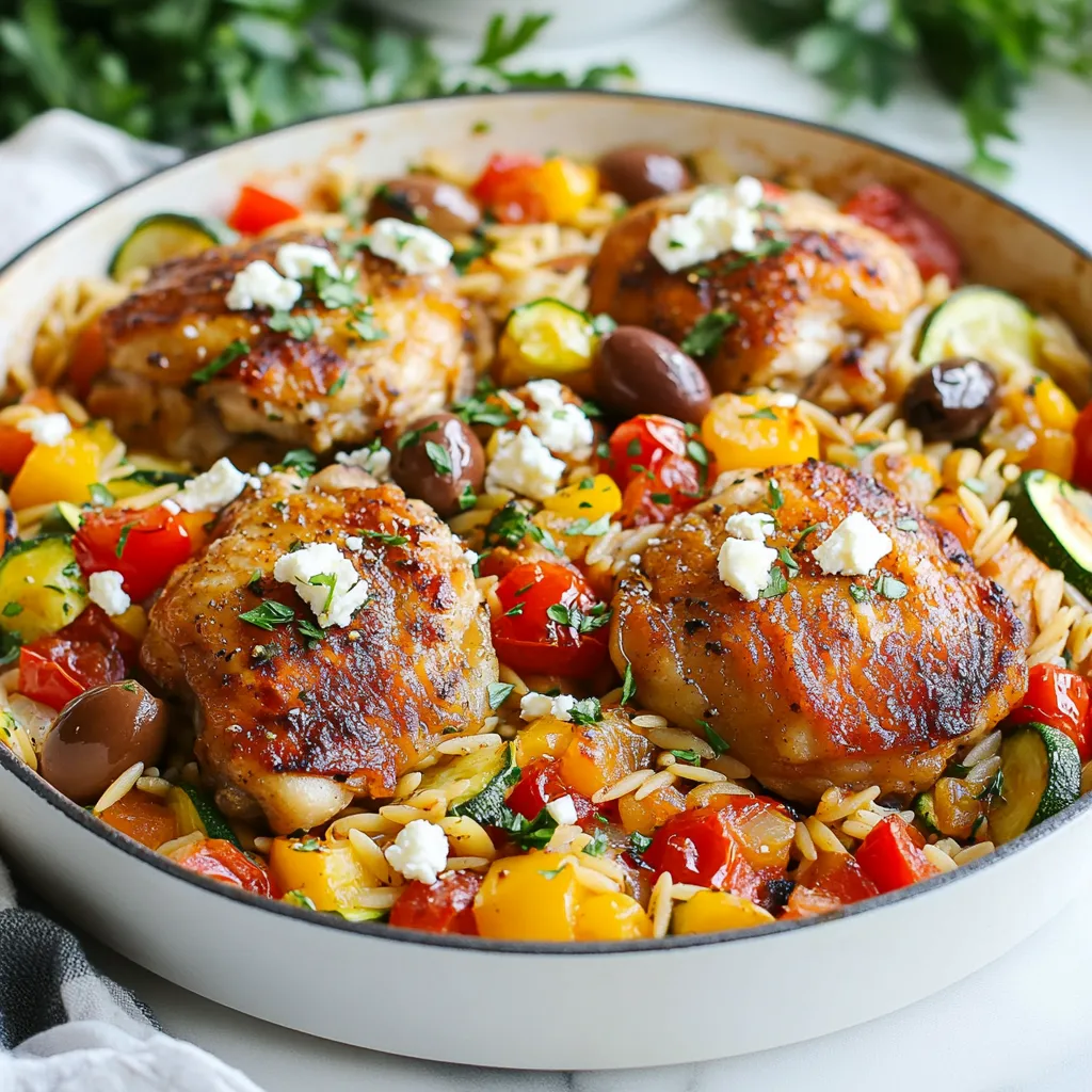 - 1 pound boneless, skinless chicken thighs, cut into bite-sized pieces - 1 cup orzo pasta - 2 tablespoons olive oil - 1 onion, diced - 2 cloves garlic, minced - 1 red bell pepper, diced - 1 zucchini, diced - 1 can (14 ounces) diced tomatoes, with juices - 1 cup chicken broth - 1 teaspoon dried oregano - 1 teaspoon dried thyme - 1 teaspoon smoked paprika - Salt and pepper to taste The main ingredients in this dish create a wonderful flavor base. The chicken thighs bring a juicy, tender texture. Orzo pasta adds a nice bite and absorbs the dish's flavors. Fresh vegetables like onion, garlic, red bell pepper, and zucchini add color and nutrition. Diced tomatoes and chicken broth help form a rich, savory sauce. The herbs and spices enhance the taste, making each bite delightful. - 1/2 cup feta cheese, crumbled - 1/4 cup Kalamata olives, pitted and halved - Fresh parsley, chopped (for garnish) Optional ingredients can elevate the dish even more. Feta cheese adds a creamy, salty kick. Kalamata olives bring a briny flavor that pairs well with the chicken. Fresh parsley not only looks pretty but also adds a burst of freshness. - Large skillet - Cutting board and knife - Measuring cups and spoons Using the right tools makes cooking easier. A large skillet allows for cooking all the ingredients together. A cutting board and knife help with chopping the vegetables and chicken. Measuring cups and spoons ensure you get the right amounts of each ingredient, making your meal a success. {{ingredient_image_1}} To start, heat 2 tablespoons of olive oil in a large skillet over medium heat. Once hot, add 1 diced onion and 2 minced garlic cloves. Cook them for about 2-3 minutes. You want the onion to turn soft and clear. Now, take 1 pound of boneless, skinless chicken thighs. Cut them into small pieces. Season them with salt, pepper, and 1 teaspoon of smoked paprika. Add the chicken to the skillet. Cook until it turns brown, which takes about 5-7 minutes. Stir occasionally for even cooking. Next, add 1 diced red bell pepper and 1 diced zucchini to the skillet. Cook these for 3-4 minutes until they soften a bit. Then, stir in a can of diced tomatoes (14 ounces) with their juices and 1 cup of chicken broth. Add 1 teaspoon of dried oregano and 1 teaspoon of dried thyme. Bring this mixture to a simmer. Now, it’s time for the orzo. Stir in 1 cup of orzo pasta. Make sure it mixes well with the other ingredients. Cover the skillet and let it simmer on low heat for about 12-15 minutes. Check occasionally to stir and prevent sticking. The orzo should be tender and absorb most of the liquid. Once the orzo is done, remove the skillet from heat. Gently fold in 1/2 cup of crumbled feta cheese and 1/4 cup of pitted and halved Kalamata olives. This adds flavor and richness. For a final touch, chop fresh parsley and sprinkle it on top. Enjoy your meal! To prevent orzo from sticking, stir it often while cooking. This keeps it loose and fluffy. When cooking the chicken, use high heat to get a nice brown crust. This adds flavor and keeps the chicken juicy inside. A squeeze of lemon brightens the dish. Just add it right before serving. You can also add more herbs like basil or dill for extra freshness. Fresh herbs make your meal pop with flavor. Serve the Greek Orzo Chicken Skillet right in the skillet. This gives a homey feel. You can also plate individual portions for a nicer look. Garnish with extra feta and parsley for color. Add lemon wedges on the side for a zesty kick. Pro Tips Use Fresh Herbs: Fresh parsley adds a vibrant flavor and color, enhancing the overall dish. Consider adding fresh oregano or dill for an authentic Greek touch. Perfect Orzo Cooking: Stir the orzo occasionally while it simmers to prevent it from sticking to the bottom of the skillet. This ensures even cooking and prevents clumping. Customize Your Veggies: Feel free to add or substitute other vegetables like spinach or artichokes. This dish is versatile and can accommodate whatever you have on hand. Feta Cheese Variations: For a different flavor profile, try using goat cheese or a tangy blue cheese instead of feta. This can give a unique twist to the dish. {{image_2}} You can change the protein in this dish. If you want to use chicken breasts instead of thighs, just cut them into bite-sized pieces. Cook them the same way, but check for doneness since breasts can dry out faster. Another great option is shrimp. Just add shrimp in the last few minutes of cooking. They cook quick and add a nice touch to the dish. Make sure they turn pink and are opaque before serving. For a veggie twist, replace the chicken with chickpeas. Use one can, drained and rinsed. They add protein and a nice texture. You can also add extra veggies for more color and flavor. Think about using spinach, mushrooms, or even artichokes. Just toss them in with the other veggies and cook until tender. Want some heat? You can make a spicy version by adding red pepper flakes. Start with a pinch and add more if you like it hot. Changing herbs is another way to mix things up. Try fresh basil or dill for a different taste. You can also add a splash of lemon juice for brightness. To store Greek Orzo Chicken Skillet, let it cool first. Place the dish in an airtight container. This method keeps the flavors fresh. You can store it in the fridge for up to 3 days. Make sure to label your container with the date. This way, you know when to use it. Freezing is a great option if you want to save leftovers. Use a freezer-safe container or a heavy-duty freezer bag. Remove as much air as possible to prevent freezer burn. You can freeze it for up to 3 months. When you’re ready to eat, thaw it in the fridge overnight. To reheat, warm it on the stove with a splash of chicken broth. This keeps it moist and delicious. Making your Greek Orzo Chicken Skillet in advance saves time. You can cook the chicken and veggies ahead of time. Store them separately from the orzo. When you’re ready to eat, just heat them up, add orzo, and enjoy. This method lets you mix things up during the week. You can also pack it in lunch boxes for work or school. Just remember to keep garnishes like feta and parsley separate until serving. Yes, you can use whole wheat orzo. Whole wheat orzo has more fiber and nutrients. It also has a nuttier flavor. Cooking time may be slightly longer. Check the package for exact times. Usually, it takes about 1-2 minutes more than regular orzo. To make this dish ahead, cook it fully and let it cool. Store in an airtight container. Keep it in the fridge for up to three days. When ready to eat, reheat it on low heat. Add a splash of broth to keep it moist. Yes, you can adjust the spice level. For a mild dish, skip the smoked paprika. For more heat, add red pepper flakes or cayenne pepper. Start with a small amount. Taste and add more if needed. You can always add more, but you can't take it out! This blog post covered a tasty dish made with chicken thighs and orzo pasta. We explored key ingredients, step-by-step cooking instructions, and useful tips. I shared ways to customize the dish, so you can make it your own. Remember, cooking is all about experimenting and enjoying the process. Don’t be afraid to try new flavors and ingredients. With these insights, you can confidently make a delicious meal that suits your taste. Enjoy cooking and sharing your creation with others. Happy eating!