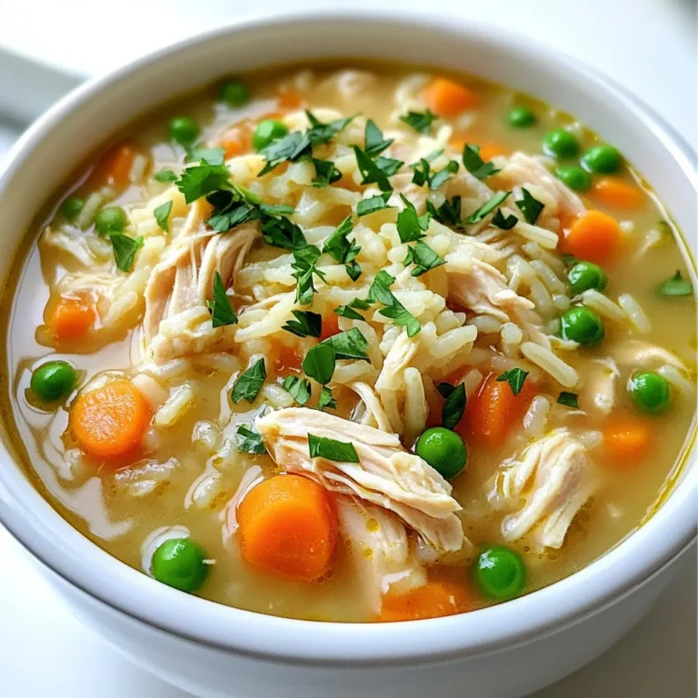 The secret to making this slow cooker chicken and rice soup lies in its simple, fresh ingredients. Here’s what you need: - 1 pound boneless, skinless chicken thighs - 1 cup jasmine or basmati rice - 4 cups low-sodium chicken broth - 2 cups water - 1 medium onion, diced - 2 carrots, chopped - 2 celery stalks, chopped - 3 cloves garlic, minced - 1 teaspoon dried thyme - 1 teaspoon dried oregano - 1 bay leaf - Salt and pepper to taste - 1 cup frozen peas - 2 tablespoons fresh parsley, chopped (for garnish) These ingredients work together to create a warm, nourishing dish. The chicken thighs keep the soup tender and flavorful. Jasmine or basmati rice adds a nice texture. Fresh vegetables like onion, carrots, and celery provide crunch and color. The herbs, garlic, and seasonings fill the soup with rich flavor. Using low-sodium chicken broth keeps it healthy, while the frozen peas add a pop of green. Finally, parsley gives a fresh finish. With these ingredients, you will craft a bowl of comfort that everyone will love. - Layering the chicken and seasoning: Start by placing 1 pound of boneless, skinless chicken thighs at the bottom of your slow cooker. Don’t forget to season them with salt and pepper. This gives the chicken great flavor as it cooks. - Combining the rice and broth mixture: In a large mixing bowl, mix together 1 cup of jasmine or basmati rice, 4 cups of low-sodium chicken broth, and 2 cups of water. Add in 1 diced onion, 2 chopped carrots, 2 chopped celery stalks, and 3 minced garlic cloves. Also, toss in 1 teaspoon of dried thyme, 1 teaspoon of dried oregano, and 1 bay leaf. Stir well until everything is combined. - Cooking times for low and high settings: Pour the rice mixture over the chicken in the slow cooker. Make sure the chicken is submerged. Cover the cooker and set it on low for 6 to 8 hours or high for 3 to 4 hours. The chicken should be tender and fully cooked when done. - Shredding chicken and reintroducing it to the soup: About 30 minutes before serving, take the chicken thighs out of the soup. Use two forks to shred the chicken into bite-sized pieces. Return the shredded chicken back into the slow cooker. This adds texture and flavor to your soup. - Adding peas and seasoning adjustments: Stir in 1 cup of frozen peas and let the soup cook for another 30 minutes. During this time, taste the soup and adjust the salt and pepper as needed. - Garnishing before serving: Before serving the soup, remove the bay leaf. Serve it hot and garnish with 2 tablespoons of fresh parsley. This adds a nice touch of color and extra flavor to your comforting dish. What to do if soup is too thick If your soup turns out thick, don’t worry! Just add more broth or water. Stir well to mix. You can add a little at a time until it reaches your desired texture. Adjusting seasoning for taste Taste the soup before serving. If it needs more flavor, add salt or pepper. You can also sprinkle in some garlic powder or onion powder for extra taste. Always taste again after adding. Adding other spices or herbs Want to spice things up? Try adding a pinch of cayenne pepper or smoked paprika. Fresh herbs like thyme or basil can also boost flavor. Just toss them in during the last 30 minutes of cooking for the best results. Recommended side dishes to serve This soup pairs well with crusty bread or a fresh salad. A simple green salad with lemon dressing adds a nice crunch. You can also serve it with buttery crackers for a cozy touch. How to manage prep and cooking time effectively Prep time is just 15 minutes! Start by chopping your veggies and seasoning the chicken. Then, simply layer everything in the slow cooker. Set your timer and go about your day. Slow cooker alternatives and adjustments If you don’t have a slow cooker, you can use a pot on the stove. Cook on low heat for about 2 hours, stirring occasionally. Just keep an eye on it to avoid burning. You can also use a pressure cooker for a faster option. Cook on high for about 15 minutes. {{image_2}} You can easily swap ingredients to fit your taste. If you don’t have chicken, try turkey or tofu. Both give a great flavor. For rice, consider quinoa or barley. These grains change the texture and add nutrients. Want gluten-free soup? Use gluten-free broth instead of regular. Make sure your rice is also gluten-free. For a low-carb version, replace rice with cauliflower rice. This keeps the soup light and healthy. Spices can really boost the taste of your soup. Add cayenne or chili flakes for heat. You can also stir in other veggies, like spinach or bell peppers. These changes add color and nutrition to your dish. To store your slow cooker chicken and rice soup, let it cool first. Then, place it in an airtight container. This keeps the soup fresh. You can store it in the fridge for up to three days. Always check for any off smells or changes in color before eating. If it looks or smells funny, toss it out. To freeze the soup, use freezer-safe containers. Leave some space at the top for expansion. You can freeze it for up to three months. When you’re ready to eat it, thaw it in the fridge overnight. This helps keep the flavor. Reheat it on the stove or in the microwave. Stir well to ensure even heating. In the fridge, the soup lasts about three days. In the freezer, it stays good for three months. After that, the quality may drop. Always label your containers with the date. This helps you track how long it's been stored. Enjoy your comforting soup without worry! Yes, you can use frozen chicken thighs in this soup. Just add them directly to the slow cooker without thawing. The cooking time may increase by about 30 minutes. Make sure the chicken is fully cooked before serving. I recommend checking that it reaches an internal temperature of 165°F for safety. Yes, you can make this recipe in an Instant Pot. Use the sauté function to cook the veggies first. Then add the chicken, rice, broth, and water. Seal the lid and cook on high pressure for about 15 minutes. Allow a natural release for 10 minutes before opening. Shred the chicken and add the peas as you do in the slow cooker. To reheat leftovers, use a pot on the stove over low heat. Add a splash of water or broth to keep it moist. Stir often to avoid burning. You can also use a microwave. Place the soup in a microwave-safe bowl and cover it. Heat in short bursts, stirring in between. - How to maintain texture and flavor during reheating: Adding a bit of fresh herbs or a squeeze of lemon can brighten the flavors. This helps keep the soup tasting fresh. - Recommended reheating methods: Using a stovetop is best for even heating. The microwave works too but be careful not to overheat it. In this post, we explored a comforting chicken and rice soup from start to finish. We covered ingredients, step-by-step cooking instructions, and tips for flavor and storage. Remember, you can easily swap ingredients for your taste or dietary needs. Cooking does not have to be hard. It can be fun and rewarding. Enjoy making this soup on a chilly day. It’s sure to warm your heart and home. Keep experimenting, and you’ll find your best version of this dish.