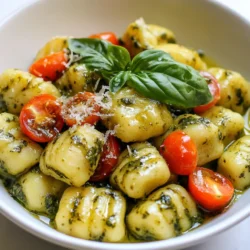 - 16 oz potato gnocchi - 1 cup fresh basil pesto - 1 cup heavy cream - 1 cup cherry tomatoes, halved - 1 cup fresh spinach - 1/2 cup grated Parmesan cheese - 2 tablespoons olive oil - 2 cloves garlic, minced - Salt and pepper to taste - Fresh basil leaves for garnish Gathering ingredients is the first step. Start with 16 ounces of potato gnocchi. I find fresh gnocchi works best. Next, you need 1 cup of fresh basil pesto. You can buy this or make your own. For creaminess, grab 1 cup of heavy cream. Also, add 1 cup of halved cherry tomatoes. These add color and sweetness. You’ll need 1 cup of fresh spinach for a nice touch of green. Don’t forget 1/2 cup of grated Parmesan cheese. This will make everything rich and tasty. You will also want 2 tablespoons of olive oil for sautéing. For flavor, use 2 cloves of minced garlic. Finally, have salt and pepper ready to taste. Fresh basil leaves will make a lovely garnish. With these ingredients, you can create a delightful dish that is both simple and mouthwatering. Enjoy the process! {{ingredient_image_1}} To cook the gnocchi, you start with a large pot. Fill it with water, then add salt. Bring the water to a boil. Once boiling, gently add the potato gnocchi. Watch closely as they cook. They usually take about 2-3 minutes. You will know they are ready when they float to the top. Use a slotted spoon to remove them. Drain the gnocchi and set them aside for later. Next, let’s make the creamy sauce. Take a large skillet and heat up olive oil over medium heat. Add the minced garlic to the skillet. Sauté the garlic for about 1-2 minutes. It should smell great but not brown. Now, pour in the heavy cream. Bring it to a gentle simmer. Stir in the fresh basil pesto. Mix well and let it cook for about 2-3 minutes. This will let the flavors blend nicely. Now it’s time to mix everything together. Add the halved cherry tomatoes and fresh spinach into the skillet. Cook these for about 3-4 minutes. You want the spinach to wilt and the tomatoes to soften. After that, add the cooked gnocchi to the skillet. Toss them gently in the creamy sauce. Make sure every piece of gnocchi is coated. Finally, stir in the grated Parmesan cheese. Add salt and pepper to taste, and enjoy your creamy pesto gnocchi! To make great gnocchi, avoid common mistakes. First, do not overcook the gnocchi. They usually take just 2-3 minutes to cook. Watch for them to float. When they float, they are ready. Next, make sure your water is salty. This adds flavor to the gnocchi. Use about one tablespoon of salt for every quart of water. For the best texture, gently toss the gnocchi in the sauce. This helps keep them from breaking apart. Avoid stirring too hard, as this can ruin their shape. To enhance the flavor, add fresh herbs. Basil is perfect, but you can try thyme or oregano too. These herbs add depth to your dish. If you want more spice, add red pepper flakes. This gives a nice kick without overpowering the meal. To adjust creaminess, consider adding more heavy cream. If it’s too thick, a splash of pasta water can help. This keeps it smooth and light. Feel free to experiment! Each tweak can lead to a new favorite dish. Pro Tips Use Fresh Ingredients: Fresh basil and ripe cherry tomatoes will enhance the flavor of your creamy pesto gnocchi significantly. Adjust Creaminess: If you prefer a lighter dish, you can substitute half of the heavy cream with vegetable broth for a creamy yet lighter sauce. Perfectly Cooked Gnocchi: Make sure to cook the gnocchi just until they float to the top; overcooking can make them mushy. Store Leftovers Properly: If you have leftovers, store the gnocchi and sauce separately to prevent the gnocchi from absorbing too much sauce and becoming soggy. {{image_2}} You can easily adjust this creamy pesto gnocchi to fit your needs. - Dairy-free alternatives for cream: Use coconut cream or cashew cream for a dairy-free option. Both create a nice texture. - Gluten-free gnocchi options: Look for gnocchi made from rice or corn. They work well and taste great. Adding more veggies can boost flavor and nutrition. - Suggestions for seasonal vegetables: Try zucchini, bell peppers, or asparagus. These add color and taste. Use what’s fresh and in season. - Protein options to include: Add grilled chicken, shrimp, or chickpeas for protein. They make the dish heartier and more filling. Feel free to mix and match these variations. Customizing this dish lets you explore new flavors! To keep your creamy pesto gnocchi fresh, you must store it right. Place the leftovers in an airtight container. You can refrigerate them for up to three days. Make sure to let the gnocchi cool before sealing the container. If you want to store gnocchi for longer, freezing is a great option. Lay the gnocchi in a single layer on a baking sheet. Freeze them for about an hour. Once frozen, transfer them to a freezer-safe bag. This method prevents them from sticking together. To reheat your creamy pesto gnocchi, you have a few choices. You can use a skillet or microwave. If using a skillet, add a splash of cream or broth. Heat over medium-low until warm. Stir gently to avoid breaking the gnocchi. If you prefer the microwave, place the gnocchi in a microwave-safe dish. Add a small amount of cream to help keep the sauce creamy. Heat in short bursts, stirring in between, until hot. This keeps the texture smooth and tasty. To cook gnocchi, start with a large pot filled with salted water. Bring the water to a rolling boil. Add the potato gnocchi and cook for about 2-3 minutes. You know they are done when they float to the top. Floating means they are light and fluffy. After they float, drain them and set aside. This timing helps keep the gnocchi soft and tender. Yes, you can use store-bought pesto. It saves time and is very convenient. Many brands offer great flavors. However, some store-bought options may lack freshness compared to homemade. You may find the taste not as vibrant. If you choose store-bought, look for a brand with good ingredients. It should have fresh basil, olive oil, and nuts. This will ensure better flavor in your dish. Creamy pesto gnocchi can last in the fridge for about 3 days. Make sure to store it in an airtight container. This helps keep it fresh and safe. When you reheat it, check for any signs of spoilage, like off smells or changes in color. If it looks or smells strange, it’s best to throw it away. Always prioritize safety when it comes to food. This blog post guided you through making creamy pesto gnocchi. We covered the key ingredients and step-by-step cooking methods. You learned tips to achieve the best texture and flavor. I also shared variations for diet needs and fun ways to use leftovers. In closing, enjoy creating this dish your way. It's simple and satisfying. Happy cooking!