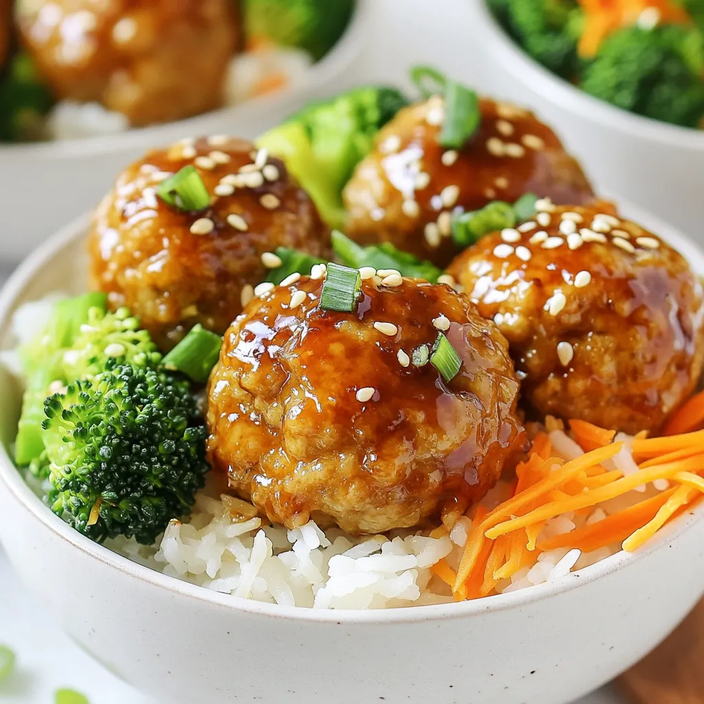 For Teriyaki Meatball Rice Bowls, you will need: - 1 pound ground chicken or turkey - 1/4 cup breadcrumbs - 1/4 cup green onions, chopped - 1 clove garlic, minced - 1 tablespoon ginger, grated - 1 egg, beaten - Salt and pepper to taste - 1/4 cup teriyaki sauce (plus extra for drizzling) - 2 cups cooked jasmine rice - 1 cup steamed broccoli florets - 1/2 cup shredded carrots - Sesame seeds for garnish You can use other ground meats if you wish. Ground beef or pork works well in this recipe. For a leaner option, try ground chicken or turkey. If you want a plant-based choice, use ground tofu or lentils. These can mimic the texture and flavor of meatballs. If you don’t have teriyaki sauce, there are easy swaps. You can mix soy sauce with honey or maple syrup for a quick fix. A blend of soy sauce, rice vinegar, and a pinch of sugar also tastes great. For a spicy twist, add some chili paste or sriracha. {{ingredient_image_1}} To start, grab a large mixing bowl. Add 1 pound of ground chicken or turkey. Then, toss in 1/4 cup of breadcrumbs. Next, add 1/4 cup of chopped green onions. Mince 1 clove of garlic and add it in. Grate 1 tablespoon of ginger and mix that in too. Now, beat 1 egg and pour it into the bowl. Season with salt and pepper to taste. Finally, add 1/4 cup of teriyaki sauce. Mix everything until it is well combined. Preheat your oven to 400°F (200°C). While the oven warms up, form the meat mixture into small meatballs, about 1 inch wide. Place them on a baking sheet lined with parchment paper. Bake the meatballs for 20 minutes. They should look golden brown and be cooked through. While the meatballs bake, cook 2 cups of jasmine rice according to the package instructions. In a separate pot, steam 1 cup of broccoli florets and 1/2 cup of shredded carrots until they are tender. Once the meatballs are done, toss them in extra teriyaki sauce to glaze them. Now you can build your rice bowls! Start with a scoop of rice, add meatballs, steamed veggies, and finish with a drizzle of teriyaki sauce. Sprinkle sesame seeds on top for a nice touch. To make great meatballs, start with quality ground chicken or turkey. The mix of meat and other ingredients is key. Use breadcrumbs to keep them moist. Add chopped green onions for a fresh bite. Minced garlic and grated ginger bring a nice zing. Don’t forget to season with salt and pepper! The egg helps bind everything together. Mix well, but don’t overwork it. Shape the meatballs into small balls, about one inch wide. This size cooks evenly and fits well in the bowl. A beautiful bowl makes the meal more fun! Use colorful bowls to make the dish pop. Start with a generous scoop of jasmine rice in each bowl. Place the meatballs on top, then add steamed broccoli and shredded carrots. Drizzle extra teriyaki sauce for shine and flavor. For a final touch, sprinkle sesame seeds and extra green onions on top. This adds color and crunch! Avoid overcooking the meatballs. They should be golden brown but not dry. Check them at 20 minutes. If they need more time, watch closely. Another mistake is not seasoning enough. Taste the meat mixture before cooking. Lastly, don't skip the teriyaki sauce drizzle at the end. It enhances the flavor and makes the dish shine. Pro Tips Use fresh ingredients: Fresh garlic and ginger will enhance the flavor of your meatballs significantly. Don’t overcrowd the baking sheet: Space the meatballs out to ensure they cook evenly and develop a nice crust. Experiment with vegetables: Feel free to substitute or add other vegetables like bell peppers or snap peas for added color and nutrients. Adjust sauce to taste: If you like it sweeter, add more teriyaki sauce; if you prefer it saltier, a dash of soy sauce works well. {{image_2}} You can easily make this dish vegetarian or vegan. For the meatballs, use lentils or chickpeas as the base. Mash them up and mix with breadcrumbs, garlic, ginger, and other seasonings. You can also replace the egg with a flaxseed meal or a chia seed mixture. This keeps the texture and helps bind the meatballs. For the teriyaki sauce, check for brands that are vegan-friendly or make your own with soy sauce, maple syrup, and ginger. While I love ground chicken or turkey, you can use other proteins too. Ground beef adds a rich flavor. For a lighter choice, try ground pork. If you want a seafood twist, use minced shrimp or crab. Each protein brings its own taste, so feel free to experiment. Just remember to adjust cooking times based on the protein you choose. Teriyaki sauce is sweet and savory, but you can add your own twist. For a spicy kick, mix in some sriracha or red pepper flakes. If you want a sweeter sauce, add more honey or brown sugar. You can even toss in some pineapple juice for a fruity note. Try adding sesame oil for a nutty flavor, or a splash of rice vinegar for tang. Each change makes the sauce unique and delicious! You can store leftover rice bowls in an airtight container. Make sure to cool the bowls before sealing them. They will stay fresh in the fridge for up to three days. This helps keep the rice and meatballs tasty. To reheat your rice bowls, use the microwave or a skillet. If using a microwave, place the bowl in for one to two minutes. Stir halfway to heat evenly. If using a skillet, heat on low until warmed through. Add a splash of water for moisture. You can freeze meatballs and rice separately. For meatballs, let them cool first, then place them in a freezer bag. They last for up to three months. For rice, store it in a freezer-safe container. Make sure to label everything with the date. Yes, you can use different types of rice. While jasmine rice is light and fragrant, you might try brown rice for a nutty taste. Sushi rice is another option, as it is sticky and holds together well. Quinoa is also a great choice, adding protein and a unique texture. Each rice type will change the flavor and feel of your dish. Making teriyaki sauce is easy and quick. You will need soy sauce, honey, rice vinegar, and ginger. Here’s a simple recipe: - 1/2 cup soy sauce - 1/4 cup honey - 1 tablespoon rice vinegar - 1 teaspoon grated ginger Combine these ingredients in a small pot. Cook over low heat for about 5 minutes. Stir until the honey fully dissolves. This sauce adds a rich flavor to your meatballs. You can add many vegetables to your rice bowl. Steamed broccoli is a great choice, as it gives a nice crunch. Carrots add sweetness and color. Bell peppers, snap peas, or bok choy can also work well. You might even try sautéed mushrooms or zucchini for variety. Feel free to mix and match to suit your taste! This blog shows you how to make tasty rice bowls with meatballs. We covered the best ingredients and easy substitutes, plus step-by-step cooking tips. You learned how to prepare, bake, and store your rice bowls. Don’t forget the variations to keep meals exciting. My final thought is to experiment and find what you love. Enjoy every bite of your delicious creation!