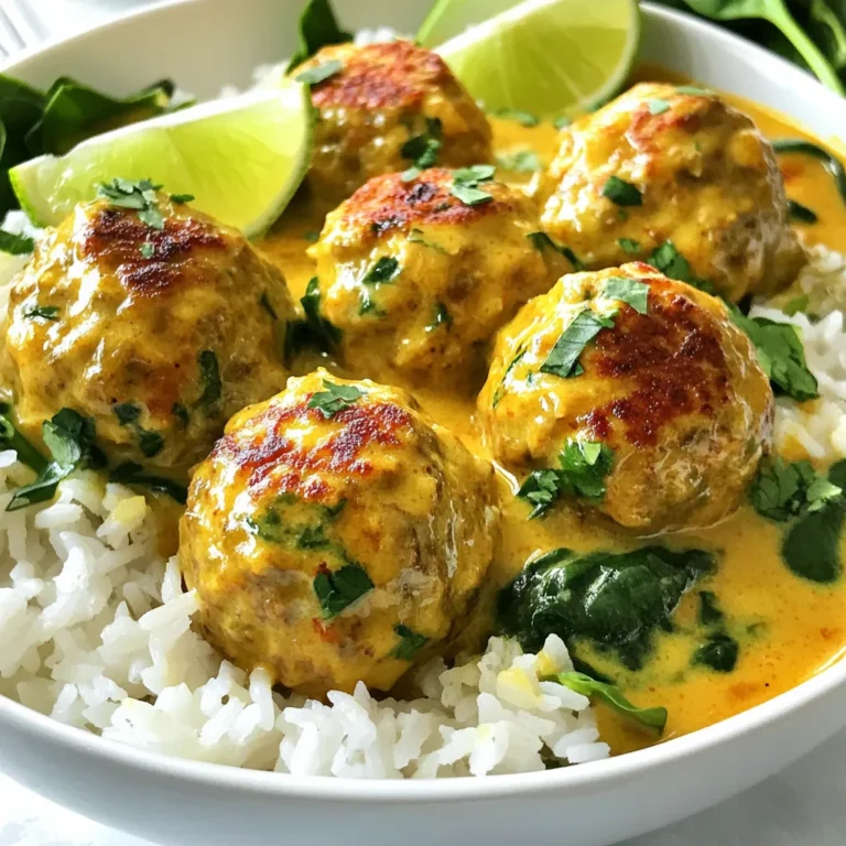 To make coconut curry meatballs, you need the following ingredients: - 1 pound ground chicken or turkey - 1/2 cup panko breadcrumbs - 1 large egg - 2 garlic cloves, minced - 1 tablespoon fresh ginger, grated - 1 tablespoon fresh cilantro, chopped - 1 teaspoon ground cumin - 1 teaspoon turmeric powder - 1/2 teaspoon red chili powder (adjust for spice) - Salt and pepper to taste - 1 can (13.5 oz) coconut milk - 1 tablespoon red curry paste - 1 tablespoon vegetable oil - 1 cup fresh spinach - Cooked jasmine rice (for serving) - Lime wedges (for garnish) Each ingredient plays a role in making these meatballs tasty and rich. The ground chicken or turkey gives the meatballs their base. The panko breadcrumbs keep them light. The egg acts as a binder. Garlic and ginger add depth and warmth to the mix. Fresh cilantro brings brightness, while spices like cumin and turmeric add warmth and color. Coconut milk gives the sauce its creamy texture. The red curry paste is key for flavor. Vegetable oil is essential for cooking. Fresh spinach adds a nice touch and color. Finally, jasmine rice serves as a perfect base, and lime wedges add a zing that enhances every bite. Gather these ingredients before you start cooking. It makes the process smoother and more enjoyable. From here, you can create a dish that is not only delicious but also easy to prepare. Enjoy the flavors of coconut curry meatballs! {{ingredient_image_1}} To start, you need to combine the ingredients properly. Take a large bowl and add these items: - 1 pound ground chicken (or turkey) - 1/2 cup panko breadcrumbs - 1 large egg - 2 minced garlic cloves - 1 tablespoon grated ginger - 1 tablespoon chopped fresh cilantro - 1 teaspoon ground cumin - 1 teaspoon turmeric powder - 1/2 teaspoon red chili powder (adjust for spice) - Salt and pepper to taste Mix all these well. This mix forms the heart of your meatballs. Seasoning is important. It boosts flavor and makes each bite tasty. Next, preheat your oven to 400°F (200°C). This step ensures even cooking. While the oven heats, form the mixture into small meatballs, about 1 inch wide. Place them on a baking sheet lined with parchment paper. Bake them for about 20 minutes. They should be golden brown and cooked through. While the meatballs bake, it’s time to make the sauce. Heat 1 tablespoon of vegetable oil in a large skillet over medium heat. Add 1 tablespoon of red curry paste and sauté for 1-2 minutes. This step brings out the flavors of the paste. Then, slowly stir in 1 can of coconut milk. Make sure the curry paste dissolves fully. Bring it to a gentle simmer. Once your meatballs are baked, carefully add them to the skillet with the coconut curry sauce. Let them simmer for 5-10 minutes. This helps the meatballs soak up all those great flavors. Just before serving, stir in 1 cup of fresh spinach. Cook for 1-2 minutes until it wilts. Serve your coconut curry meatballs over jasmine rice. Add lime wedges for a zesty touch. Enjoy! To make great meatballs, focus on texture. Use panko breadcrumbs for a light, fluffy feel. Mix the meat mixture gently. This keeps the meatballs tender. If you like spice, adjust the red chili powder. Start with a small amount. You can always add more later. Herbs and spices can improve your curry. Fresh cilantro adds a nice aroma. Consider using fresh lime zest for brightness. For cooking, sauté the red curry paste first. This step brings out its rich flavor. Stir in coconut milk slowly to mix well. Let the curry simmer gently. This helps the flavors blend beautifully. Garnishing makes your dish pop. Use lime wedges to add a fresh touch. Sprinkle extra cilantro on top for color. Serve the meatballs over a bed of jasmine rice. This makes a lovely plate. You can also add a few spinach leaves for a vibrant look. Pro Tips Use Fresh Ingredients: Fresh herbs and spices will enhance the flavor of your meatballs and curry sauce significantly. Adjust the Spice Level: Feel free to modify the amount of red chili powder based on your tolerance for heat; start small and add more as needed. Try Different Proteins: Ground beef or pork can be used in place of chicken or turkey for a richer flavor profile. Serve with Toppings: Consider adding toppings like chopped peanuts or additional cilantro for added texture and flavor. {{image_2}} You can switch the ground chicken for other meats. Ground turkey works well too. If you prefer beef, try using ground beef. Pork is also an option for a richer flavor. For a plant-based choice, use lentils or chickpeas. These options let you customize the meatballs based on your taste. To make this dish gluten-free, use gluten-free breadcrumbs. You can find these at most grocery stores. For a vegan or vegetarian version, replace meat with mashed chickpeas or tofu. Use ground flaxseed mixed with water as an egg substitute. This keeps the meatballs together and adds fiber. Different curry pastes can change the taste a lot. For a milder flavor, use yellow curry paste. For more heat, try green curry paste. You can also add more spices like coriander or cinnamon for depth. Adding veggies boosts nutrition. Try bell peppers, carrots, or peas. You can mix these in with the meatball mixture or add them to the sauce. This makes the dish colorful and healthy. After you enjoy your coconut curry meatballs, store the leftovers in an airtight container. This keeps them fresh in the fridge. They will last for about three to four days. Make sure to let the meatballs cool before sealing the container. This helps prevent moisture buildup. To freeze coconut curry meatballs, first, let them cool completely. Then, place them in a single layer on a baking sheet. Freeze for about two hours until firm. After that, transfer them into a freezer-safe bag. Remove as much air as possible before sealing. They can stay fresh for up to three months. When you are ready to enjoy your frozen meatballs, there are a few good ways to reheat them. You can use the microwave, but the oven keeps them crispy. For the oven, preheat to 350°F (175°C). Place meatballs on a baking sheet and heat for about 15-20 minutes. You can also reheat them in the skillet with a little coconut milk for added flavor. This helps keep their texture and taste great! You can serve coconut curry meatballs with several tasty sides. Here are some great options: - Cooked jasmine rice - Quinoa or couscous - Naan bread or pita - A fresh green salad - Steamed vegetables - Chilled coconut water These sides complement the flavors of the meatballs and make a complete meal. Yes, you can switch meats in this recipe. Ground turkey or beef works well. You can even try ground pork or lamb for a different flavor. Just keep in mind that cooking times may change slightly based on the meat you choose. Coconut curry meatballs can last for up to four days in the fridge. Store them in an airtight container. Make sure to cool them down before you put them in the fridge. If you see any signs of spoilage, toss them out for safety. Coconut curry can be mild or spicy, depending on your taste. The red chili powder in this recipe adds heat. You can adjust the spice level by adding more or less chili powder. If you like it mild, start with just a pinch and taste along the way. You now have all the tools to create a delicious coconut curry meatballs dish. We covered the key ingredients and the simple steps to prepare the meal. Remember to balance your flavors and adjust your spice levels based on your taste. Experiment with different proteins and dietary needs, and don't forget about presentation for that extra touch. Using these tips, you can enjoy a hearty, flavorful meal any time. Start cooking today and share your tasty results!