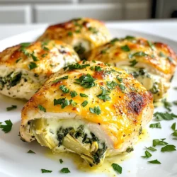 To make Spinach Artichoke Stuffed Chicken, gather these items: - 4 boneless, skinless chicken breasts - 1 cup fresh spinach, chopped - 1 cup canned artichoke hearts, drained and chopped - 1/2 cup cream cheese, softened - 1/2 cup shredded mozzarella cheese - 1/4 cup grated Parmesan cheese - 2 cloves garlic, minced - 1 teaspoon olive oil - Salt and pepper to taste - 1 teaspoon Italian seasoning - Fresh parsley, chopped (for garnish) You can swap some ingredients if needed: - Use frozen spinach instead of fresh. Just thaw and drain it well. - Greek yogurt can replace cream cheese for a lighter option. - Any cheese can work; try cheddar or gouda in place of mozzarella. - If you don’t have artichokes, try chopped mushrooms for a different flavor. Fresh ingredients make a big difference. Here’s how to pick the best: - For spinach, choose bright green leaves with no wilting. - Artichoke hearts should be firm and not mushy. Check the can for quality. - When buying garlic, look for heads that are firm and dry. - Fresh parsley should be vibrant and not yellowed. Using fresh ingredients can help create a dish that tastes great and looks beautiful. Enjoy your cooking! {{ingredient_image_1}} First, set your oven to 375°F (190°C). This step warms up the oven. It helps cook the chicken evenly. Preheating is vital for great results. Next, grab a medium bowl. In this bowl, mix the chopped spinach, artichoke hearts, cream cheese, mozzarella, and Parmesan. Add two cloves of minced garlic, a teaspoon of olive oil, and some salt and pepper. Finish with a teaspoon of Italian seasoning. Stir until everything combines well. This filling tastes creamy and rich. Take your chicken breasts and lay them on a cutting board. Use a sharp knife to cut a pocket in each breast. Be careful not to cut all the way through. Now, fill each pocket with the spinach and artichoke mix. Make sure to stuff it well. If needed, use toothpicks to close the openings. This keeps the filling inside while cooking. Now, place a large, oven-safe skillet on the stove over medium heat. Add a splash of olive oil. Once the oil is hot, sear the stuffed chicken breasts for about 3 to 4 minutes on each side. Look for a golden brown color. This step adds flavor and texture. After searing, transfer the skillet to your preheated oven. Bake the chicken for 20-25 minutes. The chicken should reach an internal temperature of 165°F (75°C) to ensure it's safe to eat. Let the chicken rest for 5 minutes before serving. This makes it juicy and delicious. To stuff chicken breasts well, start with a sharp knife. Carefully cut a pocket into each breast. Make sure not to cut all the way through. This keeps the filling inside. Use about one cup of the spinach and artichoke mix for each breast. Fill generously but don’t overdo it. You want to close the pocket easily. If needed, secure the opening with toothpicks. This keeps all that tasty filling from leaking out. For this dish, you need a few key tools. A sharp knife helps when cutting the chicken. A medium bowl is perfect for mixing your filling. You also need a large, oven-safe skillet for searing. This skillet should handle high heat. Finally, get a meat thermometer. It helps you check the chicken’s doneness. Aim for 165°F or 75°C for safe eating. Avoid overstuffing the chicken. If you add too much filling, it won’t cook right. Make sure to season the outside of the chicken well. This adds great flavor to each bite. Another mistake is not letting the chicken rest after cooking. Let it sit for about five minutes. This helps the juices settle, making each slice juicy. Lastly, don’t skip using a meat thermometer. It ensures your chicken is safe and perfectly cooked. Pro Tips Use Fresh Ingredients: Opt for fresh spinach and quality artichoke hearts for a more vibrant flavor and texture in your stuffed chicken. Don’t Overstuff: While it's tempting to pack in the filling, overstuffing can cause the chicken to burst while cooking. Aim for a generous yet manageable amount. Let It Rest: Allowing the chicken to rest for a few minutes after baking helps redistribute the juices, making for a juicier bite. Experiment with Cheese: Feel free to mix in different cheeses like feta or gouda to customize the flavor profile of your stuffed chicken. {{image_2}} You can make this dish your own with fun flavor twists. Add sun-dried tomatoes for a sweet touch. You might try adding some red pepper flakes for heat. If you love herbs, toss in some fresh basil or oregano. Want a smoky flavor? Use smoked paprika. You can also swap artichokes for roasted red peppers. Each choice brings a new taste to the chicken. Cheese plays a big role in taste and texture. While mozzarella is classic, try goat cheese for a tangy kick. Cream cheese gives a nice creamy feel, but ricotta can work too. If you want a sharper taste, use aged cheddar. For a rich flavor, add Gruyère cheese. Mix different cheeses to find your favorite blend. Your stuffed chicken will shine with these cheese swaps. Pair your stuffed chicken with fresh sides for a balanced meal. A simple garden salad is light and refreshing. Roasted vegetables, like zucchini or bell peppers, add color and flavor. Garlic mashed potatoes make a cozy side that many love. Try quinoa or rice for a hearty option. You might also serve it with crusty bread to soak up any juices. These sides make your dinner complete and satisfying. After enjoying your spinach artichoke stuffed chicken, let it cool first. Place the chicken in an airtight container. This keeps it fresh. Store it in the fridge for up to three days. Make sure to keep any extra filling in a separate container. To reheat, use the oven for the best taste. Preheat the oven to 350°F (175°C). Place the chicken on a baking dish. Cover it with foil to keep it moist. Heat for about 15-20 minutes. You can also use a microwave. Just heat it for 1-2 minutes until warm. If you have extra stuffed chicken, freezing works well. Wrap each piece tightly in plastic wrap. Then place it in a freezer bag. Remove as much air as possible. The chicken can stay in the freezer for up to three months. To use, thaw it in the fridge overnight before reheating. Yes, you can use frozen spinach. Just make sure to thaw it first. Squeeze out any extra water. This step keeps your filling from being too watery. Frozen spinach is a great time-saver. It works well in this recipe. Check the chicken's internal temperature. It should reach 165°F (75°C). Use a meat thermometer for accuracy. If you don’t have one, cut into a piece. The chicken should be white and juices should run clear. Avoid undercooked chicken, as it can cause illness. This dish pairs well with many sides. Consider serving it with: - Rice pilaf - Roasted vegetables - Garlic bread - A fresh green salad These sides balance the rich flavors of the stuffed chicken. They add color to your plate, too! You now have all the tools to make the perfect Spinach Artichoke Stuffed Chicken. We covered the key ingredients, cooking steps, and tips to avoid mistakes. Remember to pick fresh items for the best taste. Explore variations to make this dish your own. Store leftovers wisely and reheat them safely. With practice, you will impress everyone at your table. Cooking can be fun and rewarding; enjoy every moment in the kitchen.