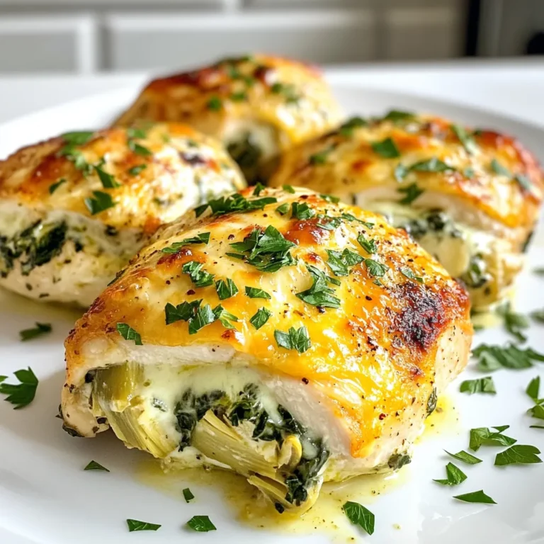 To make Spinach Artichoke Stuffed Chicken, gather these items: - 4 boneless, skinless chicken breasts - 1 cup fresh spinach, chopped - 1 cup canned artichoke hearts, drained and chopped - 1/2 cup cream cheese, softened - 1/2 cup shredded mozzarella cheese - 1/4 cup grated Parmesan cheese - 2 cloves garlic, minced - 1 teaspoon olive oil - Salt and pepper to taste - 1 teaspoon Italian seasoning - Fresh parsley, chopped (for garnish) You can swap some ingredients if needed: - Use frozen spinach instead of fresh. Just thaw and drain it well. - Greek yogurt can replace cream cheese for a lighter option. - Any cheese can work; try cheddar or gouda in place of mozzarella. - If you don’t have artichokes, try chopped mushrooms for a different flavor. Fresh ingredients make a big difference. Here’s how to pick the best: - For spinach, choose bright green leaves with no wilting. - Artichoke hearts should be firm and not mushy. Check the can for quality. - When buying garlic, look for heads that are firm and dry. - Fresh parsley should be vibrant and not yellowed. Using fresh ingredients can help create a dish that tastes great and looks beautiful. Enjoy your cooking! {{ingredient_image_1}} First, set your oven to 375°F (190°C). This step warms up the oven. It helps cook the chicken evenly. Preheating is vital for great results. Next, grab a medium bowl. In this bowl, mix the chopped spinach, artichoke hearts, cream cheese, mozzarella, and Parmesan. Add two cloves of minced garlic, a teaspoon of olive oil, and some salt and pepper. Finish with a teaspoon of Italian seasoning. Stir until everything combines well. This filling tastes creamy and rich. Take your chicken breasts and lay them on a cutting board. Use a sharp knife to cut a pocket in each breast. Be careful not to cut all the way through. Now, fill each pocket with the spinach and artichoke mix. Make sure to stuff it well. If needed, use toothpicks to close the openings. This keeps the filling inside while cooking. Now, place a large, oven-safe skillet on the stove over medium heat. Add a splash of olive oil. Once the oil is hot, sear the stuffed chicken breasts for about 3 to 4 minutes on each side. Look for a golden brown color. This step adds flavor and texture. After searing, transfer the skillet to your preheated oven. Bake the chicken for 20-25 minutes. The chicken should reach an internal temperature of 165°F (75°C) to ensure it's safe to eat. Let the chicken rest for 5 minutes before serving. This makes it juicy and delicious. To stuff chicken breasts well, start with a sharp knife. Carefully cut a pocket into each breast. Make sure not to cut all the way through. This keeps the filling inside. Use about one cup of the spinach and artichoke mix for each breast. Fill generously but don’t overdo it. You want to close the pocket easily. If needed, secure the opening with toothpicks. This keeps all that tasty filling from leaking out. For this dish, you need a few key tools. A sharp knife helps when cutting the chicken. A medium bowl is perfect for mixing your filling. You also need a large, oven-safe skillet for searing. This skillet should handle high heat. Finally, get a meat thermometer. It helps you check the chicken’s doneness. Aim for 165°F or 75°C for safe eating. Avoid overstuffing the chicken. If you add too much filling, it won’t cook right. Make sure to season the outside of the chicken well. This adds great flavor to each bite. Another mistake is not letting the chicken rest after cooking. Let it sit for about five minutes. This helps the juices settle, making each slice juicy. Lastly, don’t skip using a meat thermometer. It ensures your chicken is safe and perfectly cooked. Pro Tips Use Fresh Ingredients: Opt for fresh spinach and quality artichoke hearts for a more vibrant flavor and texture in your stuffed chicken. Don’t Overstuff: While it's tempting to pack in the filling, overstuffing can cause the chicken to burst while cooking. Aim for a generous yet manageable amount. Let It Rest: Allowing the chicken to rest for a few minutes after baking helps redistribute the juices, making for a juicier bite. Experiment with Cheese: Feel free to mix in different cheeses like feta or gouda to customize the flavor profile of your stuffed chicken. {{image_2}} You can make this dish your own with fun flavor twists. Add sun-dried tomatoes for a sweet touch. You might try adding some red pepper flakes for heat. If you love herbs, toss in some fresh basil or oregano. Want a smoky flavor? Use smoked paprika. You can also swap artichokes for roasted red peppers. Each choice brings a new taste to the chicken. Cheese plays a big role in taste and texture. While mozzarella is classic, try goat cheese for a tangy kick. Cream cheese gives a nice creamy feel, but ricotta can work too. If you want a sharper taste, use aged cheddar. For a rich flavor, add Gruyère cheese. Mix different cheeses to find your favorite blend. Your stuffed chicken will shine with these cheese swaps. Pair your stuffed chicken with fresh sides for a balanced meal. A simple garden salad is light and refreshing. Roasted vegetables, like zucchini or bell peppers, add color and flavor. Garlic mashed potatoes make a cozy side that many love. Try quinoa or rice for a hearty option. You might also serve it with crusty bread to soak up any juices. These sides make your dinner complete and satisfying. After enjoying your spinach artichoke stuffed chicken, let it cool first. Place the chicken in an airtight container. This keeps it fresh. Store it in the fridge for up to three days. Make sure to keep any extra filling in a separate container. To reheat, use the oven for the best taste. Preheat the oven to 350°F (175°C). Place the chicken on a baking dish. Cover it with foil to keep it moist. Heat for about 15-20 minutes. You can also use a microwave. Just heat it for 1-2 minutes until warm. If you have extra stuffed chicken, freezing works well. Wrap each piece tightly in plastic wrap. Then place it in a freezer bag. Remove as much air as possible. The chicken can stay in the freezer for up to three months. To use, thaw it in the fridge overnight before reheating. Yes, you can use frozen spinach. Just make sure to thaw it first. Squeeze out any extra water. This step keeps your filling from being too watery. Frozen spinach is a great time-saver. It works well in this recipe. Check the chicken's internal temperature. It should reach 165°F (75°C). Use a meat thermometer for accuracy. If you don’t have one, cut into a piece. The chicken should be white and juices should run clear. Avoid undercooked chicken, as it can cause illness. This dish pairs well with many sides. Consider serving it with: - Rice pilaf - Roasted vegetables - Garlic bread - A fresh green salad These sides balance the rich flavors of the stuffed chicken. They add color to your plate, too! You now have all the tools to make the perfect Spinach Artichoke Stuffed Chicken. We covered the key ingredients, cooking steps, and tips to avoid mistakes. Remember to pick fresh items for the best taste. Explore variations to make this dish your own. Store leftovers wisely and reheat them safely. With practice, you will impress everyone at your table. Cooking can be fun and rewarding; enjoy every moment in the kitchen.