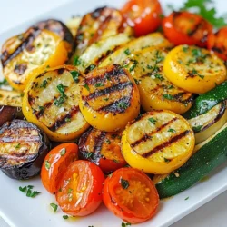 For this tasty dish, you need: - 1 zucchini, sliced into rounds - 1 bell pepper (red or yellow), diced - 1 eggplant, cut into half-moons - 1 red onion, cut into wedges - 1 cup cherry tomatoes These vegetables bring great colors and flavors to the grill. Each one adds its own unique taste. The marinade makes a big difference. You will need: - 3 tablespoons olive oil - 1 lemon (zest and juice) - 3 cloves garlic, minced - 1 teaspoon dried oregano - 1 teaspoon dried thyme - Salt and pepper to taste This mix will help the veggies soak up all the bold flavors. The lemon juice adds brightness while the herbs give a fresh taste. For a nice touch, consider adding: - Fresh parsley, chopped Sprinkling parsley on top adds color and a bit of freshness. It makes the dish look nice and inviting. {{ingredient_image_1}} Start by washing all your vegetables. Cut the zucchini into round slices. Dice the bell pepper into bite-sized pieces. Slice the eggplant into half-moons. Cut the red onion into wedges. Finally, rinse the cherry tomatoes. Place all these veggies in a large mixing bowl. In a separate bowl, add three tablespoons of olive oil. Zest one lemon and add it to the bowl. Squeeze the same lemon to get its juice. Mince three garlic cloves and add them in. Sprinkle in one teaspoon of dried oregano and one teaspoon of dried thyme. Season with salt and pepper to your taste. Whisk everything together until it's well mixed. Pour the lemon herb marinade over the veggies. Toss them well to coat evenly. Let them sit for at least 30 minutes to soak up the flavors. Preheat your grill to medium-high heat. If you use a grill basket, place it on the grill now. When ready, lay the marinated veggies on the grill grates or in the basket. Grill for about 10 to 15 minutes. Turn them occasionally. They should be tender with nice grill marks. Once done, take them off the grill and place them on a serving platter. Add fresh parsley on top for a touch of color. To get the best flavor, marinate your vegetables well. Use a large bowl to mix sliced zucchini, bell pepper, eggplant, red onion, and cherry tomatoes. In another bowl, whisk together olive oil, lemon zest, lemon juice, minced garlic, oregano, thyme, salt, and pepper. Pour this marinade over the vegetables. Toss them gently so they are well coated. Let them sit for at least 30 minutes. This helps the flavors blend nicely. Grilling gives your vegetables a nice look and taste. To get those perfect grill marks, make sure your grill is hot before you start. Preheat it to medium-high heat. If you use a grill basket, heat it, too. Place the marinated vegetables directly on the grill grates. Cook them for about 10-15 minutes. Turn them occasionally. This helps them cook evenly and gives those lovely marks. Sometimes grilling can have issues. If your vegetables stick to the grill, make sure to oil the grates first. If they are burning too fast, lower the heat. You want them tender, not charred. If your veggies are not getting those marks, check the heat. Too low heat won’t give you that nice sear. Adjust as needed for the best outcome. Pro Tips Choose Fresh Vegetables: Always opt for fresh, seasonal vegetables for the best flavor and texture. Let Them Marinate: Allow the vegetables to marinate for at least 30 minutes to enhance the flavors; longer marination can deepen the taste. Preheat the Grill: Ensure your grill is preheated to medium-high heat before adding the vegetables to achieve perfect grill marks and prevent sticking. Garnish for Freshness: Adding fresh herbs as a garnish not only enhances presentation but also adds a burst of freshness to the dish. {{image_2}} You can mix and match your vegetables for new tastes. Instead of zucchini, try asparagus or mushrooms. Swap bell peppers for sweet corn or green beans. Eggplant can be replaced with squash or cauliflower. Each vegetable brings its unique flavor and texture. Don’t be afraid to experiment with your favorites! While this recipe calls for oregano and thyme, you can try others. Basil or rosemary can add a fresh twist. For a spicy kick, toss in some red pepper flakes. You can also use fresh herbs, like cilantro or dill, for a bright touch. The key is to find what you love! To make this dish more filling, add protein. Grilled chicken or shrimp pairs well with the veggies. For a plant-based option, try chickpeas or tofu. Simply toss them in the marinade with the vegetables. This way, you create a hearty meal that is both tasty and satisfying. To store leftover grilled vegetables, let them cool first. Place them in an airtight container. Make sure to use a container that fits snugly. This helps keep them fresh. Store the container in the fridge. Your grilled veggies will last about 3 to 5 days. Reheating grilled vegetables can bring back their flavors. The best way is to use a skillet. Heat a bit of olive oil over medium heat. Add the vegetables and stir for a few minutes. This method helps them stay tasty and crisp. You can also use the microwave. Heat them in short bursts, checking often to avoid overcooking. Freezing grilled vegetables is a great way to save extras. First, let them cool completely. Then, spread them on a baking sheet in a single layer. Freeze for about 1 to 2 hours. Once frozen, transfer them to freezer bags. Squeeze out excess air before sealing. They can last up to 6 months in the freezer. Yes, you can make Lemon Herb Grilled Vegetables in the oven. Preheat your oven to 425°F. Spread the marinated vegetables on a baking sheet. Roast them for about 20-25 minutes. Stir halfway through for even cooking. This method gives you tender veggies with a lovely flavor. The best grill temperature for vegetables is medium-high heat. This is around 400°F to 450°F. At this heat, the vegetables cook evenly. You get nice grill marks without burning them. Keep an eye on them to avoid overcooking. Grilled vegetables last about 3 to 5 days in the fridge. Store them in an airtight container. This keeps them fresh longer. Before eating, check for any signs of spoilage. If they look or smell off, it's best to toss them. Grilling great vegetables is fun and easy. We covered the best ingredients, seasonings, and garnishes to use. You learned step-by-step how to prepare veggies and make a tasty marinade. I shared tips for perfect grill marks and how to fix common problems. You can change up the flavors with different veggies and proteins. Store leftovers right, and know how to reheat them. With these insights, you’re ready to enjoy your grilling journey! Happy grilling!