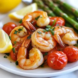 - 1 pound large shrimp, peeled and deveined - 1 cup cherry tomatoes, halved - 1 cup asparagus, trimmed and cut into 2-inch pieces - 3 tablespoons olive oil - 4 cloves garlic, minced - Zest and juice of 2 lemons - 1 teaspoon smoked paprika - 1 teaspoon red pepper flakes (adjust to taste) - Salt and pepper to taste - 1/4 cup fresh parsley, chopped (for garnish) - Lemon wedges (for serving) When I cook this dish, I focus on fresh ingredients. The shrimp should be large, juicy, and fresh. The tomatoes burst with flavor, and the asparagus adds a nice crunch. The marinade is simple but tasty. It brings out the natural sweetness of the shrimp. You can change the vegetables if you like. Bell peppers or zucchini work well too. Just remember to cut them to a similar size for even cooking. For garnishes, fresh parsley brightens the dish. Lemon wedges add a zesty touch when you serve it. This dish looks great on a plate and tastes even better! {{ingredient_image_1}} First, set your oven to 400°F (200°C). This high heat helps cook the shrimp and veggies fast. Next, grab a sheet pan and line it with parchment paper. This makes clean-up super easy. In a large bowl, mix 3 tablespoons of olive oil. Add 4 cloves of minced garlic for a nice kick. Then, zest and juice 2 lemons. This gives a fresh, bright flavor. Next, stir in 1 teaspoon of smoked paprika and 1 teaspoon of red pepper flakes. Adjust the heat to your taste. Finally, add salt and pepper, mixing well to create a tasty marinade. Now it’s time for the shrimp! Add 1 pound of peeled and deveined shrimp to the marinade. Toss them gently until they are well-coated. Let the shrimp sit for at least 10 minutes. This allows the flavors to soak in, making each bite delicious. While the shrimp marinates, prepare the veggies. On the lined sheet pan, spread out 1 cup of halved cherry tomatoes and 1 cup of trimmed asparagus cut into 2-inch pieces. Drizzle a bit of olive oil over them and season with salt and pepper. Toss everything to mix well. Next, arrange the marinated shrimp on top of the veggies in a single layer. This helps everything cook evenly. Place the sheet pan in the preheated oven. Bake for 10 to 12 minutes. You’ll know it’s done when the shrimp turns pink and opaque, and the veggies are tender. Once out of the oven, sprinkle some chopped parsley on top for a fresh look. Serve warm, with lemon wedges for a zesty touch. Enjoy your meal! When picking shrimp, size matters. I recommend large shrimp for this dish. They hold up well and cook evenly. Look for shrimp that is firm and has a slight sheen. Avoid any that smell fishy. Fresh shrimp should smell like the ocean, not stale. If you use frozen shrimp, thaw them first. This helps them cook better. Baking shrimp is quick and easy. Preheat your oven to 400°F. This high heat cooks shrimp fast, making them tender. Bake for 10-12 minutes. Check if they turn pink and opaque. Overcooking makes shrimp tough, so keep an eye on them. Remember, cooking time can vary based on your oven. To boost flavor, try adding fresh herbs. Basil or dill works great with lemon and garlic. Consider using different spices too. Cumin or coriander can add depth. If you like heat, adjust the red pepper flakes to your taste. For a zesty twist, squeeze extra lemon juice before serving. This adds brightness and freshness to each bite. Pro Tips Marinate Longer for Depth: For even more flavor, marinate the shrimp for 30 minutes to an hour. This allows the garlic and lemon to penetrate deeper into the shrimp. Perfectly Cooked Shrimp: Shrimp cook very quickly; watch them closely to avoid overcooking. They are done when they turn pink and opaque. Add Fresh Herbs: Enhance the dish with fresh herbs like basil or dill for an extra layer of flavor. Sprinkle them on just before serving. Customize Veggies: Feel free to swap in your favorite vegetables, such as bell peppers or zucchini, to suit your taste or what you have on hand. {{image_2}} You can change the vegetables in this dish. Try using bell peppers, zucchini, or broccoli. Each adds a unique taste. Just remember to cut them into similar sizes. This helps all the veggies cook evenly. You could also add snap peas for a nice crunch. If you love heat, add more red pepper flakes. You can also use fresh jalapeños for a spicy kick. For a milder dish, skip the red pepper flakes. You can add crushed black pepper instead for some warmth without the heat. This dish pairs well with rice or quinoa. You can serve it over a bed of mixed greens for a fresh salad. A side of crusty bread works great too. Drizzle some olive oil on it for added flavor. Don't forget those lemon wedges for a zesty touch! You can keep leftover sheet pan lemon garlic shrimp in the fridge. Place it in an airtight container. It stays fresh for up to three days. When you reheat, add a splash of lemon juice. This boosts the flavor. To freeze, first let the shrimp cool completely. Use a freezer-safe bag or container. Remove as much air as possible. It can last up to three months in the freezer. When you’re ready, thaw it overnight in the fridge. Reheat shrimp in the oven for the best taste. Preheat your oven to 350°F (175°C). Place the shrimp on a baking sheet for about 10 minutes. You can also use a microwave. Heat in short bursts to avoid overcooking. Yes, you can use frozen shrimp. Just thaw them first. Place them in cold water for about 15 minutes. This helps them cook evenly. Shrimp cook fast. They turn pink and opaque when done. You can also check their shape. They should curl into a C shape. If you don’t have asparagus, use green beans or broccoli. Both will add crunch and flavor. Cut them into small pieces for even cooking. You can prep it ahead. Marinate the shrimp and cut the veggies. Store them in the fridge for up to 2 hours. Just bake them before serving. Yes, this recipe is great for meal prep. You can store leftovers in the fridge. Just keep them in an airtight container for up to 3 days. In this guide, we covered key steps to make a delicious shrimp and vegetable dish. You learned about the best ingredients, how to marinate, and arrange your meal. Tips on shrimp selection and baking time will help. I also shared variations for different tastes and storage advice. Keep these ideas in mind to create a great dinner. With practice, you'll impress everyone with this simple but tasty recipe. Enjoy cooking and share your results!
