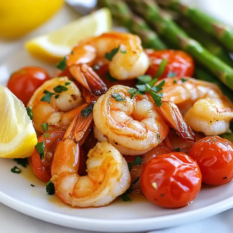 - 1 pound large shrimp, peeled and deveined - 1 cup cherry tomatoes, halved - 1 cup asparagus, trimmed and cut into 2-inch pieces - 3 tablespoons olive oil - 4 cloves garlic, minced - Zest and juice of 2 lemons - 1 teaspoon smoked paprika - 1 teaspoon red pepper flakes (adjust to taste) - Salt and pepper to taste - 1/4 cup fresh parsley, chopped (for garnish) - Lemon wedges (for serving) When I cook this dish, I focus on fresh ingredients. The shrimp should be large, juicy, and fresh. The tomatoes burst with flavor, and the asparagus adds a nice crunch. The marinade is simple but tasty. It brings out the natural sweetness of the shrimp. You can change the vegetables if you like. Bell peppers or zucchini work well too. Just remember to cut them to a similar size for even cooking. For garnishes, fresh parsley brightens the dish. Lemon wedges add a zesty touch when you serve it. This dish looks great on a plate and tastes even better! {{ingredient_image_1}} First, set your oven to 400°F (200°C). This high heat helps cook the shrimp and veggies fast. Next, grab a sheet pan and line it with parchment paper. This makes clean-up super easy. In a large bowl, mix 3 tablespoons of olive oil. Add 4 cloves of minced garlic for a nice kick. Then, zest and juice 2 lemons. This gives a fresh, bright flavor. Next, stir in 1 teaspoon of smoked paprika and 1 teaspoon of red pepper flakes. Adjust the heat to your taste. Finally, add salt and pepper, mixing well to create a tasty marinade. Now it’s time for the shrimp! Add 1 pound of peeled and deveined shrimp to the marinade. Toss them gently until they are well-coated. Let the shrimp sit for at least 10 minutes. This allows the flavors to soak in, making each bite delicious. While the shrimp marinates, prepare the veggies. On the lined sheet pan, spread out 1 cup of halved cherry tomatoes and 1 cup of trimmed asparagus cut into 2-inch pieces. Drizzle a bit of olive oil over them and season with salt and pepper. Toss everything to mix well. Next, arrange the marinated shrimp on top of the veggies in a single layer. This helps everything cook evenly. Place the sheet pan in the preheated oven. Bake for 10 to 12 minutes. You’ll know it’s done when the shrimp turns pink and opaque, and the veggies are tender. Once out of the oven, sprinkle some chopped parsley on top for a fresh look. Serve warm, with lemon wedges for a zesty touch. Enjoy your meal! When picking shrimp, size matters. I recommend large shrimp for this dish. They hold up well and cook evenly. Look for shrimp that is firm and has a slight sheen. Avoid any that smell fishy. Fresh shrimp should smell like the ocean, not stale. If you use frozen shrimp, thaw them first. This helps them cook better. Baking shrimp is quick and easy. Preheat your oven to 400°F. This high heat cooks shrimp fast, making them tender. Bake for 10-12 minutes. Check if they turn pink and opaque. Overcooking makes shrimp tough, so keep an eye on them. Remember, cooking time can vary based on your oven. To boost flavor, try adding fresh herbs. Basil or dill works great with lemon and garlic. Consider using different spices too. Cumin or coriander can add depth. If you like heat, adjust the red pepper flakes to your taste. For a zesty twist, squeeze extra lemon juice before serving. This adds brightness and freshness to each bite. Pro Tips Marinate Longer for Depth: For even more flavor, marinate the shrimp for 30 minutes to an hour. This allows the garlic and lemon to penetrate deeper into the shrimp. Perfectly Cooked Shrimp: Shrimp cook very quickly; watch them closely to avoid overcooking. They are done when they turn pink and opaque. Add Fresh Herbs: Enhance the dish with fresh herbs like basil or dill for an extra layer of flavor. Sprinkle them on just before serving. Customize Veggies: Feel free to swap in your favorite vegetables, such as bell peppers or zucchini, to suit your taste or what you have on hand. {{image_2}} You can change the vegetables in this dish. Try using bell peppers, zucchini, or broccoli. Each adds a unique taste. Just remember to cut them into similar sizes. This helps all the veggies cook evenly. You could also add snap peas for a nice crunch. If you love heat, add more red pepper flakes. You can also use fresh jalapeños for a spicy kick. For a milder dish, skip the red pepper flakes. You can add crushed black pepper instead for some warmth without the heat. This dish pairs well with rice or quinoa. You can serve it over a bed of mixed greens for a fresh salad. A side of crusty bread works great too. Drizzle some olive oil on it for added flavor. Don't forget those lemon wedges for a zesty touch! You can keep leftover sheet pan lemon garlic shrimp in the fridge. Place it in an airtight container. It stays fresh for up to three days. When you reheat, add a splash of lemon juice. This boosts the flavor. To freeze, first let the shrimp cool completely. Use a freezer-safe bag or container. Remove as much air as possible. It can last up to three months in the freezer. When you’re ready, thaw it overnight in the fridge. Reheat shrimp in the oven for the best taste. Preheat your oven to 350°F (175°C). Place the shrimp on a baking sheet for about 10 minutes. You can also use a microwave. Heat in short bursts to avoid overcooking. Yes, you can use frozen shrimp. Just thaw them first. Place them in cold water for about 15 minutes. This helps them cook evenly. Shrimp cook fast. They turn pink and opaque when done. You can also check their shape. They should curl into a C shape. If you don’t have asparagus, use green beans or broccoli. Both will add crunch and flavor. Cut them into small pieces for even cooking. You can prep it ahead. Marinate the shrimp and cut the veggies. Store them in the fridge for up to 2 hours. Just bake them before serving. Yes, this recipe is great for meal prep. You can store leftovers in the fridge. Just keep them in an airtight container for up to 3 days. In this guide, we covered key steps to make a delicious shrimp and vegetable dish. You learned about the best ingredients, how to marinate, and arrange your meal. Tips on shrimp selection and baking time will help. I also shared variations for different tastes and storage advice. Keep these ideas in mind to create a great dinner. With practice, you'll impress everyone with this simple but tasty recipe. Enjoy cooking and share your results!