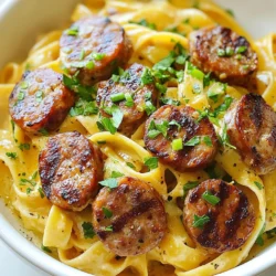 - 12 oz fettuccine pasta - 1 lb andouille sausage, sliced - 1 tablespoon olive oil - 1 small onion, chopped - 3 cloves garlic, minced - 1 bell pepper (red or green), diced - 1 cup heavy cream - 1 cup chicken broth - 2 teaspoons Cajun seasoning - 1 teaspoon smoked paprika - Salt and pepper to taste - 1 cup grated Parmesan cheese - 2 green onions, chopped (for garnish) - Fresh parsley, chopped (for garnish) You can swap andouille sausage for chicken sausage or turkey sausage. Both options keep the dish tasty. If you want a lighter sauce, use half-and-half instead of heavy cream. For a gluten-free option, try gluten-free pasta. You can also use vegetable broth instead of chicken broth if you prefer a vegetarian dish. Always use fresh ingredients for the best flavor. Choose firm bell peppers. Look for sausage that has a good spice mix. When picking the cream, go for a high-fat option for a rich sauce. Fresh herbs like parsley and green onions add bright flavor. You can use dried herbs too, but fresh is better. {{ingredient_image_1}} To cook the pasta, start by boiling a large pot of salted water. Once it boils, add 12 oz of fettuccine. Cook the pasta according to the package instructions until it is al dente. This usually takes around 8 to 10 minutes. Drain the pasta in a colander and set it aside. Remember to save some pasta water; it helps the sauce later! Next, grab a large skillet and heat 1 tablespoon of olive oil over medium heat. Add 1 pound of sliced andouille sausage to the pan. Cook the sausage for about 5 to 7 minutes until it turns brown. Make sure to stir it occasionally for even cooking. Once browned, remove the sausage from the skillet and set it aside. In the same skillet, toss in 1 small chopped onion, 1 diced bell pepper, and 3 minced garlic cloves. Sauté these for about 3 to 4 minutes until they soften and smell great. Now, pour in 1 cup of chicken broth and bring it to a simmer. Once it simmers, stir in 1 cup of heavy cream, 2 teaspoons of Cajun seasoning, and 1 teaspoon of smoked paprika. Let the sauce simmer for about 5 minutes so it can thicken a bit. Now, return the sausage to the skillet. Add the drained fettuccine and 1 cup of grated Parmesan cheese. Stir everything together well to coat the pasta in the creamy sauce. Season with salt and pepper to taste. Your creamy Cajun sausage pasta is almost ready! To get that creamy texture, use heavy cream. It makes the sauce rich and smooth. If you want a lighter feel, you can mix cream with chicken broth. This keeps the sauce tasty without being too heavy. Stir the cream in slowly to avoid lumps. You can also add more cheese for extra creaminess. Cajun seasoning packs a punch. If you like heat, stick to the recipe. If you prefer less spice, reduce the seasoning. Taste the sauce as you cook. You can always add more spice later. For a milder flavor, try adding a little sour cream at the end. It cools down the heat while keeping it creamy. Sauté your sausage until it’s golden. This step adds a deep, savory flavor to the dish. Don’t rush the veggies! Cook them until they are soft and aromatic. This enhances the sauce. When you combine everything, make sure to stir well. This helps coat each noodle and keeps the flavors balanced. If you want to elevate the dish, sprinkle some fresh herbs, like parsley, before serving. Pro Tips Use Fresh Ingredients: Fresh vegetables and high-quality sausage will elevate the flavor of your dish significantly. Look for vibrant bell peppers and fresh parsley for the best taste. Adjust the Spice Level: If you prefer a milder dish, reduce the Cajun seasoning or opt for a less spicy sausage. You can always add more spice later to taste. Let it Rest: Allow the pasta to sit for a few minutes after combining with the sauce. This will help the flavors meld together and improve the overall taste. Experiment with Cheese: Swap out Parmesan for other cheeses like pecorino or a blend of cheeses for a unique twist on the creamy sauce. {{image_2}} You can swap andouille sausage for a different type. Try Italian sausage for a milder taste. Chicken sausage is a leaner choice. If you love spice, pick chorizo. Each type brings its own flavor. You can create a new dish every time! Want to make this dish meatless? Use plant-based sausage or mushrooms instead. Portobello mushrooms add a hearty feel. Tofu can work too; just cook it until golden. You can also use extra veggies for more texture. Spinach, zucchini, and carrots are great choices. Feel free to boost the health factor by adding vegetables. Broccoli, asparagus, or peas fit well in this dish. They add color and taste. If you want more protein, try adding cooked chicken or shrimp. These options make the dish more filling and nutritious. To keep your creamy Cajun sausage pasta fresh, store it in an airtight container. Make sure the pasta cools before sealing it. This helps prevent sogginess. You can keep it in the fridge for up to three days. Label the container with the date to track freshness. When you’re ready to enjoy leftovers, reheat them on the stove or in the microwave. If using the stove, add a splash of chicken broth or cream to keep it creamy. Heat over low to medium heat, stirring often. For the microwave, heat in short bursts and stir in between. This helps heat the pasta evenly. You can freeze creamy Cajun sausage pasta for quick meals later. Place cooled pasta in a freezer-safe container. Make sure to leave some space for expansion. This dish can freeze well for up to three months. To reheat from frozen, thaw in the fridge overnight and then follow the reheating instructions above. Yes, you can use many pasta types. Penne, rigatoni, or even spaghetti work well. Each pasta offers a unique shape and texture. Penne holds sauce nicely, while spaghetti twirls easily. Just adjust cooking times based on the pasta you choose. This dish is flexible! This dish has a mild heat from the Cajun seasoning. Andouille sausage adds flavor, but it's not too hot. If you prefer more spice, add extra seasoning or hot sauce. For a milder version, reduce the Cajun seasoning. Balance is key for your taste buds! You can lighten this dish easily. Use whole wheat pasta for more fiber. Substitute heavy cream with half-and-half or Greek yogurt. This cuts calories while keeping creaminess. Choose turkey or chicken sausage instead of andouille. These swaps keep the flavor while making it healthier! In this post, we covered ingredients, cooking methods, and tasty variations for your dish. You learned how to choose the right ingredients and substitute them if needed. I shared tips for perfecting texture and flavor. Exploring different sausage types or making vegetarian versions can add fun twists. Finally, storing leftovers and reheating them can save time later. I hope these insights help you make a great meal that you and others will enjoy.