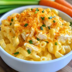 - 2 cups elbow macaroni - 1 cup cooked chicken, shredded - 1 cup buffalo sauce - 2 cups sharp cheddar cheese, shredded - 1 cup mozzarella cheese, shredded - 1/2 cup cream cheese, softened - 1/4 cup grated Parmesan cheese - 2 tablespoons butter - 1/4 cup all-purpose flour - 3 cups milk - 1 teaspoon garlic powder - 1 teaspoon onion powder - Salt and pepper to taste - Fresh chives or parsley for garnish Buffalo Chicken Mac & Cheese brings comfort food to a new level. The dish combines creamy cheese, tender chicken, and spicy buffalo sauce. Each bite is a delight. You start with the main ingredients. Elbow macaroni holds the dish together. Shredded cooked chicken adds protein. The buffalo sauce offers the perfect kick. Next, we have the cheese varieties. Sharp cheddar gives a rich flavor. Mozzarella adds a nice stretch. Cream cheese makes the sauce creamy and smooth. For additional components, we use grated Parmesan. This adds a salty touch. Butter and flour create a roux for the cheese sauce. The roux thickens the sauce nicely. Lastly, the seasonings elevate the dish. Milk gives it the right consistency. Garlic and onion powders add depth. Salt and pepper make everything pop. Fresh chives or parsley add color and freshness. Gather all these ingredients. You are ready to make a dish that warms the heart and pleases the palate. {{ingredient_image_1}} To cook elbow macaroni, start with a large pot. Fill it with water and add salt. Bring the water to a rolling boil. Add the macaroni and stir gently to prevent sticking. Cook according to the package directions until al dente. This means the pasta should be firm but not hard. Once cooked, drain the pasta and set it aside. For al dente texture, keep an eye on the clock. Check the pasta a minute or two before the package time. You want it slightly undercooked, as it will continue to cook in the oven. To make the cheese sauce, first, melt butter in a medium saucepan over medium heat. Sprinkle in the flour and whisk until smooth, creating a roux. Cook this mixture for about 1-2 minutes. This step helps remove the raw flour taste. Proper whisking is key. It helps blend the butter and flour without lumps. After making the roux, slowly add milk while whisking. This will ensure a creamy, smooth sauce. Continue cooking until it thickens, which should take about 5-7 minutes. Next, gently fold in the shredded chicken and buffalo sauce. Use a spatula and be careful not to break the chicken apart too much. Mix until everything is well combined. Adjust the buffalo sauce amount to your liking. If you want more heat, add more sauce! Now, toss the cooked macaroni into the cheese and chicken mixture. Stir well to ensure every piece of pasta is coated. This step is important for even flavor and creaminess. Preheat your oven to 350°F (175°C). This is crucial for even cooking. While the oven heats up, transfer the mac and cheese mixture to a greased baking dish. Sprinkle grated Parmesan cheese on top for a nice crust. Bake for 20-25 minutes. Look for a bubbly surface and a golden top as signs of doneness. When it’s ready, remove it from the oven and let it cool slightly before serving. Enjoy this comforting dish! To avoid lumps, whisk the flour and butter well. Cook the roux for 1-2 minutes. Then, add the milk slowly while whisking. This keeps the sauce smooth. For the best cheese melt, always use room temperature cheese. It melts better than cold cheese. Stir the cheese in gradually. This helps it blend perfectly into the sauce. To modify the buffalo sauce, start with half the amount of sauce. Taste and add more if you want more heat. You can also mix in ranch dressing to cool it down. Balancing heat is key. Add more cream cheese or cheddar cheese to tone down the spice. These ingredients create a creamy texture that helps even out the heat. For aesthetics, serve in bright bowls. Drizzling extra buffalo sauce on top adds a nice touch. Garnish with fresh chives or parsley for color. Side dishes pair well with this dish. Try celery sticks or carrot sticks for crunch. Fresh salad can also lighten the meal and add freshness. Pro Tips Adjust the Spice Level: If you prefer a milder dish, start with less buffalo sauce and gradually add more until you reach your desired heat. This way, you can customize it to your taste! Cheese Variations: Feel free to experiment with different cheese blends! Adding smoked gouda or pepper jack can give a unique flavor to your mac and cheese. Make It Ahead: You can prepare the mac and cheese mixture a day in advance. Just assemble everything and store it in the fridge. When ready to serve, bake it directly from the fridge, adding a few extra minutes to the baking time. Add a Crunchy Topping: For an extra layer of texture, combine breadcrumbs with a bit of melted butter and sprinkle on top before baking for a deliciously crunchy finish. {{image_2}} You can switch out the chicken for turkey or tofu. Both options work well and still taste great. Turkey gives a similar flavor to chicken but adds a twist. Tofu is a fun choice for a plant-based version. Just make sure to press it to remove extra moisture. You can also add shrimp or other seafood. Shrimp cooks quickly and adds a nice texture. Just toss it in during the last few minutes of cooking. Experimenting with cheese can change how your dish tastes. You can try gouda or pepper jack for a different flavor. Both melt well and add a unique touch. If you want a dairy-free option, look for plant-based cheeses. Many brands now offer great alternatives that melt nicely. Just check the label for the best options. You can cook this dish in different ways. For a quick meal, use an Instant Pot or pressure cooker. This method saves time and keeps everything moist. Just follow the same steps but adjust cooking times. If you prefer a skillet dish, cook everything in one pan. This method gives a crispy edge. Baked versions are classic, and they get that lovely golden crust on top. Choose the method that fits your style or mood. To keep your Buffalo Chicken Mac & Cheese fresh, store it right. First, let it cool to room temperature. Then, place it in an airtight container. This helps keep moisture in and air out. Use glass or plastic containers that seal well. These are best for refrigeration. When you want to enjoy leftovers, reheat them carefully. The oven is the best choice. Preheat it to 350°F (175°C). Place the dish in the oven for 15-20 minutes. This warms it through without drying it out. If you use a microwave, cover the dish with a damp paper towel. This helps keep the mac and cheese moist while heating. Yes, you can freeze Buffalo Chicken Mac & Cheese! To do so, first cool it completely. Then, portion it into freezer-safe bags or containers. Remove as much air as possible to prevent freezer burn. When you’re ready to eat, thaw it in the fridge overnight. Reheat it in the oven for the best taste. To add more heat, you can use extra buffalo sauce. Start with a little, then taste and adjust. You can also mix in chopped jalapeños or crushed red pepper flakes. If you want a smoky flavor, add some smoked paprika. These small changes can really ramp up the spice! Yes, you can easily make this dish gluten-free. Use gluten-free elbow macaroni instead of regular pasta. Many brands offer great options that taste just as good. Make sure to check the labels for other ingredients, like the buffalo sauce and cream cheese, to ensure they’re gluten-free too. Buffalo Chicken Mac & Cheese can last 3 to 5 days in the fridge. Store it in an airtight container. Check for signs of spoilage, like a bad smell or mold. If it looks or smells off, it’s best to throw it away. You can prepare this dish ahead of time. Make the entire recipe, then store it in the fridge before baking. When you're ready to cook, just pop it in the oven. You may need to add a few extra minutes to the bake time if it’s cold from the fridge. This makes it easy for busy nights! Buffalo Chicken Mac & Cheese is a delicious twist on a classic dish. We covered the key ingredients, from pasta to cheese and spices. You learned the right steps for cooking and baking, plus tips for the best taste and presentation. Remember, variations can make it unique to you. Store leftovers properly to enjoy later. With easy adjustments, you can tailor spice and protein. Dive into this tasty meal anytime!
