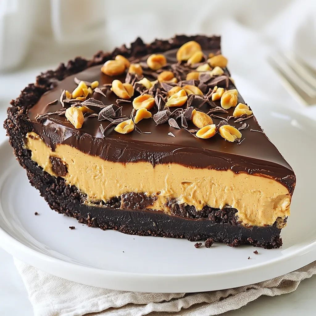 To make this pie, you will need: - 1 ½ cups chocolate cookie crumbs - ½ cup unsalted butter, melted - 1 cup creamy peanut butter - 1 cup powdered sugar - 8 oz cream cheese, softened - 1 cup whipped cream (or whipped topping) - 1 cup semi-sweet chocolate chips - 2 tablespoons coconut oil These ingredients create a rich flavor and smooth texture. The chocolate cookie crumbs make a great crust. The peanut butter filling is creamy and sweet. The melted chocolate topping adds a nice finish. For extra flair, you can add: - Chopped peanuts - Chocolate shavings These garnishes not only look nice; they also add some crunch and extra chocolate flavor. You can adjust the amount based on your taste. To prepare this pie, gather these tools: - Mixing bowls - A pie pan (9-inch size) - A spatula - Microwave-safe bowl - Electric mixer or whisk Having the right tools makes the process easier and more fun. You can mix and pour with ease, ensuring the pie turns out great! {{ingredient_image_1}} Start by mixing 1 ½ cups of chocolate cookie crumbs with ½ cup of melted butter. Stir until the crumbs are fully coated. Next, press this mixture into a 9-inch pie pan. Make sure to pack it tightly on the bottom and up the sides. This step is key for a sturdy crust. Chill the crust in the fridge while you prepare the filling. In a large bowl, mix 1 cup of creamy peanut butter with 8 oz of softened cream cheese. Blend them until the mixture is smooth. Gradually add in 1 cup of powdered sugar while mixing. Keep going until it’s fluffy and well-combined. This filling is rich and delicious. Now, gently fold in 1 cup of whipped cream. Be careful not to deflate it too much. Use a spatula and mix until the whipped cream is fully blended with the peanut butter mixture. This step gives the filling a light and airy texture. Once the crust is chilled, pour the peanut butter filling into it. Spread the filling evenly with a spatula. Smooth the top to create a nice finish. This pie will look so good! In a microwave-safe bowl, combine 1 cup of semi-sweet chocolate chips and 2 tablespoons of coconut oil. Heat the bowl in the microwave in 30-second bursts, stirring in between. Keep heating until the chocolate is melted and smooth. Pour this melted chocolate over the peanut butter filling. Use a spatula to spread it evenly. Finally, place the pie in the fridge. Let it chill for at least 4 hours or overnight for the best results. This time lets the pie set perfectly. When you're ready to serve, slice into wedges and enjoy! To make a great crust, use fresh chocolate cookie crumbs. Mix them well with melted butter. Press the mixture firmly into the pie pan. Make sure it is even and smooth. Chilling the crust helps it hold its shape. I suggest chilling for at least 30 minutes. This step makes a big difference in texture. For a smooth filling, use softened cream cheese. It blends easier with the peanut butter. Mix them together until no lumps remain. Gradually add powdered sugar for sweetness. This keeps the mixture fluffy and light. When adding whipped cream, fold gently. This keeps the mixture airy and creamy. A smooth filling ensures each bite is dreamy. Slice the pie into even wedges for serving. It looks nice and is easy to share. You can add chopped peanuts on top for crunch. Chocolate shavings also add a nice touch. Serve it cold for the best flavor. Pair it with a scoop of vanilla ice cream for a treat. Enjoy your delicious creation! Pro Tips Use Room Temperature Ingredients: Ensure the cream cheese and peanut butter are at room temperature for easier mixing and a smoother filling. Chill Between Steps: Refrigerate the pie at different stages to help maintain structure, especially after adding the filling and before pouring the chocolate topping. Experiment with Toppings: Feel free to customize your pie with additional toppings like crushed pretzels, drizzled caramel, or even sea salt for an extra flavor boost. Make Ahead: This pie is perfect for making ahead of time; it can be stored in the refrigerator for up to three days without losing flavor or texture. {{image_2}} You can make this pie gluten-free with a few changes. Use gluten-free chocolate cookies for the crust. Many brands offer tasty options. Check labels to ensure they are certified gluten-free. This way, everyone can enjoy this treat! Want to mix things up? Try adding flavors to the filling. You can add a teaspoon of vanilla extract for extra depth. Or, mix in a pinch of sea salt for a sweet-salty balance. For a twist, add a layer of banana slices before the chocolate topping. Each option brings a new taste! If you need to make dietary swaps, it’s simple! Use almond butter or sunflower seed butter in place of peanut butter. For a lighter filling, replace cream cheese with Greek yogurt. You can also use sugar substitutes like stevia or monk fruit sweetener. These changes keep the pie delicious and friendly for various diets! To store leftovers, first cover the pie with plastic wrap. This keeps the pie fresh and moist. You can also use a pie keeper if you have one. Make sure to chill it in the fridge. This pie stays tasty for up to three days. If you want to freeze the pie, first let it set. Wrap it well in plastic wrap, then in aluminum foil. This helps prevent freezer burn. You can freeze it for up to a month. When ready to eat, thaw it in the fridge overnight. This no-bake pie lasts about three days in the fridge. If you freeze it, it can last one month. For the best taste, enjoy it within that time. Always check for changes in smell or texture before eating leftovers. Yes, you can use crunchy peanut butter. It adds a nice texture. The crunch pairs well with the creamy filling. If you love peanuts, it’s a great choice. Just remember, the flavor will be a bit different. The pie needs to chill for at least four hours. Chilling helps it set properly. For the best results, let it chill overnight. This extra time allows the flavors to meld together. Absolutely! This pie is perfect for making ahead. You can prepare it a day or two in advance. Just keep it covered in the fridge. It will be ready when you need it. To slice the pie, use a sharp knife. Dip the knife in hot water for easy cutting. Wipe the knife clean between slices. This keeps the edges neat and tidy. To enhance the chocolate flavor, add more chocolate chips. You can mix some into the peanut butter filling too. Another option is to use dark chocolate for the topping. This adds depth and richness to every bite. This blog post covered how to make a tasty no-bake peanut butter pie. We explored the needed ingredients and tools. I shared step-by-step instructions, offering tips to perfect your pie. You learned about variations and storage too. In my view, this pie is a fun treat for all. Enjoy making it your own! Happy baking!