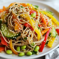 - 8 oz soba noodles (or your preferred noodle type) - 1 bell pepper (red or yellow), julienned - 1 cup shredded carrots - 1 cucumber, thinly sliced - 1 cup edamame (shelled, cooked) - 1 small bunch green onions, chopped - 1/4 cup fresh cilantro, roughly chopped - 2 tablespoons sesame oil - 1 tablespoon freshly grated ginger - 2 cloves garlic, minced - 1/4 cup soy sauce (low sodium) - 1 tablespoon rice vinegar - 1 tablespoon honey or maple syrup - 1 teaspoon sesame seeds (for garnish) - Salt and pepper to taste In this salad, soba noodles are the star. They are nutty and chewy. You can also use rice or wheat noodles if you prefer. The colorful bell pepper adds a nice crunch. Shredded carrots and cucumber give a fresh taste. Edamame packs in protein, making this salad filling. Green onions and cilantro add a burst of flavor. The dressing brings it all together. The sesame oil and ginger create a warm, rich taste. Garlic gives it a punch. Soy sauce adds depth, while rice vinegar balances the flavors. Sweetness comes from honey or maple syrup. Finally, sesame seeds add a lovely crunch on top. This mix of ingredients makes a tasty and healthy dish. {{ingredient_image_1}} First, boil a pot of water. Add 8 oz of soba noodles. Cook them for about 5-6 minutes, or until tender. Check the package for exact times. Once done, drain the noodles in a colander. Rinse them under cold water. This helps stop cooking and keeps them firm. Let them sit while you prepare the rest. Grab a small bowl. In it, add 2 tablespoons of sesame oil, 1 tablespoon of freshly grated ginger, and 2 cloves of minced garlic. Then, pour in 1/4 cup of low-sodium soy sauce, 1 tablespoon of rice vinegar, and 1 tablespoon of honey or maple syrup. Whisk these ingredients together until smooth. This will be your tasty dressing. In a large mixing bowl, combine the cooked noodles, 1 julienned bell pepper, 1 cup of shredded carrots, 1 sliced cucumber, 1 cup of shelled edamame, and chopped green onions. Add 1/4 cup of roughly chopped cilantro for a fresh touch. Pour your dressing over the noodle mix. Toss everything gently until well coated. Let the salad sit for about 15 minutes. This allows the flavors to meld together nicely. Before serving, sprinkle 1 teaspoon of sesame seeds on top for a nice finish. You can enjoy the salad chilled or at room temperature. For added crunch, toss in some toasted peanuts or cashews before serving. To julienne vegetables, start by cutting them into even strips. For bell peppers, slice off the top and bottom. Remove the seeds and membrane. Lay the pepper flat and cut it into thin slices. Then, stack the slices and cut them into strips. When handling fresh ginger, use a spoon to scrape off the skin. Grate the ginger with a fine grater for the best flavor. For garlic, crush the clove with the flat side of a knife. This makes it easier to chop finely. Minced garlic adds a strong taste to the dressing. To boost the salad's flavor, try adding more soy sauce or a touch of lime juice. You can also mix in a bit of chili paste for heat. For toppings, consider adding toasted peanuts or crunchy sesame sticks. These add texture and flavor to your salad. Serve the salad cold or at room temperature. This keeps the flavors fresh and vibrant. If you need to store it, place it in an airtight container in the fridge. It stays good for a few days. Just remember to stir it before serving. Pro Tips Use Fresh Ingredients: Fresh vegetables and herbs will enhance the flavor and texture of your noodle salad, making it more vibrant and delicious. Adjust the Dressing: Feel free to tweak the dressing ingredients to suit your taste. Add more ginger for a spicier kick or more honey for sweetness. Chill Before Serving: Allowing the salad to sit in the fridge for 15-30 minutes before serving helps the flavors meld together beautifully. Customize with Proteins: For a heartier meal, add grilled chicken, tofu, or shrimp to the salad for extra protein while keeping it light and healthy. {{image_2}} You can switch out soba noodles for rice noodles or whole wheat pasta. These options keep the dish tasty and fun. If you like a different shape, try rotini or fettuccine! For vegetables, swap bell peppers with zucchini in summer or roasted butternut squash in fall. Carrots are great, but you can also use radishes for a crunchy bite. To make this salad vegan, skip the honey and use maple syrup instead. For gluten-free, choose rice noodles and tamari sauce. You can also reduce calories by using a light dressing. Mixing sesame oil with lemon juice gives a fresh taste without extra calories. Spice it up by adding red pepper flakes or chili paste to the dressing. Fresh herbs can make a big difference too! Try adding mint or basil for a unique twist. If you enjoy a nutty flavor, add crushed peanuts or sesame seeds on top. They’ll give your salad a lovely crunch. To store leftover Sesame Ginger Noodle Salad, place it in an airtight container. This keeps the salad fresh and prevents odors from mixing in your fridge. If you want to store it for a longer time, divide it into smaller portions. This makes it easier to grab and go. Use glass containers or BPA-free plastic containers. These are safe and help maintain flavor and texture. Avoid metal containers as they might react with the dressing. Refrigerated leftovers last about 3 to 5 days. Make sure to check the salad before eating. Look for any off smells or changes in color. If you see any mold or sliminess, it’s best to discard it. Always trust your senses to keep meals safe. Making Sesame Ginger Noodle Salad is quick and easy. You need 15 minutes to prep and 15 minutes to cook. The total time is 30 minutes. This means you can whip up a tasty meal in no time! Yes, you can make this salad ahead of time! To prepare it in advance, cook the noodles and mix the veggies. Store them in the fridge. Keep the dressing separate. When you're ready to eat, combine everything and toss it together. It tastes great even after a day or two in the fridge. This salad pairs well with many dishes. Try serving it with grilled chicken or shrimp for protein. You can also add a side of spring rolls or crispy tofu. These options add flavor and texture to your meal. Freezing this salad is not ideal. The noodles and veggies can become mushy when thawed. If you do freeze it, store only the salad without dressing. When you are ready to eat, thaw in the fridge and add fresh dressing. This way, you can keep some crunch! In this blog post, we explored the vibrant Sesame Ginger Noodle Salad. We covered the main ingredients, including soba noodles and fresh vegetables, and detailed easy steps for cooking and assembling. I shared tips for flavor enhancement and simplified variations. Proper storage techniques ensure your leftovers stay fresh. This salad is not only delicious but also adaptable to your tastes. I encourage you to try it, as it brings fun and flavor to your meals. Enjoy this healthy dish and make it your own!