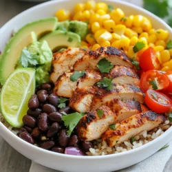 - 2 boneless, skinless chicken breasts - 2 tablespoons chipotle powder - 1 teaspoon cumin - 1 teaspoon garlic powder - 1 teaspoon onion powder - Salt and pepper to taste - 1 tablespoon olive oil - 1 cup cooked brown rice - 1 cup black beans, drained and rinsed - 1 cup corn, fresh or frozen - 1 avocado, diced - 1 cup cherry tomatoes, halved - 1/2 cup red onion, diced - 1 lime, juiced - Fresh cilantro, chopped (for garnish) The chicken is the star of this bowl. I love using boneless, skinless chicken breasts. They cook fast and stay juicy. For the flavor, I mix chipotle powder, cumin, garlic powder, onion powder, salt, and pepper. This blend gives the chicken a smoky and spicy kick. The base of the bowl is cooked brown rice. It adds a nutty taste and fills you up. Black beans bring protein and fiber. Adding corn gives sweetness and color. Fresh veggies like diced avocado, cherry tomatoes, and red onion add crunch and freshness. - Rice - Beans - Avocado Rice and beans are classic. They offer a hearty base for your bowl. I suggest using brown rice for a healthy twist. Black beans are my go-to, but you can use pinto beans too. Avocado is a must! It adds creaminess that balances the spice. Dicing it into small pieces makes it easy to eat with the other toppings. - Sour cream or Greek yogurt - Fresh herbs For a cool touch, you can add sour cream or Greek yogurt. Both add creaminess. I prefer Greek yogurt for its tangy flavor and health benefits. Fresh herbs like cilantro brighten up the dish. They add color and a fresh taste. Just a sprinkle on top makes a big difference. You can also try other herbs like parsley if you want a different flavor. {{ingredient_image_1}} To start, you need to marinate the chicken. This step adds great flavor. Combine the chipotle powder, cumin, garlic powder, onion powder, salt, and pepper in a bowl. Rub this mix all over the chicken breasts. Let the chicken sit in the fridge. Aim for at least 30 minutes, but two hours is even better. This helps the spices soak in. Now, it’s time to cook the chicken. Heat olive oil in a skillet over medium heat. Place the marinated chicken breasts in the skillet. Cook each side for 6-7 minutes. Use a meat thermometer to check the temperature. It should reach 165°F (75°C). Once cooked, take it off the heat. Let it rest for 5 minutes before slicing. This keeps the chicken juicy. Assembling your burrito bowl is fun! Start with a layer of cooked brown rice at the bottom of each bowl. Next, add the black beans and corn over the rice. Now, place the sliced chicken on top. Don’t forget the diced avocado and halved cherry tomatoes. Finally, add the diced red onion. Squeeze fresh lime juice over everything. Finish with chopped cilantro for a fresh touch. You can even add a dollop of sour cream or Greek yogurt if you like. Serve warm and enjoy! To get the best taste, marinate your chicken. Use a mix of chipotle powder, cumin, garlic powder, onion powder, salt, and pepper. Rub this mix all over the chicken breasts. Let them sit in the fridge for at least 30 minutes. For even more flavor, you can marinate for up to 2 hours. This helps the spices soak in well. Cook your chicken on medium heat to avoid dryness. Heat olive oil in your skillet before adding the marinated chicken. Cook each side for 6-7 minutes. Use a meat thermometer to check if the chicken reaches 165°F (75°C). This ensures it is safe to eat. Once done, let it rest for 5 minutes. This helps keep it juicy, making every bite tender. A great-looking bowl makes your meal more fun. Start with a base of cooked brown rice. Then, layer black beans and corn on top. Add sliced chicken, diced avocado, cherry tomatoes, and red onion. Finally, squeeze fresh lime juice over the top. Garnish with chopped cilantro for a pop of color. Optionally, add a dollop of sour cream or Greek yogurt for creaminess. This creates a tasty and beautiful meal. Pro Tips Marinate for Maximum Flavor: Allow the chicken to marinate for up to 2 hours to enhance the taste and tenderness of the meat. Cook Chicken to Perfection: Use a meat thermometer to ensure the chicken reaches an internal temperature of 165°F (75°C) for safe consumption. Customize Your Bowl: Feel free to add other toppings like cheese, jalapeños, or different veggies to personalize your burrito bowl. Fresh Ingredients Matter: Using fresh produce, like ripe avocados and juicy tomatoes, will elevate the flavors and textures of your dish. {{image_2}} You can easily make this bowl vegetarian. Just swap the chicken for plant-based protein. Options include tofu, tempeh, or even grilled veggies. Marinate them the same way you would chicken. This adds great flavor to your dish. You can control the spice in your bowl. Add more chipotle powder if you like heat. If you prefer less spice, reduce the amount or skip it. You can also add mild peppers for flavor without too much heat. Brown rice is a common base, but you have choices. Quinoa is a great alternative, offering a nutty flavor. Cauliflower rice is lower in carbs. You can also use regular white rice or even lettuce for a lighter bowl. Each option gives a different taste and texture. Store your leftover burrito bowls in airtight containers. Glass or plastic containers work well. Let the bowls cool to room temperature before sealing. Place them in the fridge. They will stay fresh for up to three days. To reheat, use the microwave for quick warming. Place the bowl in the microwave for one to two minutes. Stir halfway through to heat evenly. If you want to keep the texture, try using the oven. Preheat the oven to 350°F (175°C). Place the bowl in an oven-safe dish and cover it with foil. Heat for about 15 minutes or until warm. You can freeze burrito bowls for future meals. First, let them cool completely. Then, use freezer-safe containers or bags. Remove as much air as possible before sealing. Label and date the containers. Store them in the freezer for up to three months. When ready to eat, thaw in the fridge overnight and reheat. You can add many toppings to your bowl. Here are some popular ideas: - Shredded cheese - Jalapeños - Salsa or pico de gallo - Black olives - Lettuce or spinach - Fresh lime wedges Each topping adds a unique flavor. Mix and match to find your favorite combo! Yes, you can make this recipe ahead of time. Here are some meal prep tips: - Cook the chicken and store it in the fridge for up to 4 days. - Prepare the rice and beans in advance. They also keep well. - Chop veggies like avocado and tomatoes shortly before serving. Timing is key. Make sure to store each component separately to keep flavors fresh. You can order a Chipotle Chicken Burrito Bowl from many places. Here are some options: - Chipotle Mexican Grill restaurants - Food delivery apps like Uber Eats or DoorDash - Local Mexican restaurants that offer burrito bowls Check your area for the best options. Enjoy your meal without cooking! This blog post covered how to make a tasty Chipotle Chicken Burrito Bowl. We looked at the main ingredients like chicken and veggies. I shared steps for marinating and cooking the chicken just right. You learned tips for layering flavors and decorating your bowl. I also shared ways to store and reheat leftovers. In the end, this dish is easy and fun to make. Enjoy your cooking journey, and make it your own!