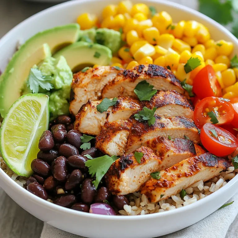 - 2 boneless, skinless chicken breasts - 2 tablespoons chipotle powder - 1 teaspoon cumin - 1 teaspoon garlic powder - 1 teaspoon onion powder - Salt and pepper to taste - 1 tablespoon olive oil - 1 cup cooked brown rice - 1 cup black beans, drained and rinsed - 1 cup corn, fresh or frozen - 1 avocado, diced - 1 cup cherry tomatoes, halved - 1/2 cup red onion, diced - 1 lime, juiced - Fresh cilantro, chopped (for garnish) The chicken is the star of this bowl. I love using boneless, skinless chicken breasts. They cook fast and stay juicy. For the flavor, I mix chipotle powder, cumin, garlic powder, onion powder, salt, and pepper. This blend gives the chicken a smoky and spicy kick. The base of the bowl is cooked brown rice. It adds a nutty taste and fills you up. Black beans bring protein and fiber. Adding corn gives sweetness and color. Fresh veggies like diced avocado, cherry tomatoes, and red onion add crunch and freshness. - Rice - Beans - Avocado Rice and beans are classic. They offer a hearty base for your bowl. I suggest using brown rice for a healthy twist. Black beans are my go-to, but you can use pinto beans too. Avocado is a must! It adds creaminess that balances the spice. Dicing it into small pieces makes it easy to eat with the other toppings. - Sour cream or Greek yogurt - Fresh herbs For a cool touch, you can add sour cream or Greek yogurt. Both add creaminess. I prefer Greek yogurt for its tangy flavor and health benefits. Fresh herbs like cilantro brighten up the dish. They add color and a fresh taste. Just a sprinkle on top makes a big difference. You can also try other herbs like parsley if you want a different flavor. {{ingredient_image_1}} To start, you need to marinate the chicken. This step adds great flavor. Combine the chipotle powder, cumin, garlic powder, onion powder, salt, and pepper in a bowl. Rub this mix all over the chicken breasts. Let the chicken sit in the fridge. Aim for at least 30 minutes, but two hours is even better. This helps the spices soak in. Now, it’s time to cook the chicken. Heat olive oil in a skillet over medium heat. Place the marinated chicken breasts in the skillet. Cook each side for 6-7 minutes. Use a meat thermometer to check the temperature. It should reach 165°F (75°C). Once cooked, take it off the heat. Let it rest for 5 minutes before slicing. This keeps the chicken juicy. Assembling your burrito bowl is fun! Start with a layer of cooked brown rice at the bottom of each bowl. Next, add the black beans and corn over the rice. Now, place the sliced chicken on top. Don’t forget the diced avocado and halved cherry tomatoes. Finally, add the diced red onion. Squeeze fresh lime juice over everything. Finish with chopped cilantro for a fresh touch. You can even add a dollop of sour cream or Greek yogurt if you like. Serve warm and enjoy! To get the best taste, marinate your chicken. Use a mix of chipotle powder, cumin, garlic powder, onion powder, salt, and pepper. Rub this mix all over the chicken breasts. Let them sit in the fridge for at least 30 minutes. For even more flavor, you can marinate for up to 2 hours. This helps the spices soak in well. Cook your chicken on medium heat to avoid dryness. Heat olive oil in your skillet before adding the marinated chicken. Cook each side for 6-7 minutes. Use a meat thermometer to check if the chicken reaches 165°F (75°C). This ensures it is safe to eat. Once done, let it rest for 5 minutes. This helps keep it juicy, making every bite tender. A great-looking bowl makes your meal more fun. Start with a base of cooked brown rice. Then, layer black beans and corn on top. Add sliced chicken, diced avocado, cherry tomatoes, and red onion. Finally, squeeze fresh lime juice over the top. Garnish with chopped cilantro for a pop of color. Optionally, add a dollop of sour cream or Greek yogurt for creaminess. This creates a tasty and beautiful meal. Pro Tips Marinate for Maximum Flavor: Allow the chicken to marinate for up to 2 hours to enhance the taste and tenderness of the meat. Cook Chicken to Perfection: Use a meat thermometer to ensure the chicken reaches an internal temperature of 165°F (75°C) for safe consumption. Customize Your Bowl: Feel free to add other toppings like cheese, jalapeños, or different veggies to personalize your burrito bowl. Fresh Ingredients Matter: Using fresh produce, like ripe avocados and juicy tomatoes, will elevate the flavors and textures of your dish. {{image_2}} You can easily make this bowl vegetarian. Just swap the chicken for plant-based protein. Options include tofu, tempeh, or even grilled veggies. Marinate them the same way you would chicken. This adds great flavor to your dish. You can control the spice in your bowl. Add more chipotle powder if you like heat. If you prefer less spice, reduce the amount or skip it. You can also add mild peppers for flavor without too much heat. Brown rice is a common base, but you have choices. Quinoa is a great alternative, offering a nutty flavor. Cauliflower rice is lower in carbs. You can also use regular white rice or even lettuce for a lighter bowl. Each option gives a different taste and texture. Store your leftover burrito bowls in airtight containers. Glass or plastic containers work well. Let the bowls cool to room temperature before sealing. Place them in the fridge. They will stay fresh for up to three days. To reheat, use the microwave for quick warming. Place the bowl in the microwave for one to two minutes. Stir halfway through to heat evenly. If you want to keep the texture, try using the oven. Preheat the oven to 350°F (175°C). Place the bowl in an oven-safe dish and cover it with foil. Heat for about 15 minutes or until warm. You can freeze burrito bowls for future meals. First, let them cool completely. Then, use freezer-safe containers or bags. Remove as much air as possible before sealing. Label and date the containers. Store them in the freezer for up to three months. When ready to eat, thaw in the fridge overnight and reheat. You can add many toppings to your bowl. Here are some popular ideas: - Shredded cheese - Jalapeños - Salsa or pico de gallo - Black olives - Lettuce or spinach - Fresh lime wedges Each topping adds a unique flavor. Mix and match to find your favorite combo! Yes, you can make this recipe ahead of time. Here are some meal prep tips: - Cook the chicken and store it in the fridge for up to 4 days. - Prepare the rice and beans in advance. They also keep well. - Chop veggies like avocado and tomatoes shortly before serving. Timing is key. Make sure to store each component separately to keep flavors fresh. You can order a Chipotle Chicken Burrito Bowl from many places. Here are some options: - Chipotle Mexican Grill restaurants - Food delivery apps like Uber Eats or DoorDash - Local Mexican restaurants that offer burrito bowls Check your area for the best options. Enjoy your meal without cooking! This blog post covered how to make a tasty Chipotle Chicken Burrito Bowl. We looked at the main ingredients like chicken and veggies. I shared steps for marinating and cooking the chicken just right. You learned tips for layering flavors and decorating your bowl. I also shared ways to store and reheat leftovers. In the end, this dish is easy and fun to make. Enjoy your cooking journey, and make it your own!