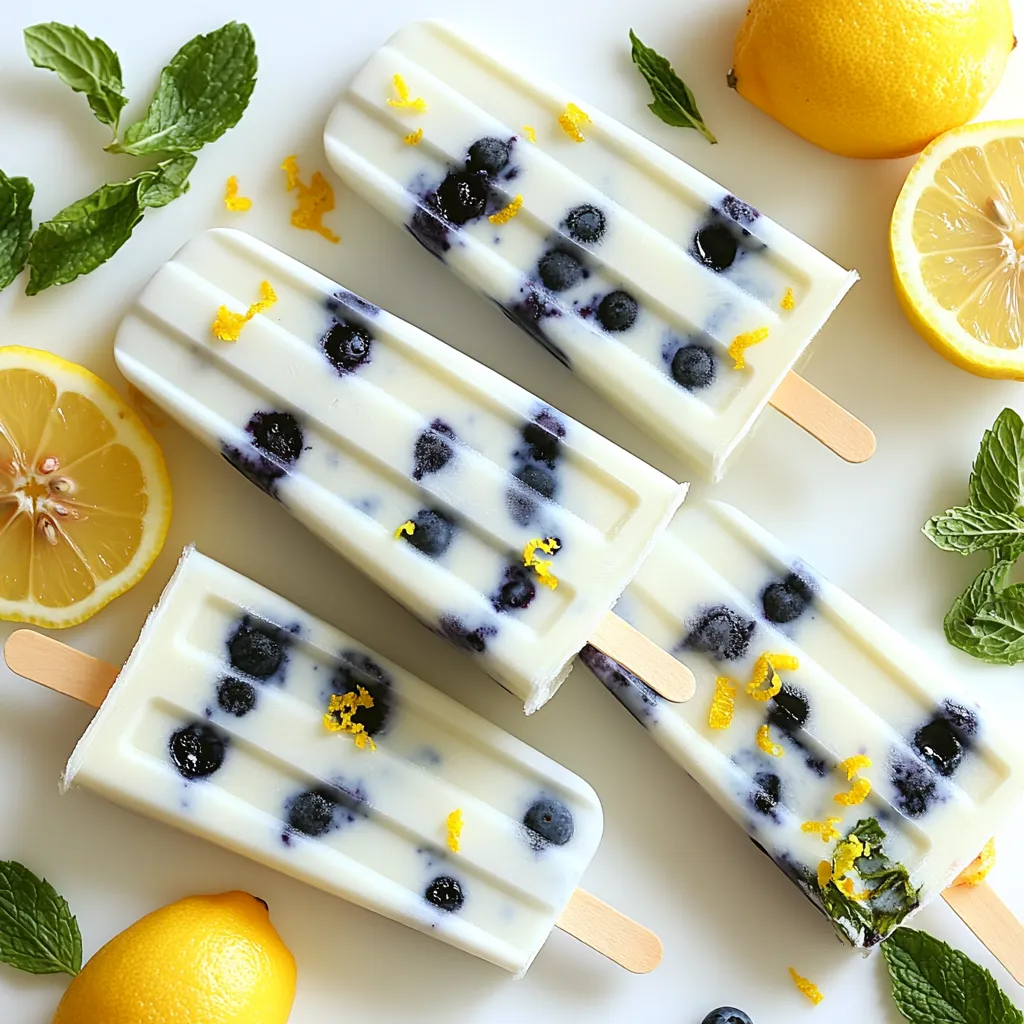 To make these tasty blueberry lemon yogurt popsicles, gather these fresh ingredients: - 2 cups fresh blueberries - 1 cup plain Greek yogurt - 1/2 cup honey (adjust for sweetness) - 1/4 cup freshly squeezed lemon juice - Zest of 1 lemon - 1/2 teaspoon vanilla extract These ingredients work well together. The blueberries give a sweet and tangy taste. Greek yogurt adds creaminess, while honey sweetens the mix. Fresh lemon juice and zest bring a bright, zesty flavor that makes these popsicles special. For a fun touch, consider adding these optional garnishes: - Fresh mint leaves Mint leaves add a pop of color and a fresh taste. You can place them on top of the popsicles before serving. This small step can make your treat look even better. You can easily adjust the ingredients to fit your needs. Here are some ideas: - Greek Yogurt: You can use regular yogurt if you prefer. - Honey: Maple syrup or agave can replace honey for a different sweetness. - Lemon Juice: Lime juice works well if you want a twist. Feel free to mix and match these substitutions. Making these popsicles your own can be fun and tasty! {{ingredient_image_1}} Start with 2 cups of fresh blueberries. Place them in a blender. Add 1 cup of plain Greek yogurt. Pour in 1/2 cup of honey. Add 1/4 cup of freshly squeezed lemon juice. Don’t forget the zest of 1 lemon! Finally, include 1/2 teaspoon of vanilla extract. Blend until the mixture is smooth and creamy. Taste it. If you want it sweeter, add more honey and blend again briefly. Grab your popsicle molds. Pour the blueberry mixture into each mold. Fill them about 3/4 full. This allows for expansion as they freeze. Insert popsicle sticks into the molds. Make sure they are centered. Now, it’s time to freeze them. Place the molds in your freezer for at least 4 to 6 hours. They need to be completely solid. Once frozen, it’s time to enjoy! To release the popsicles, run warm water over the outside of the molds. Do this for a few seconds. Then, gently pull on the sticks to remove the popsicles. For a nice touch, serve the popsicles with fresh mint leaves. This adds color and flavor, making them even more delightful! Taste is key when making blueberry lemon yogurt popsicles. I start with half a cup of honey. After blending, I taste the mixture. If it needs more sweetness, I add a little more honey. Blend again to mix. This way, you can customize the popsicles to fit your sweet tooth! To get that creamy texture, use plain Greek yogurt. It gives a rich taste and smooth feel. When blending, make sure all ingredients mix well. If your mixture seems too thick, add a splash of water or more lemon juice. This helps keep it smooth and easy to pour. If you have leftover ingredients, store them properly. Place unused blueberries in an airtight container in the fridge. Use them within a few days for best taste. For leftover yogurt, seal it in its original container. It stays fresh and ready for your next popsicle adventure! Pro Tips Choose Ripe Blueberries: For the best flavor, select ripe blueberries that are deep blue and plump. This will enhance the sweetness and taste of your popsicles. Adjusting Sweetness: Keep in mind that the sweetness of your popsicles can vary based on the ripeness of the blueberries. Start with the recommended amount of honey and adjust to your taste after blending. Experiment with Flavors: Feel free to mix in other fruits like strawberries or raspberries for a unique twist. Just make sure to maintain the same volume of fruit for the best texture. Easy Release Method: If you have trouble removing the popsicles from the molds, dip them briefly in warm water to loosen them. This helps prevent breakage and keeps your popsicles intact. {{image_2}} You can mix flavors to make your popsicles even more fun. Try adding strawberries or raspberries for a berry blend. Combine blueberries with peaches for a sweet twist. You can also add a splash of orange juice for a citrus kick. The key is to keep the balance of yogurt and fruit. This way, you get a creamy texture and great taste. If you want a dairy-free or vegan treat, use coconut yogurt instead of Greek yogurt. Coconut yogurt has a rich flavor that pairs well with blueberries. You can also use maple syrup instead of honey for sweetness. Just make sure the yogurt you choose is thick enough for popsicles. This keeps them from being too icy. Want to make your popsicles more exciting? Add some nuts or seeds! Chopped almonds or walnuts give a nice crunch. You can also sprinkle chia seeds into the mixture. They add fiber and nutrients too. Just remember to mix them in well before pouring into molds. This ensures every bite has a little surprise! Store your blueberry lemon yogurt popsicles in an airtight container. This helps keep them fresh. You can also wrap them in plastic wrap for extra protection. If you plan to eat them later, ensure they are sealed well to avoid ice crystals. These popsicles can last up to two months in the freezer. After this time, they may lose flavor and texture. It’s best to enjoy them within this period for the best taste. Always check for any signs of freezer burn before eating. After using your popsicle molds, wash them with warm soapy water. Rinse them well to remove any soap. You can also put them in the dishwasher if they are dishwasher-safe. Let the molds dry completely before using them again. This prevents any leftover moisture from affecting your next batch of popsicles. Yes, you can use frozen blueberries. They work well and offer a great taste. Just make sure to let them thaw a bit before blending. This helps the blender mix them smoothly. Frozen blueberries can also be more convenient and are often available year-round. The popsicles can last up to two months in the freezer. Just keep them in a sealed container to prevent freezer burn. If you see ice crystals forming, it’s time to toss them out. Enjoy them while they are fresh for the best flavor! To remove the popsicles, run warm water over the outside of the molds for a few seconds. This helps loosen the popsicles. Then, gently pull on the sticks to release them. Avoid using sharp tools to prevent breaking the popsicles or the molds. In this blog post, we explored how to make delicious blueberry popsicles. We covered ingredients, step-by-step instructions, and tips for great taste and texture. You learned about variations, storage info, and answers to common questions. Making these popsicles is fun and easy. You can adjust the sweetness and mix in flavors to suit your taste. Enjoy your fresh treats and feel free to share them with friends. Your popsicles will impress anyone who tries them.