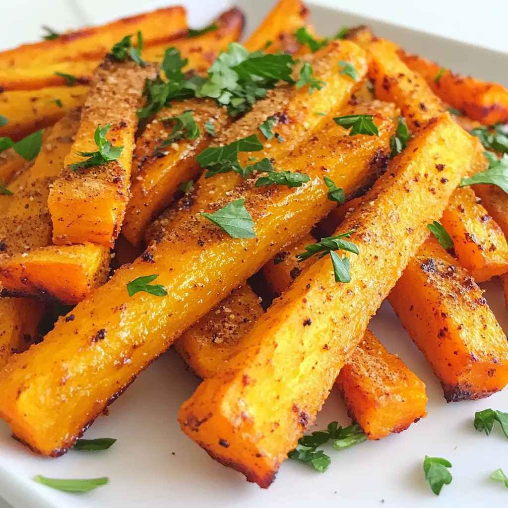 - 4 large carrots, peeled and cut into fry shapes - 2 tablespoons maple syrup - 1 tablespoon olive oil - 1 teaspoon ground cinnamon - ½ teaspoon paprika - ¼ teaspoon salt - ¼ teaspoon black pepper - Fresh parsley, chopped (for garnish) To get the best flavor, use proper measurements. For the carrots, cut them into even fry shapes. This helps them cook well. If you want more servings, simply double or triple the ingredients. Just be sure to keep the same ratios. For each new serving, adjust the maple syrup and spices to match. This keeps the taste balanced and delicious. {{ingredient_image_1}} Start by peeling the carrots. Use a vegetable peeler to remove the skin. This helps to get rid of any dirt or wax. Next, cut the carrots into fry shapes. Aim for thin, even pieces. This helps them cook well and get crispy. The ideal fry shape is about a quarter-inch thick. This size allows the glaze to stick and gives a nice crunch. In a large mixing bowl, combine the olive oil, maple syrup, ground cinnamon, paprika, salt, and black pepper. Mix well until the ingredients blend. This creates a tasty glaze for the fries. Toss the carrot fries in the bowl. Make sure they are fully coated. This ensures every bite is full of flavor. Preheat your oven to 425°F (220°C). Line a baking sheet with parchment paper for easy cleanup. Spread the carrot fries in a single layer on the sheet. Avoid overcrowding, as this helps them to crisp up. Bake for 20 to 25 minutes. Flip the fries halfway through cooking. They are done when they turn golden brown and become tender. Enjoy the sweet and spicy aroma filling your kitchen! To get your carrot fries crispy, space them well on the baking sheet. If they touch, they will steam and become soft. Lay them out in a single layer. This helps them cook evenly. When you bake them, flip the fries halfway through. This ensures that both sides get golden and crunchy. You can add more spices to boost the taste. Try garlic powder or chili powder for a kick. If you want a different sweetener, honey or agave syrup works well. These options add unique flavors to your fries. Dipping sauces make a fun addition to carrot fries. Try ranch dressing or a spicy mayo. You can also serve these fries as a side with grilled chicken or fish. They brighten up any meal and add a sweet crunch. Pro Tips Cut Uniformly: Ensure all carrot fries are cut to the same thickness for even cooking and consistent texture. Use Fresh Ingredients: Fresh carrots and high-quality maple syrup will enhance the flavor of your fries significantly. Don’t Overcrowd the Pan: Spread the carrot fries out in a single layer to allow for proper air circulation, resulting in crispier fries. Adjust Seasoning to Taste: Feel free to experiment with additional spices or adjust the sweetness of the glaze to suit your personal preference. {{image_2}} You can play with different veggies for your fries. Sweet potatoes make a great swap. They add a nice sweetness. Zucchini is another tasty choice. Slice them into fry shapes, just like the carrots. You can bake them using the same method. Thin veggies cook quicker. So, check them often! If you need gluten-free options, this recipe is perfect! All the ingredients are naturally gluten-free. For a vegan version, the recipe already fits. Maple syrup is vegan, and olive oil adds a nice touch. You can use any plant-based oil you prefer. Want to spice things up? You can add different spices to change the flavor. Try ground cumin or chili powder for a savory kick. If you love sweet and spicy, mix in a bit of cayenne pepper. The right blend makes the fries pop. To keep your maple glazed carrot fries fresh, store them in the fridge. Place them in an airtight container. This method helps keep them crunchy. You can store them for up to three days. After that, they may lose their texture and flavor. When you want to eat the leftovers, reheating is key. Use an oven to keep them crispy. Preheat your oven to 350°F (175°C). Place the fries on a baking sheet. Heat for about 10 to 15 minutes. Check them often to avoid burning. Avoid microwaving, as it makes them soggy. If you want to save them for later, freezing works well. First, let the carrot fries cool completely. Spread them out on a baking sheet. Freeze them for a few hours until solid. Then, transfer them to a freezer bag. They can stay frozen for up to three months. When you want to eat them, thaw overnight in the fridge. Reheat them in the oven as mentioned before. This helps bring back their crunchy texture and flavor. Enjoy your tasty snack anytime! Yes, you can use baby carrots. They save time since they require no peeling. However, they may not get as crispy as large carrot fries. Their flavor is milder, which might change the taste. If you prefer more crunch, stick with large carrots. To add heat, try these spices: - ½ teaspoon cayenne pepper - 1 teaspoon chili powder - 1 teaspoon garlic powder These spices give a good kick without overpowering the sweetness of maple syrup. Adjust to your heat preference. Yes, maple glazed carrot fries offer many benefits. Carrots are high in fiber, vitamins, and minerals. They help with vision and boost your immune system. Maple syrup adds natural sweetness, but use it in moderation. Olive oil provides healthy fats, good for your heart. Overall, they make a tasty and healthy snack choice! In this article, we explored how to make delicious maple glazed carrot fries. We discussed ingredients, measurement tips, and step-by-step instructions for preparation, baking, and serving. I shared techniques to achieve crispiness and enhance flavors. We also looked at variations like using different veggies and dietary adjustments. In the end, these tasty fries can fit any meal. Enjoy experimenting with flavors and share them with friends!