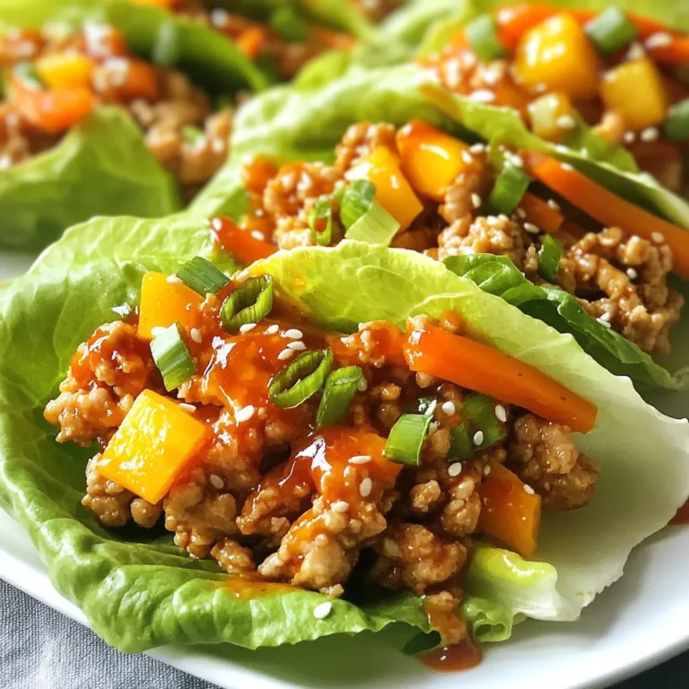 To make these tasty wraps, gather these main ingredients: - 1 pound ground chicken - 1 tablespoon olive oil - 1/2 cup red bell pepper, finely diced - 1/2 cup carrots, grated - 2 green onions, sliced - 2 cloves garlic, minced - 1 tablespoon fresh ginger, grated - 1/4 cup sweet chili sauce - 1 tablespoon soy sauce - 1 tablespoon rice vinegar - 1 teaspoon sesame oil - 1 head of butter lettuce, leaves separated These simple ingredients come together to create a flavor-packed dish. The ground chicken is the star, bringing protein and a nice texture. The red bell pepper and carrots add color and crunch. Garlic and ginger give it a warm and aromatic kick. You can enhance your wraps with these optional garnishes: - Sliced green onions - Sesame seeds These garnishes add a fresh touch and a bit of crunch. They make your dish look pretty and inviting. You will need some basic kitchen tools to prepare your wraps: - Large skillet - Wooden spoon - Small bowl These tools help you cook the chicken and mix the sauce easily. Having the right tools makes cooking faster and more fun. {{ingredient_image_1}} 1. Gather all your ingredients. You need ground chicken, olive oil, red bell pepper, carrots, green onions, garlic, ginger, sweet chili sauce, soy sauce, rice vinegar, and sesame oil. 2. Wash the red bell pepper and carrots. Dice the bell pepper and grate the carrots. 3. Slice the green onions and set them aside. 4. Mince the garlic and grate the ginger to release their flavors. 1. Heat the olive oil in a large skillet over medium heat. 2. Add the ground chicken and cook it. Break it apart with a wooden spoon. Cook until it turns brown, about 5-7 minutes. 3. Stir in the minced garlic and grated ginger. Cook for another 1-2 minutes until you smell their aroma. 4. Toss in the diced bell pepper and grated carrots. Sauté them for 3-4 minutes until they soften slightly. 5. In a small bowl, mix the sweet chili sauce, soy sauce, rice vinegar, and sesame oil. 6. Pour this sauce over the chicken mixture. Toss everything to coat evenly. 7. Cook for another 2-3 minutes. This allows the flavors to blend well. 8. Remove the skillet from heat. 1. Take a butter lettuce leaf and spoon some of the chicken mixture into the center. 2. Sprinkle sliced green onions and sesame seeds on top for extra flavor and crunch. 3. Fold the lettuce leaf around the filling and enjoy it as a tasty wrap. 4. Serve these wraps as a fun appetizer or main dish for your family and friends. When picking lettuce for wraps, look for fresh, crisp leaves. Butter lettuce is great because it is soft and holds the filling well. Make sure the leaves are bright green and free from brown spots. If you can, buy organic for the best taste and quality. Use a good skillet for even cooking. Start with medium heat and add olive oil first. This helps prevent sticking. Break the chicken apart with a wooden spoon as it cooks. It should be browned and cooked through in about 5-7 minutes. Stir in garlic and ginger to pump up the flavor. To boost the taste, use fresh ingredients. Green onions and sesame seeds make great toppings. You can add lime juice for extra zing. If you like heat, toss in some red pepper flakes. Mix in fresh herbs like cilantro for a fresh, vibrant touch. These little tweaks make your wraps even more tasty. Pro Tips Use Fresh Ingredients: Fresh vegetables and herbs enhance the flavor of your wraps, making them more vibrant and delicious. Adjust Spice Level: If you prefer a milder flavor, reduce the amount of sweet chili sauce or add some lime juice for a tangy twist. Make Ahead: Prepare the chicken mixture in advance and store it in the fridge for a quick meal or snack later in the week. Choose the Right Lettuce: Butter lettuce is ideal for wraps due to its flexibility and cup-like shape, but you can also use romaine for a crunchier option. {{image_2}} You can easily make sweet chili chicken lettuce wraps vegetarian or vegan. Use mushrooms or lentils instead of chicken. Both options give a nice texture. For mushrooms, chop them finely and sauté until soft. Lentils can be cooked until tender and mixed with the same sauce. This way, you keep the flavor while making it suitable for all diets. If you want to switch up the protein, try ground turkey or beef. Both meats work well with the sweet chili sauce. You could also use shrimp, which adds a nice seafood twist. Cook shrimp until they turn pink, then mix in the same veggies and sauce. This keeps your wraps tasty and full of options. You can add more flavor with different sauces. Try sriracha for a spicy kick. Hoisin sauce gives a sweet and savory taste. You can mix soy sauce with lime juice for a fresh twist. Each sauce brings a unique flavor to your wraps. Don't be afraid to experiment and find what you like best! To keep your sweet chili chicken lettuce wraps fresh, first let them cool. Place the chicken mixture in an airtight container. You can store it in the fridge for up to three days. Keep the lettuce leaves separate. This helps the leaves stay crisp and fresh. When you're ready to enjoy your leftovers, heat the chicken mixture. You can use a microwave or a skillet. If using a microwave, heat for 1-2 minutes until hot. Stir halfway to ensure even heating. If using a skillet, heat over medium heat for about 5 minutes. Stir often until warm. You can also freeze the chicken mixture for later. Place it in a freezer-safe container. It can last up to three months in the freezer. When you want to use it, thaw it in the fridge overnight. Reheat it before serving with fresh lettuce wraps. Sweet chili sauce is a tasty blend of sugar, vinegar, and chili peppers. It has a sweet flavor with a mild heat. You can find it in most grocery stores. This sauce adds a great kick to your dishes. I love using it in my Sweet Chili Chicken Lettuce Wraps. It brings all the flavors together. Yes, you can use other types of lettuce. Butter lettuce is great for wraps, but you might try romaine or iceberg. Both options are crunchy and hold the filling well. Choose whatever you like best. Each type will give your wraps a different texture and taste. To make your Sweet Chili Chicken Lettuce Wraps gluten-free, swap out the soy sauce. Use gluten-free soy sauce or tamari instead. This change keeps the flavor while avoiding gluten. Check the sweet chili sauce label too. Some brands may add gluten, so choose wisely. Enjoy your wraps without worry! In this post, we covered sweet chili chicken lettuce wraps. You learned about key ingredients, optional garnishes, and tools you need. I walked you through easy steps for prep, cooking, and serving. We also explored tips for choosing lettuce and cooking ground chicken. You can enjoy variations like vegetarian options or different sauces too. Lastly, I shared storage tips to keep your wraps fresh. Now you have all the info to make delicious wraps at home!