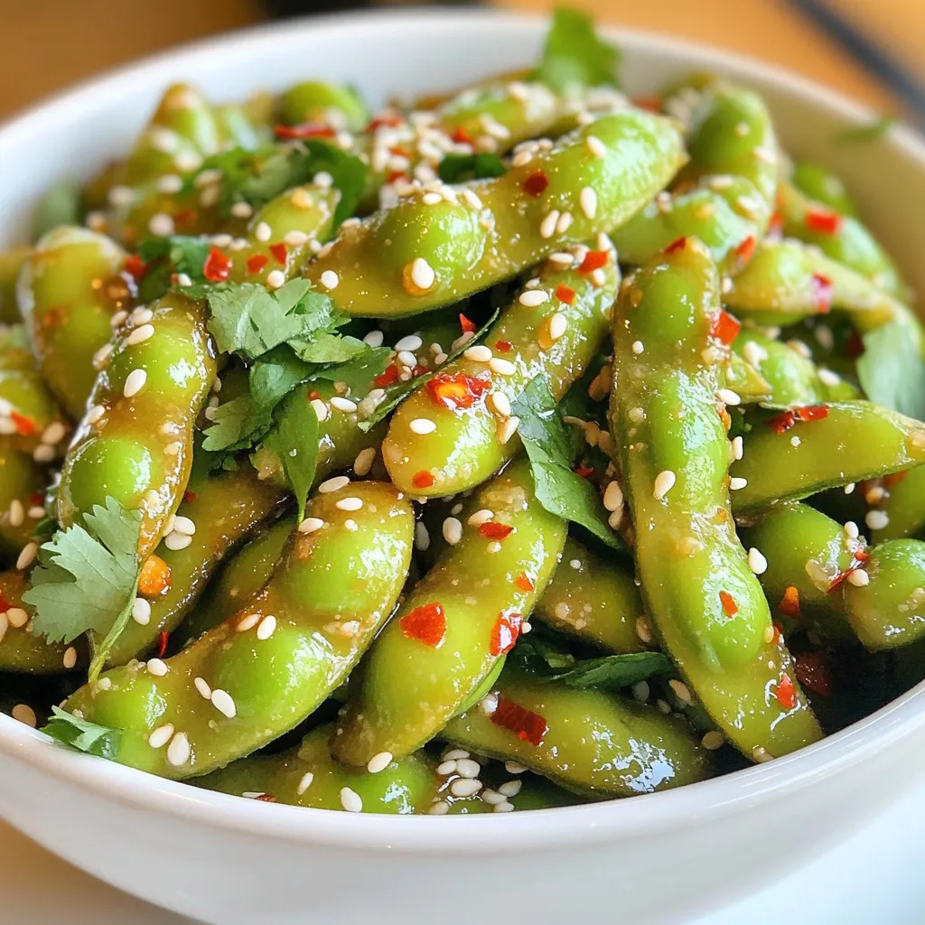 - 1 pound edamame in pods (fresh or frozen) - 4 cloves garlic, minced - 2 tablespoons sesame oil - 1 tablespoon soy sauce - 1 teaspoon chili flakes (adjust to taste) - 1 tablespoon freshly squeezed lime juice - 1 teaspoon honey (or agave syrup for a vegan option) - Sesame seeds for garnish - Fresh cilantro for garnish (optional) Each ingredient in this recipe offers unique benefits. Edamame is high in protein and fiber, making it a great snack. Garlic adds flavor and may boost your immune system. Sesame oil gives a rich taste and healthy fats. Soy sauce adds umami and saltiness. Lime juice brightens the dish and adds vitamin C. Honey or agave syrup adds a touch of sweetness, balancing the spice. If you don’t have edamame, green peas work well. For garlic, you can use garlic powder, but fresh is best. If sesame oil is unavailable, olive oil is a good alternative. Use tamari instead of soy sauce for a gluten-free option. Lemon juice can replace lime juice. If you prefer no sweetness, skip the honey or agave syrup. {{ingredient_image_1}} To start, you need to cook the edamame. If you have frozen edamame, follow the package instructions. Usually, this takes a few minutes. If you have fresh edamame, bring a pot of salted water to a boil. Add the edamame pods and cook for about 5-7 minutes. You want them tender but still bright green. Once done, drain them and set them aside. Next, grab a large skillet and heat 2 tablespoons of sesame oil over medium heat. Once hot, add 4 cloves of minced garlic. Sauté the garlic for about 1 minute. You want it to smell good but not brown. That’s the key to keeping the garlic sweet and fresh. Now, it’s time to add flavor. Stir in 1 tablespoon of soy sauce, 1 teaspoon of chili flakes, 1 tablespoon of lime juice, and 1 teaspoon of honey. This mix gives the edamame a nice kick and sweetness. Now that your sauce is ready, add the cooked edamame to the skillet. Toss everything together for about 2-3 minutes. This helps coat the edamame well with the sauce. After that, taste the dish. If you want more heat, sprinkle in extra chili flakes. Once satisfied, transfer the spicy garlic edamame to a serving bowl. Finish with a sprinkle of sesame seeds and fresh cilantro if you like. Enjoy this easy and flavorful snack! To make your spicy garlic edamame shine, focus on the garlic. Use fresh, minced garlic to get a strong taste. You can also try adding ginger for a zesty twist. Adjust chili flakes to your liking. If you want more heat, add more flakes. A splash of lime juice adds brightness, so don't skip it. For a touch of sweetness, honey works well. You can also use agave syrup for a vegan option. One common mistake is overcooking the edamame. This can make them mushy. Cook them just until tender. If using frozen edamame, follow package instructions closely. Another mistake is not seasoning enough. Always taste your dish before serving. You can always add more soy sauce or chili flakes. Lastly, don’t forget the garnish! Sesame seeds and cilantro add both flavor and beauty. You can serve spicy garlic edamame as a snack or a side dish. Pair it with rice or noodles for a full meal. It also goes well with drinks like beer or sake. For a fun twist, serve it with a dipping sauce like spicy mayo. This adds another layer of flavor. Enjoy this dish warm for the best taste. Pro Tips Choose Fresh Edamame: Fresh edamame has a superior texture and flavor compared to frozen. If available, opt for fresh pods for the best results. Adjust Spice Level: Feel free to customize the heat by adjusting the amount of chili flakes. Start with a small amount, taste, and add more if desired. Garnish for Presentation: Adding sesame seeds and fresh cilantro not only enhances the dish's appearance but also adds layers of flavor. Don’t skip this step! Perfectly Cooked Edamame: Ensure the edamame is cooked but still has a slight crunch. Overcooking can make them mushy and less enjoyable. {{image_2}} You can mix edamame with other veggies for extra flavor and nutrition. Try adding bell peppers, carrots, or snap peas. Chop them small so they cook quickly. Sauté the extra veggies with garlic before adding the edamame. This combo brings a colorful plate and a variety of textures. This recipe is easy to make vegan and gluten-free. Use agave syrup instead of honey for a vegan option. For gluten-free soy sauce, try tamari. This way, everyone can enjoy this tasty snack. Just check labels to ensure all your ingredients fit your diet. Adjust the spice level to suit your taste. If you love heat, add more chili flakes. For a milder option, start with half a teaspoon. You can also use sriracha or hot sauce for a different kick. Taste after mixing, and add more spice if needed. This makes the dish perfect for anyone. To keep your spicy garlic edamame fresh, place it in an airtight container. Make sure it cools to room temperature before sealing it. Store it in the fridge for up to three days. This way, you can enjoy the flavors later. Reheat the edamame in a skillet. Add a splash of sesame oil to keep it moist. Heat over medium until warm, stirring occasionally. You can also microwave it for quick reheating, but keep it covered to avoid drying out. If you want to freeze edamame, place leftovers in a freezer bag. Remove as much air as possible before sealing. You can freeze them for up to three months. When ready to use, thaw in the fridge overnight or cook directly from frozen. Edamame are young soybeans. They are green, tender, and packed with protein. You can buy them in pods or shelled. They are a great snack or side dish. You can find them fresh or frozen in stores. Edamame is often enjoyed in Asian cuisines. It is nutritious and fun to eat. To make your spicy garlic edamame even hotter, add more chili flakes. Start with an extra half teaspoon and taste. You could also add fresh chopped chili peppers. If you like heat, try using spicy soy sauce. Another option is to mix in some sriracha or chili paste. Adjust the spice to fit your taste buds. Yes, you can use dried garlic. It will change the flavor slightly. Use about 1 teaspoon of garlic powder for each clove. Mix it in with the other ingredients when cooking. Fresh garlic gives a stronger flavor, but dried works too. Just remember that dried garlic can taste different. In this post, we covered all about making a great edamame dish. We discussed the ingredients, their benefits, and how to make smart substitutions. Step-by-step, we walked through preparing and cooking fresh edamame. I shared tips to enhance the flavor, avoid mistakes, and serve it well. Variations let you customize spice levels or keep it vegan. Finally, I gave storage tips to keep leftovers fresh. Now you have the tools to make a tasty edamame dish any time. Enjoy experimenting and sharing your creations!