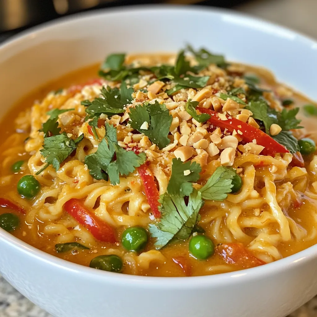 - 2 packets of instant ramen noodles (discard seasoning packets) - 1 cup coconut milk - 1/2 cup crunchy peanut butter - 2 tablespoons soy sauce - 1 tablespoon lime juice - 1 tablespoon sriracha (adjust to taste) - 1 tablespoon brown sugar - 1 red bell pepper, thinly sliced - 1 cup snap peas, trimmed - 2 green onions, chopped - Fresh cilantro for garnish - Crushed peanuts for topping Gathering the right ingredients is key to making Spicy Thai Peanut Ramen. I love using instant ramen noodles because they cook quickly and provide a great base. For the sauce, I use creamy coconut milk and crunchy peanut butter. The combo gives a rich and nutty flavor. Soy sauce adds depth, while lime juice brightens the dish. I use sriracha for heat, and brown sugar balances the spiciness. Red bell pepper and snap peas add crunch and color. Green onions, cilantro, and crushed peanuts make perfect toppings. Each ingredient plays a role in making this meal tasty and appealing. When you mix them, you create a bowl of flavor that warms the soul. This dish is not just easy to make; it’s also fun to customize with your favorite toppings or extras! {{ingredient_image_1}} 1. Start by bringing 4 cups of water to a boil in a large pot. 2. Once the water is boiling, add 2 packets of instant ramen noodles. 3. Cook the noodles for 3-4 minutes. They should be tender but not mushy. 4. Drain the noodles and set them aside. 1. In the same pot, combine 1 cup of coconut milk and 1/2 cup of crunchy peanut butter. 2. Heat over low while stirring until the mixture is smooth. 3. Now, add 2 tablespoons of soy sauce, 1 tablespoon of lime juice, 1 tablespoon of sriracha, and 1 tablespoon of brown sugar. 4. Mix well until everything is combined. Adjust the spice by adding more sriracha if you like it hot. 1. Add your thinly sliced red bell pepper and trimmed snap peas to the sauce. 2. Cook for an additional 2-3 minutes. The veggies should be slightly tender but still have a nice crunch. 1. Toss the cooked ramen noodles back into the pot. 2. Gently mix the noodles with the sauce and veggies until everything is well coated. 3. Serve hot, and don’t forget to garnish with chopped green onions, fresh cilantro, and crushed peanuts. You can easily change how spicy your ramen is. To do this, modify the amount of sriracha. Start with one tablespoon. If you want more heat, add more sriracha little by little. You might consider using other spices too. A pinch of cayenne can add a nice kick. You can also try chili flakes for a different flavor. To make a smoother sauce, mix the coconut milk and peanut butter well. Heat them on low to help them blend. Stir until you see no lumps. Balancing flavors is key. Taste as you go. If it’s too sweet, add more lime juice. If it’s too salty, a bit of brown sugar can help. Garnishing is fun! Add fresh cilantro and crushed peanuts on top. This makes your ramen look vibrant and tasty. For serving, use deep bowls. This adds to the dish’s appeal. A good visual can make the meal even more enjoyable! Pro Tips Use Fresh Ingredients: Fresh vegetables enhance the flavor and texture of the dish. Opt for vibrant, crisp bell peppers and snap peas for the best results. Adjust Spice Level: Feel free to adjust the amount of sriracha based on your spice preference. Start with a smaller amount and increase gradually to suit your taste. Enhance with Toppings: In addition to crushed peanuts and cilantro, consider adding lime wedges or sesame seeds for an extra burst of flavor and texture. Make it a Meal: For a heartier dish, add cooked chicken, shrimp, or tofu to the ramen for additional protein and nutrition. {{image_2}} You can add protein to your Spicy Thai Peanut Ramen for a heartier meal. Try chicken, tofu, or shrimp. Each option brings its own flavor and texture. - Chicken: Cook bite-sized pieces in a pan until golden. Add them to the sauce before tossing with noodles. - Tofu: Press and cube the tofu. Sauté it until crispy, then mix it in at the end. - Shrimp: Sear shrimp in a pan until they turn pink. Add them to the ramen right before serving. These proteins pair well with the rich peanut sauce. Crunchy vegetables add freshness to the dish. You can mix in different veggies based on your taste or what’s in season. - Broccoli: Cut into small florets and steam for a few minutes. - Carrots: Thinly slice or julienne them for a nice crunch. - Zucchini: Spiralize it or slice it thinly and add during the last minute of cooking. Seasonal veggies keep your dish exciting and colorful. Need a vegan or gluten-free version? No problem! You can easily adapt this recipe. - Vegan-friendly ingredients: Use plant-based peanut butter and swap soy sauce for tamari. This keeps the dish tasty and suitable for vegans. - Gluten-free noodle options: Look for gluten-free ramen noodles made from rice or buckwheat. They work great in this recipe. These changes ensure everyone can enjoy this delicious ramen. To keep your leftover spicy Thai peanut ramen fresh, store it right. Use airtight containers. This helps keep the noodles and sauce from drying out. Place the ramen in the fridge within two hours of cooking. It stays good for about three days. Always label the container with the date. This helps you track its freshness. To reheat your ramen, use a pot or a microwave. If using a pot, add a splash of water or coconut milk. This keeps it from drying out. Stir gently over low heat until warm. If you use a microwave, heat in short bursts. Stir between each burst to ensure even heating. To refresh the sauce, add a bit more lime juice or soy sauce. This brightens the flavors. You can freeze cooked ramen and sauce for later. Let them cool completely. Then, place them in freezer-safe bags or containers. Remove as much air as you can. This prevents freezer burn. To thaw, leave them in the fridge overnight. For reheating, use a pot or microwave as mentioned above. Add fresh veggies and toppings for a tasty meal. Yes, you can! While instant ramen noodles are easy and quick, other options exist. You can use rice noodles for a gluten-free choice. Egg noodles offer a rich taste and texture. Soba noodles made from buckwheat provide a nutty flavor. Just adjust the cooking time based on the noodle type. If you need a substitute for coconut milk, there are good options. Dairy milk works, but it will change the flavor. Almond milk or oat milk can be great non-dairy choices. For a creamier texture, use cashew cream or soy milk. Each will give a unique taste to your ramen. To lower the heat, you can reduce the sriracha. Start with a smaller amount and add more if needed. You can also add a bit of sugar or extra coconut milk to balance the spice. Adding more vegetables helps too. They can tone down the spice while keeping your dish tasty. Yes, this ramen can be kid-friendly! To make it milder, cut back on the sriracha. You can also leave it out altogether if your kids are very sensitive to spice. Adding more veggies like carrots or broccoli adds color and crunch without heat. Kids love fun textures, so serve it in a colorful bowl! This blog post shared a tasty ramen recipe using simple ingredients and easy steps. You learned how to cook the noodles, make a spicy peanut sauce, and add fresh veggies. I offered tips to adjust spice levels and suggested fun variations. Now it’s your turn to try this unique dish. Explore different ingredients and enjoy making it your own. Whether it's for family or friends, you will impress everyone with this vibrant meal. Enjoy your cooking!