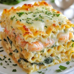 - 12 lasagna noodles - 1 pound large shrimp, peeled and deveined - 4 tablespoons unsalted butter - 4 cloves garlic, minced - 1/2 teaspoon red pepper flakes - 1 cup heavy cream - 1 cup grated Parmesan cheese - 1 cup shredded mozzarella cheese - 2 cups fresh spinach, roughly chopped - 1 tablespoon lemon juice - Salt and pepper to taste - Fresh parsley, chopped (for garnish) Each ingredient plays a special role in making this dish perfect. - Lasagna noodles: These form the layers of the dish. Choose regular or no-boil noodles based on your preference. - Shrimp: Large shrimp give a nice bite and flavor. They cook quickly, adding protein to the dish. - Butter: Unsalted butter adds richness. It is key for sautéing and making the cream sauce. - Garlic: Fresh garlic provides a strong, savory flavor. It pairs well with seafood. - Red pepper flakes: These add a little heat, balancing the rich flavors. - Heavy cream: This makes the sauce creamy and smooth. It binds everything together. - Parmesan cheese: This cheese adds depth and a savory bite. It melts beautifully in the sauce. - Mozzarella cheese: This cheese tops the dish, giving it a gooey, cheesy finish. - Fresh spinach: Spinach adds color and nutrition. It wilts down, blending well. - Lemon juice: This brightens the flavors and adds a fresh twist. If you have allergies or preferences, here are some great swaps: - Shrimp: Use chicken or firm tofu for a different protein. - Butter: Replace with olive oil or vegan butter for a dairy-free option. - Heavy cream: Use coconut cream for a dairy-free alternative. - Parmesan cheese: Nutritional yeast can give a cheesy flavor without dairy. - Mozzarella cheese: Try a plant-based mozzarella to keep it dairy-free. - Spinach: Kale or Swiss chard can also work well in this dish. {{ingredient_image_1}} Start by boiling a large pot of salted water. Once it boils, add the lasagna noodles. Cook them according to the package until they are al dente, usually about 8-10 minutes. Drain the noodles and set them aside. Be careful not to overcook them, or the lasagna will be mushy. In a large skillet over medium heat, melt 2 tablespoons of butter. Add the minced garlic and stir for about 1 minute. The aroma will fill your kitchen, and it will smell amazing! Next, add the shrimp and red pepper flakes. Cook until the shrimp turn pink and opaque, which takes about 3-4 minutes. Once done, remove the shrimp from the skillet and set them aside. Using the same skillet, add the remaining butter and pour in the heavy cream. Stir the mixture and let it cook on low heat for about 3-4 minutes. You want it to thicken a bit. After that, add the lemon juice, salt, and pepper. Remove the skillet from the heat, then mix in the grated Parmesan cheese until it melts smoothly into the sauce. Grab a 9x13 inch baking dish. Start by spreading a layer of the cream sauce on the bottom. Place three lasagna noodles on top of the sauce. Next, layer half of the shrimp and half of the chopped spinach. Add another layer of cream sauce. Repeat this with another three noodles, the remaining shrimp, and spinach. Finish with the last three noodles and top with the rest of the cream sauce. Don’t forget to sprinkle the shredded mozzarella cheese on top. Preheat your oven to 375°F (190°C). Cover the lasagna with aluminum foil and bake for 25 minutes. After that, remove the foil and bake for an extra 15 minutes. The top should be bubbly and golden brown. Let it sit for about 10 minutes before slicing. This helps the layers set nicely, making it easier to serve. To get the best shrimp, use large, fresh shrimp. Make sure they are peeled and deveined. When cooking, heat your skillet to medium. Add butter and garlic first. Cook the garlic for one minute, then add the shrimp. Cook until they turn pink, about 3 to 4 minutes. Avoid overcooking, as shrimp can become tough. Remove shrimp from heat right away. Layering is key to a great lasagna. Start with a thin layer of cream sauce on the bottom. Place three lasagna noodles next. Add half of the shrimp and half of the spinach. Spread another layer of sauce over that. Repeat this process. Finish with three noodles and the last of the sauce. Top it off with mozzarella cheese. This helps create a creamy and tasty dish. When serving your lasagna, let it sit for 10 minutes. This helps it hold its shape. Garnish with fresh parsley for a pop of color. Serve with a light salad for balance. A crisp green salad pairs well, adding freshness. For drinks, a chilled white wine works great. Enjoy your meal with friends or family for a fun evening! Pro Tips Perfectly Cooked Shrimp: Make sure not to overcook the shrimp. They should be pink and opaque, which takes about 3-4 minutes. Overcooking can lead to rubbery shrimp. Layering for Flavor: To enhance the flavor, add a sprinkle of Parmesan cheese between each layer of noodles. This will create a more flavorful lasagna. Make Ahead: You can assemble the lasagna a day in advance and keep it in the refrigerator. Just add a few extra minutes to the baking time if baking straight from the fridge. Garnish for Freshness: Fresh parsley not only adds a pop of color but also brings a fresh flavor to the dish. Don’t skip this step for a beautiful presentation. {{image_2}} You can boost flavor and nutrition by adding vegetables. Spinach works great, but you can choose others. Try mushrooms, zucchini, or bell peppers. Slice them thin. Sauté with garlic before adding to the lasagna. This adds color and taste. You can use any veggies you like. Just make sure they are cooked before layering. If shrimp is not your favorite, you have options. Chicken or scallops are great substitutes. You can also use firm tofu for a vegetarian twist. Cook them the same way as the shrimp. Season well with garlic and spices. This keeps the dish flavorful and fun. Feel free to mix different proteins too. Making this dish dairy-free or vegan is easy. Use plant-based butter and cream. You can find many brands that work well. For cheese, look for dairy-free options. Nutritional yeast adds a cheesy flavor, too. Also, make sure your shrimp or protein is plant-based. This way, everyone can enjoy the meal. To keep your Garlic Butter Shrimp Scampi Lasagna fresh, let it cool first. Then, place it in an airtight container. Make sure to store it in the fridge. It should stay good for about 3 to 4 days. If you want to divide the lasagna, you can cut it into portions. This makes it easy to grab a quick meal later. When you’re ready to eat leftovers, reheat them properly. You can use the oven or microwave. For the oven, preheat it to 350°F (175°C). Cover the lasagna with foil to keep it moist. Heat for about 20-25 minutes or until warm. If you use the microwave, place a portion in a microwave-safe dish. Heat it in short bursts, about 1-2 minutes, checking in between. Freezing is a great option if you want to save some lasagna for later. First, let it cool completely. Then, wrap it tightly in plastic wrap and foil or place it in a freezer-safe container. It will stay good for about 2-3 months in the freezer. When you’re ready to eat, thaw it overnight in the fridge before reheating. Yes, you can prepare this lasagna ahead of time. Just assemble it but do not bake it. Cover the dish tightly with plastic wrap or foil. You can store it in the fridge for up to 24 hours. When you're ready to bake, take it out and allow it to sit at room temperature for about 30 minutes. Then, bake as directed. Garlic Butter Shrimp Scampi Lasagna pairs well with a fresh salad or garlic bread. A simple arugula salad with lemon vinaigrette adds a nice crunch. You can also serve it with a side of steamed veggies or roasted asparagus for a balanced meal. Baking this lasagna takes about 40 minutes. First, cover it with foil and bake at 375°F (190°C) for 25 minutes. Then, remove the foil and bake for an additional 15 minutes to get a nice golden top. Yes, you can use frozen shrimp. Just make sure to thaw them first before cooking. Place them in the fridge overnight or run them under cold water for quick thawing. Once thawed, peel and devein them if needed. Then, follow the recipe as usual. To keep your lasagna from being watery, use a thick cream sauce and drain any excess liquid from the shrimp. You can also add less spinach or sauté it first to reduce moisture. Finally, let the lasagna sit for a few minutes after baking. This helps the layers set and makes for cleaner slices. This blog covers how to make a delicious Garlic Butter Shrimp Scampi Lasagna. We’ve explored ingredients and shared key details about each. You learned about substitutes for allergies and preferences. The step-by-step guide takes you through cooking, sautéing shrimp, making sauce, and assembling everything. With tips for perfect shrimp and layering, you'll impress your guests. Don’t forget the variations for added flair! Lastly, proper storage tips ensure you enjoy every bite later. Now, you can create a tasty lasagna that shines at any meal. Enjoy your cooking adventure!