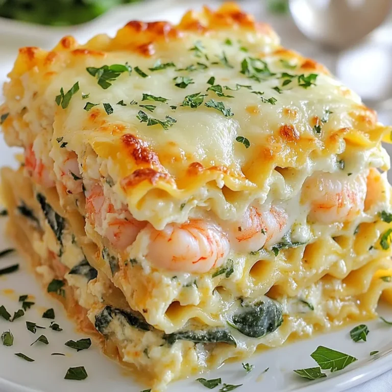 - 12 lasagna noodles - 1 pound large shrimp, peeled and deveined - 4 tablespoons unsalted butter - 4 cloves garlic, minced - 1/2 teaspoon red pepper flakes - 1 cup heavy cream - 1 cup grated Parmesan cheese - 1 cup shredded mozzarella cheese - 2 cups fresh spinach, roughly chopped - 1 tablespoon lemon juice - Salt and pepper to taste - Fresh parsley, chopped (for garnish) Each ingredient plays a special role in making this dish perfect. - Lasagna noodles: These form the layers of the dish. Choose regular or no-boil noodles based on your preference. - Shrimp: Large shrimp give a nice bite and flavor. They cook quickly, adding protein to the dish. - Butter: Unsalted butter adds richness. It is key for sautéing and making the cream sauce. - Garlic: Fresh garlic provides a strong, savory flavor. It pairs well with seafood. - Red pepper flakes: These add a little heat, balancing the rich flavors. - Heavy cream: This makes the sauce creamy and smooth. It binds everything together. - Parmesan cheese: This cheese adds depth and a savory bite. It melts beautifully in the sauce. - Mozzarella cheese: This cheese tops the dish, giving it a gooey, cheesy finish. - Fresh spinach: Spinach adds color and nutrition. It wilts down, blending well. - Lemon juice: This brightens the flavors and adds a fresh twist. If you have allergies or preferences, here are some great swaps: - Shrimp: Use chicken or firm tofu for a different protein. - Butter: Replace with olive oil or vegan butter for a dairy-free option. - Heavy cream: Use coconut cream for a dairy-free alternative. - Parmesan cheese: Nutritional yeast can give a cheesy flavor without dairy. - Mozzarella cheese: Try a plant-based mozzarella to keep it dairy-free. - Spinach: Kale or Swiss chard can also work well in this dish. {{ingredient_image_1}} Start by boiling a large pot of salted water. Once it boils, add the lasagna noodles. Cook them according to the package until they are al dente, usually about 8-10 minutes. Drain the noodles and set them aside. Be careful not to overcook them, or the lasagna will be mushy. In a large skillet over medium heat, melt 2 tablespoons of butter. Add the minced garlic and stir for about 1 minute. The aroma will fill your kitchen, and it will smell amazing! Next, add the shrimp and red pepper flakes. Cook until the shrimp turn pink and opaque, which takes about 3-4 minutes. Once done, remove the shrimp from the skillet and set them aside. Using the same skillet, add the remaining butter and pour in the heavy cream. Stir the mixture and let it cook on low heat for about 3-4 minutes. You want it to thicken a bit. After that, add the lemon juice, salt, and pepper. Remove the skillet from the heat, then mix in the grated Parmesan cheese until it melts smoothly into the sauce. Grab a 9x13 inch baking dish. Start by spreading a layer of the cream sauce on the bottom. Place three lasagna noodles on top of the sauce. Next, layer half of the shrimp and half of the chopped spinach. Add another layer of cream sauce. Repeat this with another three noodles, the remaining shrimp, and spinach. Finish with the last three noodles and top with the rest of the cream sauce. Don’t forget to sprinkle the shredded mozzarella cheese on top. Preheat your oven to 375°F (190°C). Cover the lasagna with aluminum foil and bake for 25 minutes. After that, remove the foil and bake for an extra 15 minutes. The top should be bubbly and golden brown. Let it sit for about 10 minutes before slicing. This helps the layers set nicely, making it easier to serve. To get the best shrimp, use large, fresh shrimp. Make sure they are peeled and deveined. When cooking, heat your skillet to medium. Add butter and garlic first. Cook the garlic for one minute, then add the shrimp. Cook until they turn pink, about 3 to 4 minutes. Avoid overcooking, as shrimp can become tough. Remove shrimp from heat right away. Layering is key to a great lasagna. Start with a thin layer of cream sauce on the bottom. Place three lasagna noodles next. Add half of the shrimp and half of the spinach. Spread another layer of sauce over that. Repeat this process. Finish with three noodles and the last of the sauce. Top it off with mozzarella cheese. This helps create a creamy and tasty dish. When serving your lasagna, let it sit for 10 minutes. This helps it hold its shape. Garnish with fresh parsley for a pop of color. Serve with a light salad for balance. A crisp green salad pairs well, adding freshness. For drinks, a chilled white wine works great. Enjoy your meal with friends or family for a fun evening! Pro Tips Perfectly Cooked Shrimp: Make sure not to overcook the shrimp. They should be pink and opaque, which takes about 3-4 minutes. Overcooking can lead to rubbery shrimp. Layering for Flavor: To enhance the flavor, add a sprinkle of Parmesan cheese between each layer of noodles. This will create a more flavorful lasagna. Make Ahead: You can assemble the lasagna a day in advance and keep it in the refrigerator. Just add a few extra minutes to the baking time if baking straight from the fridge. Garnish for Freshness: Fresh parsley not only adds a pop of color but also brings a fresh flavor to the dish. Don’t skip this step for a beautiful presentation. {{image_2}} You can boost flavor and nutrition by adding vegetables. Spinach works great, but you can choose others. Try mushrooms, zucchini, or bell peppers. Slice them thin. Sauté with garlic before adding to the lasagna. This adds color and taste. You can use any veggies you like. Just make sure they are cooked before layering. If shrimp is not your favorite, you have options. Chicken or scallops are great substitutes. You can also use firm tofu for a vegetarian twist. Cook them the same way as the shrimp. Season well with garlic and spices. This keeps the dish flavorful and fun. Feel free to mix different proteins too. Making this dish dairy-free or vegan is easy. Use plant-based butter and cream. You can find many brands that work well. For cheese, look for dairy-free options. Nutritional yeast adds a cheesy flavor, too. Also, make sure your shrimp or protein is plant-based. This way, everyone can enjoy the meal. To keep your Garlic Butter Shrimp Scampi Lasagna fresh, let it cool first. Then, place it in an airtight container. Make sure to store it in the fridge. It should stay good for about 3 to 4 days. If you want to divide the lasagna, you can cut it into portions. This makes it easy to grab a quick meal later. When you’re ready to eat leftovers, reheat them properly. You can use the oven or microwave. For the oven, preheat it to 350°F (175°C). Cover the lasagna with foil to keep it moist. Heat for about 20-25 minutes or until warm. If you use the microwave, place a portion in a microwave-safe dish. Heat it in short bursts, about 1-2 minutes, checking in between. Freezing is a great option if you want to save some lasagna for later. First, let it cool completely. Then, wrap it tightly in plastic wrap and foil or place it in a freezer-safe container. It will stay good for about 2-3 months in the freezer. When you’re ready to eat, thaw it overnight in the fridge before reheating. Yes, you can prepare this lasagna ahead of time. Just assemble it but do not bake it. Cover the dish tightly with plastic wrap or foil. You can store it in the fridge for up to 24 hours. When you're ready to bake, take it out and allow it to sit at room temperature for about 30 minutes. Then, bake as directed. Garlic Butter Shrimp Scampi Lasagna pairs well with a fresh salad or garlic bread. A simple arugula salad with lemon vinaigrette adds a nice crunch. You can also serve it with a side of steamed veggies or roasted asparagus for a balanced meal. Baking this lasagna takes about 40 minutes. First, cover it with foil and bake at 375°F (190°C) for 25 minutes. Then, remove the foil and bake for an additional 15 minutes to get a nice golden top. Yes, you can use frozen shrimp. Just make sure to thaw them first before cooking. Place them in the fridge overnight or run them under cold water for quick thawing. Once thawed, peel and devein them if needed. Then, follow the recipe as usual. To keep your lasagna from being watery, use a thick cream sauce and drain any excess liquid from the shrimp. You can also add less spinach or sauté it first to reduce moisture. Finally, let the lasagna sit for a few minutes after baking. This helps the layers set and makes for cleaner slices. This blog covers how to make a delicious Garlic Butter Shrimp Scampi Lasagna. We’ve explored ingredients and shared key details about each. You learned about substitutes for allergies and preferences. The step-by-step guide takes you through cooking, sautéing shrimp, making sauce, and assembling everything. With tips for perfect shrimp and layering, you'll impress your guests. Don’t forget the variations for added flair! Lastly, proper storage tips ensure you enjoy every bite later. Now, you can create a tasty lasagna that shines at any meal. Enjoy your cooking adventure!