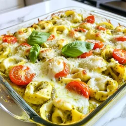 For this dish, I use 12 oz of cheese tortellini. You can pick fresh or frozen tortellini. They add a nice, soft texture. The cheese inside brings a rich flavor to the bake. Next, I combine 1 cup of heavy cream with 1 cup of store-bought basil pesto. The cream makes the sauce rich and smooth. The pesto adds a burst of fresh, herby flavor. Together, they create the perfect creamy sauce for the tortellini. You'll need some more ingredients to make this bake shine. Gather 1 cup of halved cherry tomatoes. They add sweetness and color. Also, use 1 cup of shredded mozzarella cheese and 1/2 cup of grated Parmesan cheese for that cheesy goodness. Don't forget 2 cloves of minced garlic for flavor and 1 teaspoon of Italian seasoning for extra taste. Lastly, season with salt and pepper to your liking. Fresh basil leaves will be great for garnish. All these ingredients work together to create a dish that's simple yet bursting with flavor. {{ingredient_image_1}} First, I preheat my oven to 375°F (190°C). This sets the stage for baking. Next, I cook the cheese tortellini as per the package. If using frozen tortellini, it may take a bit longer. Once cooked, I drain it and set it aside. This step ensures our pasta is soft and ready for the sauce. In a large mixing bowl, I pour in the heavy cream. Then, I add one cup of store-bought basil pesto. I also include minced garlic, Italian seasoning, salt, and pepper. I whisk everything together until the sauce is creamy and well-mixed. This sauce will coat the tortellini and add rich flavor. I gently fold the cooked tortellini and halved cherry tomatoes into the creamy pesto sauce. Then, I transfer this mixture into a greased 9x13 inch baking dish. It’s important to spread it out evenly. On top, I sprinkle shredded mozzarella and grated Parmesan cheese. This creates a cheesy crust. I bake the dish for 20-25 minutes. I wait until the cheese is bubbly and golden brown. After baking, I let it cool for a few minutes. Finally, I garnish with fresh basil leaves. This adds a pop of color and flavor. To get the best tortellini, follow the package instructions closely. Fresh tortellini cooks faster than frozen. Cook them in salted water to enhance the flavor. Once they float, they are done. Drain them well to avoid extra water in your bake. For a creamy texture, mix heavy cream and pesto well. Whisking helps blend them smoothly. Add minced garlic for flavor. If the sauce feels thick, a splash of pasta water can loosen it. This keeps the dish rich and creamy. When you sprinkle cheese on top, use a mix of mozzarella and Parmesan. Mozzarella melts beautifully, while Parmesan adds flavor. Bake until the cheese is bubbly and golden brown. Let it cool a bit before serving. This helps the cheese set and prevents burns. Pro Tips Use Fresh Tortellini: If available, opt for fresh cheese tortellini for a more delicate texture and flavor. Customize Your Pesto: Feel free to blend in some nuts or cheese into your store-bought pesto for a richer taste. Veggie Add-ins: Enhance the dish by adding sautéed spinach or mushrooms for extra nutrition and flavor. Let It Rest: Allow the bake to sit for a few minutes after baking to help it set, making it easier to serve. {{image_2}} You can easily make this dish vegetarian. Simply skip any meat or seafood. The cheese tortellini already brings a rich flavor. Add more veggies like spinach or bell peppers. They will boost taste and color. You can also use zucchini or mushrooms for added texture. Want to pack in some protein? You can add cooked chicken or shrimp. Just stir them into the creamy pesto mix. Cooked sausage or ground beef also works well. This way, you turn a side dish into a main meal. It will fill you up and satisfy your hunger. If you want to change the cheese, go for it! Try using feta or goat cheese for a tangy twist. These cheeses melt nicely and add a different flavor. You can also use a vegan cheese if you prefer. Just ensure it melts well for a creamy finish. After enjoying your creamy pesto tortellini bake, let it cool down. Store leftovers in an airtight container. This helps keep the dish fresh. In the fridge, it stays good for about 3 to 4 days. If you want to enjoy it later, refrigerate it as soon as possible. To reheat your tortellini bake, you have a few options. The best way is to use the oven. Preheat the oven to 350°F (175°C). Place the dish in the oven for about 15 to 20 minutes. Check if it’s hot all the way through. You can also use the microwave. Heat it in short bursts of 1 minute. Stir between each burst to avoid hot spots. You can freeze your creamy pesto tortellini bake for later. To do this, let it cool completely. Cover it tightly with plastic wrap or foil. You can also use a freezer-safe container. It will stay fresh in the freezer for about 2 to 3 months. When you’re ready to eat, thaw it in the fridge overnight. Then, reheat it in the oven or microwave as mentioned before. Yes, you can use homemade pesto! It adds a fresh and vibrant taste. Just blend fresh basil, garlic, nuts, cheese, and olive oil. You can adjust the flavors to your liking. Homemade pesto often has a more intense flavor than store-bought. This makes your dish even more special. If you need a substitute for heavy cream, try using half-and-half or whole milk. You can also use coconut cream for a dairy-free option. For a lighter version, blend low-fat milk with a bit of butter. Each choice will change the texture and taste a bit. Just keep in mind that the sauce may not be as rich. The Creamy Pesto Tortellini Bake will last about 3 to 5 days in the fridge. Make sure it’s in an airtight container. When you’re ready to eat, check for freshness. If it looks or smells off, it’s best to toss it. Reheat it gently in the oven or microwave for the best taste. In this blog post, we explored how to make a tasty Creamy Pesto Tortellini Bake. We talked about key ingredients like cheese tortellini and cream. The step-by-step guide made baking easy and fun. I shared tips for the best results, like cooking tortellini correctly. You can also mix in protein or try different cheeses. For storage, remember to use the fridge or freezer wisely. This dish is simple, delicious, and perfect for sharing. Try it out, and enjoy your tasty creation!