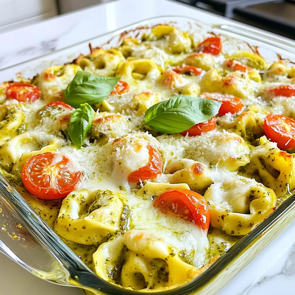 For this dish, I use 12 oz of cheese tortellini. You can pick fresh or frozen tortellini. They add a nice, soft texture. The cheese inside brings a rich flavor to the bake. Next, I combine 1 cup of heavy cream with 1 cup of store-bought basil pesto. The cream makes the sauce rich and smooth. The pesto adds a burst of fresh, herby flavor. Together, they create the perfect creamy sauce for the tortellini. You'll need some more ingredients to make this bake shine. Gather 1 cup of halved cherry tomatoes. They add sweetness and color. Also, use 1 cup of shredded mozzarella cheese and 1/2 cup of grated Parmesan cheese for that cheesy goodness. Don't forget 2 cloves of minced garlic for flavor and 1 teaspoon of Italian seasoning for extra taste. Lastly, season with salt and pepper to your liking. Fresh basil leaves will be great for garnish. All these ingredients work together to create a dish that's simple yet bursting with flavor. {{ingredient_image_1}} First, I preheat my oven to 375°F (190°C). This sets the stage for baking. Next, I cook the cheese tortellini as per the package. If using frozen tortellini, it may take a bit longer. Once cooked, I drain it and set it aside. This step ensures our pasta is soft and ready for the sauce. In a large mixing bowl, I pour in the heavy cream. Then, I add one cup of store-bought basil pesto. I also include minced garlic, Italian seasoning, salt, and pepper. I whisk everything together until the sauce is creamy and well-mixed. This sauce will coat the tortellini and add rich flavor. I gently fold the cooked tortellini and halved cherry tomatoes into the creamy pesto sauce. Then, I transfer this mixture into a greased 9x13 inch baking dish. It’s important to spread it out evenly. On top, I sprinkle shredded mozzarella and grated Parmesan cheese. This creates a cheesy crust. I bake the dish for 20-25 minutes. I wait until the cheese is bubbly and golden brown. After baking, I let it cool for a few minutes. Finally, I garnish with fresh basil leaves. This adds a pop of color and flavor. To get the best tortellini, follow the package instructions closely. Fresh tortellini cooks faster than frozen. Cook them in salted water to enhance the flavor. Once they float, they are done. Drain them well to avoid extra water in your bake. For a creamy texture, mix heavy cream and pesto well. Whisking helps blend them smoothly. Add minced garlic for flavor. If the sauce feels thick, a splash of pasta water can loosen it. This keeps the dish rich and creamy. When you sprinkle cheese on top, use a mix of mozzarella and Parmesan. Mozzarella melts beautifully, while Parmesan adds flavor. Bake until the cheese is bubbly and golden brown. Let it cool a bit before serving. This helps the cheese set and prevents burns. Pro Tips Use Fresh Tortellini: If available, opt for fresh cheese tortellini for a more delicate texture and flavor. Customize Your Pesto: Feel free to blend in some nuts or cheese into your store-bought pesto for a richer taste. Veggie Add-ins: Enhance the dish by adding sautéed spinach or mushrooms for extra nutrition and flavor. Let It Rest: Allow the bake to sit for a few minutes after baking to help it set, making it easier to serve. {{image_2}} You can easily make this dish vegetarian. Simply skip any meat or seafood. The cheese tortellini already brings a rich flavor. Add more veggies like spinach or bell peppers. They will boost taste and color. You can also use zucchini or mushrooms for added texture. Want to pack in some protein? You can add cooked chicken or shrimp. Just stir them into the creamy pesto mix. Cooked sausage or ground beef also works well. This way, you turn a side dish into a main meal. It will fill you up and satisfy your hunger. If you want to change the cheese, go for it! Try using feta or goat cheese for a tangy twist. These cheeses melt nicely and add a different flavor. You can also use a vegan cheese if you prefer. Just ensure it melts well for a creamy finish. After enjoying your creamy pesto tortellini bake, let it cool down. Store leftovers in an airtight container. This helps keep the dish fresh. In the fridge, it stays good for about 3 to 4 days. If you want to enjoy it later, refrigerate it as soon as possible. To reheat your tortellini bake, you have a few options. The best way is to use the oven. Preheat the oven to 350°F (175°C). Place the dish in the oven for about 15 to 20 minutes. Check if it’s hot all the way through. You can also use the microwave. Heat it in short bursts of 1 minute. Stir between each burst to avoid hot spots. You can freeze your creamy pesto tortellini bake for later. To do this, let it cool completely. Cover it tightly with plastic wrap or foil. You can also use a freezer-safe container. It will stay fresh in the freezer for about 2 to 3 months. When you’re ready to eat, thaw it in the fridge overnight. Then, reheat it in the oven or microwave as mentioned before. Yes, you can use homemade pesto! It adds a fresh and vibrant taste. Just blend fresh basil, garlic, nuts, cheese, and olive oil. You can adjust the flavors to your liking. Homemade pesto often has a more intense flavor than store-bought. This makes your dish even more special. If you need a substitute for heavy cream, try using half-and-half or whole milk. You can also use coconut cream for a dairy-free option. For a lighter version, blend low-fat milk with a bit of butter. Each choice will change the texture and taste a bit. Just keep in mind that the sauce may not be as rich. The Creamy Pesto Tortellini Bake will last about 3 to 5 days in the fridge. Make sure it’s in an airtight container. When you’re ready to eat, check for freshness. If it looks or smells off, it’s best to toss it. Reheat it gently in the oven or microwave for the best taste. In this blog post, we explored how to make a tasty Creamy Pesto Tortellini Bake. We talked about key ingredients like cheese tortellini and cream. The step-by-step guide made baking easy and fun. I shared tips for the best results, like cooking tortellini correctly. You can also mix in protein or try different cheeses. For storage, remember to use the fridge or freezer wisely. This dish is simple, delicious, and perfect for sharing. Try it out, and enjoy your tasty creation!