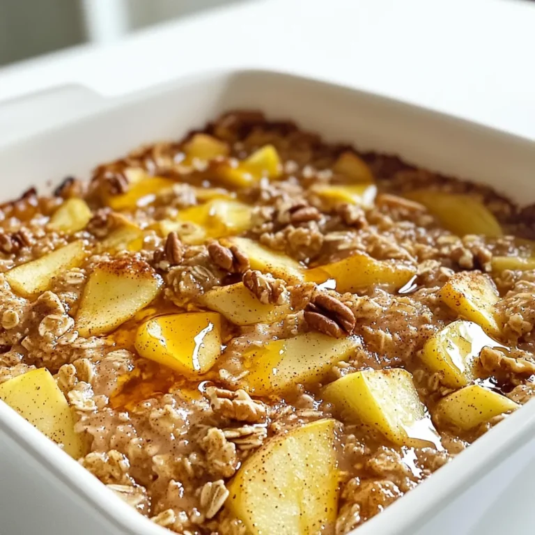 To make this tasty dish, gather the following items: - 2 cups rolled oats - 2 cups almond milk (or any milk of choice) - 2 large apples, peeled and diced (preferably Granny Smith for tartness) - 1/2 cup brown sugar or coconut sugar - 1/4 cup pure maple syrup - 1/2 teaspoon vanilla extract - 2 teaspoons cinnamon - 1 teaspoon baking powder - 1/4 teaspoon salt - 1/2 cup walnuts, chopped (optional) - 1/4 cup raisins or dried cranberries (optional) - 1 tablespoon coconut oil or butter, for greasing the baking dish You can switch out some items if needed. For the rolled oats, you can use gluten-free oats. Almond milk can be swapped with cow's milk, soy milk, or oat milk. Brown sugar can change to coconut sugar for a healthier option. If you prefer no sugar, use ripe bananas for sweetness. You can also leave out the nuts or dried fruit if you want a simpler bake. Choosing the right apples makes a big difference. Look for firm apples with a shiny skin. Granny Smith apples add a nice tartness and hold their shape well. For a sweeter option, you can use Honeycrisp or Fuji apples. Always smell the apple; it should have a pleasant, sweet aroma. Avoid any with bruises or soft spots, as they may not be fresh. Start by preheating your oven to 350°F (175°C). Grab a 9x9 inch baking dish. Grease it with coconut oil or butter. This step keeps the bake from sticking. Make sure to cover all corners for best results. Next, take a large bowl. Add 2 cups of rolled oats. Then, sprinkle in 2 teaspoons of cinnamon, 1 teaspoon of baking powder, and 1/4 teaspoon of salt. Use a spoon to mix these dry ingredients well. This helps the cinnamon and baking powder spread evenly. In another bowl, pour in 2 cups of almond milk. Add 1/2 cup of brown sugar and 1/4 cup of pure maple syrup. Include 1/2 teaspoon of vanilla extract for flavor. Whisk these together until everything blends smoothly. This mixture adds moisture and sweetness. Now, pour the wet mixture into the bowl with dry ingredients. Stir until it's all mixed well. Then, fold in 2 large diced apples, 1/2 cup of chopped walnuts, and 1/4 cup of raisins or dried cranberries if you like. Make sure everything is coated evenly. Pour the entire mixture into your prepared baking dish. Spread it out evenly. Bake in the oven for 30-35 minutes. Look for a golden brown top that feels firm but moist in the center. Once baked, take it out and let it cool for a few minutes. Then, slice it up and enjoy! You can easily change the sweetness in this dish. If you like it sweeter, add more brown sugar or maple syrup. If you prefer less sweetness, reduce these ingredients. Taste the mixture before baking. This way, you can adjust it to your liking. For a great texture, use rolled oats instead of quick oats. Rolled oats give a chewy bite. Make sure to bake until the top is golden brown. The center should feel firm yet moist. If it looks too dry, it might need more liquid next time. Spices can take your oatmeal bake to a new level. Try adding nutmeg or ginger for warmth. You could also mix in some vanilla extract for a nice touch. If you love nuts, consider adding a pinch of chopped walnuts or pecans. Each spice and nut will add a unique flavor. {{image_2}} You can easily make this dish dairy-free. Just use almond milk or any other plant-based milk. For gluten-free options, pick certified gluten-free rolled oats. These swaps keep the dish tasty and healthy. Feel free to get creative with your mix-ins. You can add nuts, like pecans or almonds, for crunch. Dried fruits, like apricots or figs, add sweetness. If you want a chocolate twist, toss in some dark chocolate chips. The options are endless! Toppings can take your Cinnamon Apple Oatmeal Bake up a notch. Drizzle extra maple syrup on top for sweetness. A dollop of yogurt adds creaminess and tang. You can also sprinkle some nuts or seeds for added crunch. Fresh apple slices make a great side! To store leftovers, let the oatmeal bake cool completely. Cut it into squares, then place them in an airtight container. For best results, keep it in the fridge. It stays fresh for about 4 to 5 days. If you want to keep it longer, consider freezing. To reheat, take a square of the oatmeal bake from the fridge. You can use a microwave or an oven. If using a microwave, heat for about 30 to 45 seconds. For the oven, preheat it to 350°F (175°C) and warm for about 10 minutes. Add a splash of milk or water to keep it moist. For longer storage, you can freeze the oatmeal bake. Wrap each square in plastic wrap and then place them in a freezer-safe bag. This method helps prevent freezer burn. It can last up to 3 months in the freezer. To eat, just thaw in the fridge overnight and reheat. Yes, you can use other fruits. Pears, bananas, or berries work well. Each fruit adds its own flavor. If using bananas, mash them first. For berries, toss them in whole. Adjust the sugar based on the fruit's sweetness. Absolutely! You can prepare this recipe ahead. Mix the dry and wet ingredients and store them separately. Combine them just before baking for freshness. You can also bake it in advance. Just store it in the fridge and reheat before serving. To make this recipe vegan, use almond milk or any plant-based milk. Replace eggs with flaxseed meal or applesauce. Swap honey or dairy sugar with maple syrup or coconut sugar. This keeps the dish plant-based and delicious. You can use quick oats, but the texture will change. Quick oats absorb more liquid, making the bake softer. Rolled oats give a chewier texture. If using quick oats, reduce the baking time slightly to avoid overcooking. This blog post covered everything you need for a tasty Cinnamon Apple Oatmeal Bake. We explored key ingredients, easy steps, helpful tips, and creative variations. You learned how to make it your own with substitutions and flavor boosts. Remember, you can store leftovers or freeze them for later. This dish is simple to prepare and fun to share. Enjoy baking and experimenting with your favorite flavors!