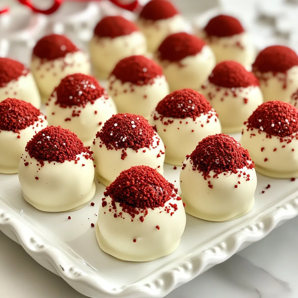 To make Red Velvet Oreo Truffles, you need a few key items: - 1 package of red velvet cake mix - 1/2 cup butter, melted - 1/2 cup cream cheese, softened - 1 cup crushed Oreo cookies (plus extra for rolling) - 1 teaspoon vanilla extract - 1 1/2 cups white chocolate chips - 1 tablespoon coconut oil These ingredients work together to create a rich and tasty treat. If you need to change something, here are some ideas: - Swap the red velvet cake mix with chocolate cake mix for a different flavor. - Use margarine instead of butter if you want a dairy-free option. - For a vegan version, replace cream cheese with a nut-based cheese. - You can use any other cookie like chocolate wafers instead of Oreos. These changes can help you enjoy these truffles no matter your needs. To make the process easy, gather these tools: - Large mixing bowl - Microwave-safe bowl - Parchment paper - Baking sheet - Spoon or cookie scoop - Plastic wrap Having the right tools makes cooking smooth and fun! {{ingredient_image_1}} To start, grab a large bowl. Combine one package of red velvet cake mix and half a cup of melted butter. Stir well until you blend everything. Next, add half a cup of softened cream cheese, one cup of crushed Oreo cookies, and one teaspoon of vanilla extract. Mix until it forms a thick dough. This step brings together rich flavors. The cream cheese adds creaminess, while the Oreos give a nice crunch. Once your mixture is ready, cover the bowl with plastic wrap. Place it in the fridge for about 30 minutes. This helps firm up the mixture. After chilling, scoop out tablespoon-sized portions. Roll each portion into balls with your hands. Place the truffles on a parchment-lined baking sheet. This part is fun and easy! Once shaped, return the truffles to the fridge for another 20 minutes. This makes sure they hold their shape better when you dip them in chocolate. While waiting, it's time to melt the white chocolate. In a microwave-safe bowl, add one and a half cups of white chocolate chips and one tablespoon of coconut oil. Heat in the microwave, stirring every 30 seconds until smooth. This step is key for a nice, even coating. Once melted, dip each truffle in the white chocolate. Let any excess drip off before rolling them in extra crushed Oreo cookies. This adds a tasty, crunchy layer. Place the dipped truffles back on the parchment-lined sheet. Finally, refrigerate them for about 10 to 15 minutes. This will set the chocolate coating perfectly. To get the right mix for your truffles, focus on blending. Mix the red velvet cake mix and melted butter well. The dough should feel thick but not dry. When you add cream cheese, it helps make the truffles creamy. If the dough is too soft, chill it for a bit longer. This helps it firm up nicely. Make your truffles stand out! Use a fancy platter to show them off. Dust the top with extra crushed Oreos for a fun look. Add some edible glitter to make them sparkle. You can even place them in cute cupcake liners. This adds a nice touch when serving at parties. Watch out for a few common errors. First, don’t skip the chilling steps. Chilling the dough helps you shape nice balls. Second, be careful when melting chocolate. Stir every 30 seconds and don’t rush it. Lastly, avoid over-dipping the truffles in chocolate. Too much chocolate can hide the red velvet flavor. Stick with a light coat for the best taste. Pro Tips Chill Thoroughly: Make sure to chill the truffle mixture for at least 30 minutes. This will help the truffles hold their shape when rolling and dipping. Use Quality Chocolate: Opt for high-quality white chocolate for melting. It will give your truffles a smooth and glossy finish. Experiment with Flavors: Add a dash of almond extract or peppermint extract to the mixture for a unique twist on the classic flavor. Storage Tips: Store the finished truffles in an airtight container in the refrigerator. They can last up to a week, but they're best enjoyed fresh! {{image_2}} You can switch up the coating for your truffles. Instead of white chocolate, try dark chocolate or milk chocolate. Each type gives a unique taste. You can also roll the truffles in crushed nuts, sprinkles, or even shredded coconut. These coatings add crunch and color. Try using colored chocolate melts for fun looks. You can match the colors to a party theme! Want to mix things up? Add different flavors to your truffles. Instead of just vanilla, use almond or mint extract for a twist. You can also fold in mini chocolate chips or butterscotch chips into the dough. For a fruity spin, add some raspberry or strawberry puree. Each flavor brings a new experience to the truffles. You can make these truffles vegan and gluten-free. Use a gluten-free cake mix instead of regular cake mix. Swap the butter for coconut oil or vegan butter. For cream cheese, try a vegan cream cheese alternative. Choose dairy-free chocolate chips for coating. These swaps keep the truffles tasty and fun for everyone! To keep your Red Velvet Oreo Truffles fresh, store them in an airtight container. Place a sheet of parchment paper between layers if you stack them. This way, they won't stick together. Keep the container in the fridge to maintain their creamy texture. Avoid leaving them at room temperature for long. The heat can ruin their shape and taste. When stored properly, these truffles last about one week in the fridge. After a week, they may lose some flavor and texture. If they look or smell off, it's best to discard them. Always check for freshness before enjoying your treats. You can freeze Red Velvet Oreo Truffles for up to three months. First, place them on a baking sheet and freeze until firm. This stops them from sticking together. Once frozen, transfer them to a freezer-safe bag. Be sure to remove as much air as possible. When you want to enjoy them, thaw the truffles in the fridge overnight. This keeps them tasty and safe to eat. Yes, you can use homemade red velvet cake. Just crumble it into small pieces. Mix it with butter, cream cheese, and Oreos as directed in the recipe. This will give your truffles a fresh taste. Homemade cake can add a special touch to your treats. If you need a cream cheese substitute, use Greek yogurt or mascarpone cheese. Greek yogurt will add a tangy flavor and keep the truffles moist. Mascarpone will give a rich and creamy texture. Both options work well and keep your truffles delicious. To melt white chocolate, use a microwave-safe bowl. Heat the chocolate in short bursts of 30 seconds. Stir the chocolate after each burst. This helps it melt evenly and prevents burning. You can also use a double boiler if you prefer a stovetop method. Just stir gently until smooth. Red Velvet Oreo Truffles are fun and easy to make. You learned about the key ingredients and helpful tools needed for preparation. We explored step-by-step instructions for mixing, chilling, and coating your truffles. Tips on texture and serving ideas will help you impress. You can create fun variations and store them safely to enjoy later. With these insights, you'll make delicious treats that everyone will love. Now, it's time to get in the kitchen and create your own sweet memories!