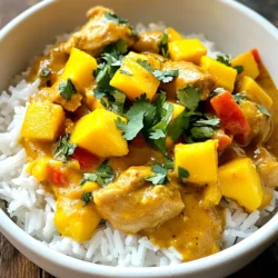 You need a few key items for this dish: - 1 lb (450g) boneless chicken thighs, cut into bite-sized pieces - 1 ripe mango, diced - 1 onion, finely chopped - 3 cloves garlic, minced - 1 tablespoon fresh ginger, grated - 1 can (14 oz) coconut milk - 2 tablespoons curry powder - 1 teaspoon turmeric - 1 teaspoon cumin - 1 tablespoon vegetable oil - Salt and pepper to taste These ingredients bring out the sweet and spicy flavors that make this curry special. The chicken thighs add rich taste, while the mango gives a fresh twist. For added flair, consider these options: - Fresh cilantro, chopped (for garnish) - Cooked jasmine rice (for serving) The cilantro adds color and a fresh taste. Jasmine rice is perfect to soak up the curry sauce. You can swap some ingredients if needed: - Chicken: Use boneless chicken breast for a leaner option. - Mango: Substitute with pineapple for a different sweet flavor. - Coconut milk: Almond milk can work, but it will change the taste. These substitutions let you customize the dish to your liking. You can enjoy this curry even if you have different items at home! {{ingredient_image_1}} Start by gathering your ingredients. You will need: - 1 lb (450g) boneless chicken thighs, cut into bite-sized pieces - 1 ripe mango, diced - 1 onion, finely chopped - 3 cloves garlic, minced - 1 tablespoon fresh ginger, grated - 1 can (14 oz) coconut milk - 2 tablespoons curry powder - 1 teaspoon turmeric - 1 teaspoon cumin - 1 tablespoon vegetable oil - Salt and pepper to taste - Fresh cilantro, chopped (for garnish) - Cooked jasmine rice (for serving) Next, chop your onion and mince the garlic. Grate the ginger, too. Dice your mango into small pieces. Having everything ready makes cooking easier. Heat the vegetable oil in a large skillet over medium heat. Add the chopped onion and cook for about five minutes. The onion should be soft and clear. Then, stir in the minced garlic and grated ginger. Cook for one more minute until you smell a great aroma. Now, add the chicken pieces to the skillet. Season them with salt and pepper. Cook the chicken for about five to seven minutes. You want it to turn brown on all sides. This step adds a nice flavor. Next, sprinkle the curry powder, turmeric, and cumin over the chicken. Mix well to coat each piece evenly with the spices. This is where the magic starts! Pour in the coconut milk and stir it all together. Bring the mixture to a gentle simmer. Now, add the diced mango to the skillet. Stir it into the curry and let it simmer for 15 to 20 minutes. The chicken should be cooked through and tender when done. Taste your curry and adjust the seasoning with more salt and pepper if needed. To serve, spoon the Mango Tango Chicken Curry over a bed of fluffy jasmine rice. This adds a great texture. For a pop of color, sprinkle freshly chopped cilantro on top. You can also add a slice of mango on the side for extra flair. Enjoy your delicious meal! To make your Mango Chicken Curry even tastier, add a pinch of extra spices. Try adding cardamom for warmth or cinnamon for sweetness. A little chili powder can give it a kick, too. Mix in some fresh lime juice for brightness. This will make your dish pop with flavor. Use a large skillet for even cooking. Make sure to sauté the onions until they turn golden. This step builds a rich base for your curry. When you add ginger and garlic, stir quickly to avoid burning. Keep the heat moderate and let the coconut milk simmer gently. This helps all the flavors blend well. Serve your Mango Chicken Curry over fluffy jasmine rice. This absorbs the delicious sauce nicely. Garnish with fresh cilantro for color and flavor. You can also add a slice of mango on the side for a fun touch. If you like, serve with warm naan bread for dipping. Pro Tips Use Ripe Mango: Ensure your mango is ripe and sweet for the best flavor in your curry. A firm but slightly soft texture indicates it's ready to use. Adjust Spice Level: If you prefer a spicier curry, add a pinch of cayenne pepper or sliced chili peppers to the dish. Start with a small amount and adjust to taste. Simmer for Flavor: Allow the curry to simmer longer for deeper flavors. The longer it simmers, the more the spices meld together, enhancing the overall taste. Garnish Creatively: Elevate presentation by garnishing with not just cilantro, but also thinly sliced red chili or lime wedges for a fresh pop of color. {{image_2}} You can easily make a vegetarian or vegan version of mango chicken curry. For a tasty substitute, use chickpeas or tofu instead of chicken. Both options soak up flavors well and add protein. Replace coconut milk with cashew cream for a rich texture. Use vegetable broth to keep it light. Adding extra veggies like bell peppers or spinach can enhance the dish. This way, you get a colorful and nutritious meal. If you prefer your curry mild or spicy, adjusting the spice level is simple. Start with less curry powder and add more to taste. You can also include fresh chili peppers or red pepper flakes for heat. If the dish gets too spicy, adding more coconut milk can help tame it. Balance is key, so taste as you go and adjust based on your preference. Besides chicken, you can try different proteins in your curry. Shrimp, fish, or even lentils work well. For shrimp, cook them until pink and tender for a quick option. Fish like tilapia or salmon can add a nice flavor and cook fast too. Lentils provide a hearty, plant-based option. They will take longer to cook, so make sure to simmer until tender. Each protein choice brings its own flair to the mango curry. To store your leftover Mango Chicken Curry, let it cool first. Then, place it in an airtight container. Make sure to seal it well. Store the curry in the fridge for up to three days. If you want to keep it longer, freezing is a great option. If you choose to freeze the curry, use a freezer-safe container. Leave some space at the top for expansion. You can also use freezer bags for easy storage. Label each bag with the date. This way, you know how long it has been in the freezer. The curry can last up to three months in the freezer. To reheat your Mango Chicken Curry, take it out of the fridge or freezer. If frozen, thaw it overnight in the fridge. For reheating, you can use a saucepan over medium heat. Stir it often to make sure it heats evenly. If it seems too thick, add a splash of coconut milk or water. You can also use a microwave. Heat it in short bursts, stirring in between. Enjoy your curry warm, over jasmine rice! Yes, you can use frozen mango. Just thaw it before adding to the curry. This method saves time, and frozen mango still tastes great. The sweetness and texture may change a bit. However, it will still blend well with the spices and chicken. I recommend serving this curry with jasmine rice. The fluffy rice soaks up the sauce nicely. You can also add naan bread for a fun twist. A simple salad with cucumber and tomato adds freshness. For a crunch, consider serving poppadoms or vegetable samosas. This dish is already gluten-free if you follow the recipe. Ensure your curry powder and any other spices are gluten-free. Pair it with rice instead of bread to keep it safe. Always check labels for hidden gluten in packaged foods. In this blog post, we explored how to make Mango Chicken Curry, from ingredients to storage. You learned about key ingredients and helpful tips for cooking and serving. We also discussed variations, like vegetarian options and spice levels. Remember, cooking is about fun and flavor. Don’t hesitate to experiment with spices and sides. Enjoy making this dish and sharing it with others. Each bite should transport you to a sunny place, bursting with taste. Happy cooking!