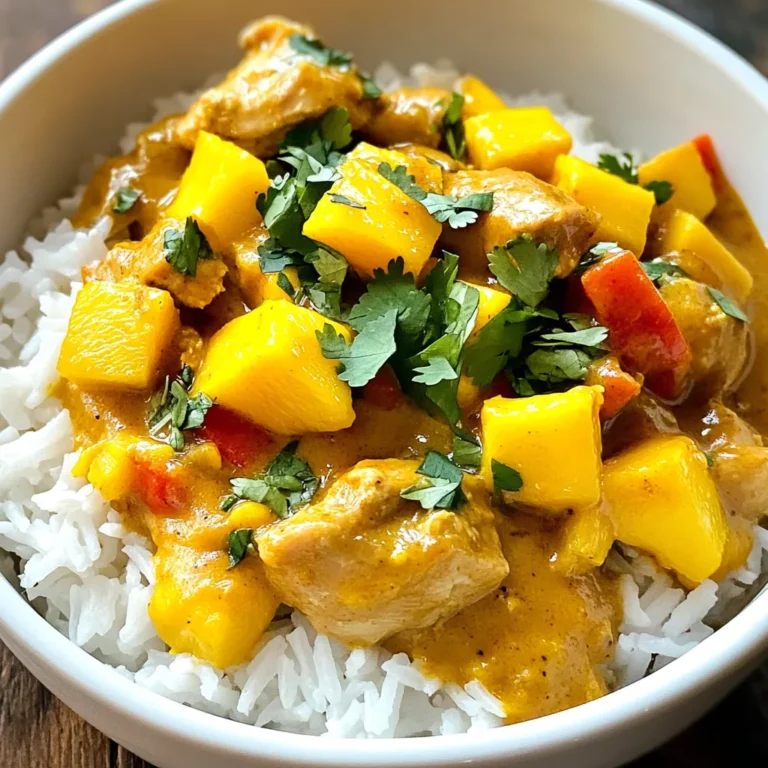 You need a few key items for this dish: - 1 lb (450g) boneless chicken thighs, cut into bite-sized pieces - 1 ripe mango, diced - 1 onion, finely chopped - 3 cloves garlic, minced - 1 tablespoon fresh ginger, grated - 1 can (14 oz) coconut milk - 2 tablespoons curry powder - 1 teaspoon turmeric - 1 teaspoon cumin - 1 tablespoon vegetable oil - Salt and pepper to taste These ingredients bring out the sweet and spicy flavors that make this curry special. The chicken thighs add rich taste, while the mango gives a fresh twist. For added flair, consider these options: - Fresh cilantro, chopped (for garnish) - Cooked jasmine rice (for serving) The cilantro adds color and a fresh taste. Jasmine rice is perfect to soak up the curry sauce. You can swap some ingredients if needed: - Chicken: Use boneless chicken breast for a leaner option. - Mango: Substitute with pineapple for a different sweet flavor. - Coconut milk: Almond milk can work, but it will change the taste. These substitutions let you customize the dish to your liking. You can enjoy this curry even if you have different items at home! {{ingredient_image_1}} Start by gathering your ingredients. You will need: - 1 lb (450g) boneless chicken thighs, cut into bite-sized pieces - 1 ripe mango, diced - 1 onion, finely chopped - 3 cloves garlic, minced - 1 tablespoon fresh ginger, grated - 1 can (14 oz) coconut milk - 2 tablespoons curry powder - 1 teaspoon turmeric - 1 teaspoon cumin - 1 tablespoon vegetable oil - Salt and pepper to taste - Fresh cilantro, chopped (for garnish) - Cooked jasmine rice (for serving) Next, chop your onion and mince the garlic. Grate the ginger, too. Dice your mango into small pieces. Having everything ready makes cooking easier. Heat the vegetable oil in a large skillet over medium heat. Add the chopped onion and cook for about five minutes. The onion should be soft and clear. Then, stir in the minced garlic and grated ginger. Cook for one more minute until you smell a great aroma. Now, add the chicken pieces to the skillet. Season them with salt and pepper. Cook the chicken for about five to seven minutes. You want it to turn brown on all sides. This step adds a nice flavor. Next, sprinkle the curry powder, turmeric, and cumin over the chicken. Mix well to coat each piece evenly with the spices. This is where the magic starts! Pour in the coconut milk and stir it all together. Bring the mixture to a gentle simmer. Now, add the diced mango to the skillet. Stir it into the curry and let it simmer for 15 to 20 minutes. The chicken should be cooked through and tender when done. Taste your curry and adjust the seasoning with more salt and pepper if needed. To serve, spoon the Mango Tango Chicken Curry over a bed of fluffy jasmine rice. This adds a great texture. For a pop of color, sprinkle freshly chopped cilantro on top. You can also add a slice of mango on the side for extra flair. Enjoy your delicious meal! To make your Mango Chicken Curry even tastier, add a pinch of extra spices. Try adding cardamom for warmth or cinnamon for sweetness. A little chili powder can give it a kick, too. Mix in some fresh lime juice for brightness. This will make your dish pop with flavor. Use a large skillet for even cooking. Make sure to sauté the onions until they turn golden. This step builds a rich base for your curry. When you add ginger and garlic, stir quickly to avoid burning. Keep the heat moderate and let the coconut milk simmer gently. This helps all the flavors blend well. Serve your Mango Chicken Curry over fluffy jasmine rice. This absorbs the delicious sauce nicely. Garnish with fresh cilantro for color and flavor. You can also add a slice of mango on the side for a fun touch. If you like, serve with warm naan bread for dipping. Pro Tips Use Ripe Mango: Ensure your mango is ripe and sweet for the best flavor in your curry. A firm but slightly soft texture indicates it's ready to use. Adjust Spice Level: If you prefer a spicier curry, add a pinch of cayenne pepper or sliced chili peppers to the dish. Start with a small amount and adjust to taste. Simmer for Flavor: Allow the curry to simmer longer for deeper flavors. The longer it simmers, the more the spices meld together, enhancing the overall taste. Garnish Creatively: Elevate presentation by garnishing with not just cilantro, but also thinly sliced red chili or lime wedges for a fresh pop of color. {{image_2}} You can easily make a vegetarian or vegan version of mango chicken curry. For a tasty substitute, use chickpeas or tofu instead of chicken. Both options soak up flavors well and add protein. Replace coconut milk with cashew cream for a rich texture. Use vegetable broth to keep it light. Adding extra veggies like bell peppers or spinach can enhance the dish. This way, you get a colorful and nutritious meal. If you prefer your curry mild or spicy, adjusting the spice level is simple. Start with less curry powder and add more to taste. You can also include fresh chili peppers or red pepper flakes for heat. If the dish gets too spicy, adding more coconut milk can help tame it. Balance is key, so taste as you go and adjust based on your preference. Besides chicken, you can try different proteins in your curry. Shrimp, fish, or even lentils work well. For shrimp, cook them until pink and tender for a quick option. Fish like tilapia or salmon can add a nice flavor and cook fast too. Lentils provide a hearty, plant-based option. They will take longer to cook, so make sure to simmer until tender. Each protein choice brings its own flair to the mango curry. To store your leftover Mango Chicken Curry, let it cool first. Then, place it in an airtight container. Make sure to seal it well. Store the curry in the fridge for up to three days. If you want to keep it longer, freezing is a great option. If you choose to freeze the curry, use a freezer-safe container. Leave some space at the top for expansion. You can also use freezer bags for easy storage. Label each bag with the date. This way, you know how long it has been in the freezer. The curry can last up to three months in the freezer. To reheat your Mango Chicken Curry, take it out of the fridge or freezer. If frozen, thaw it overnight in the fridge. For reheating, you can use a saucepan over medium heat. Stir it often to make sure it heats evenly. If it seems too thick, add a splash of coconut milk or water. You can also use a microwave. Heat it in short bursts, stirring in between. Enjoy your curry warm, over jasmine rice! Yes, you can use frozen mango. Just thaw it before adding to the curry. This method saves time, and frozen mango still tastes great. The sweetness and texture may change a bit. However, it will still blend well with the spices and chicken. I recommend serving this curry with jasmine rice. The fluffy rice soaks up the sauce nicely. You can also add naan bread for a fun twist. A simple salad with cucumber and tomato adds freshness. For a crunch, consider serving poppadoms or vegetable samosas. This dish is already gluten-free if you follow the recipe. Ensure your curry powder and any other spices are gluten-free. Pair it with rice instead of bread to keep it safe. Always check labels for hidden gluten in packaged foods. In this blog post, we explored how to make Mango Chicken Curry, from ingredients to storage. You learned about key ingredients and helpful tips for cooking and serving. We also discussed variations, like vegetarian options and spice levels. Remember, cooking is about fun and flavor. Don’t hesitate to experiment with spices and sides. Enjoy making this dish and sharing it with others. Each bite should transport you to a sunny place, bursting with taste. Happy cooking!