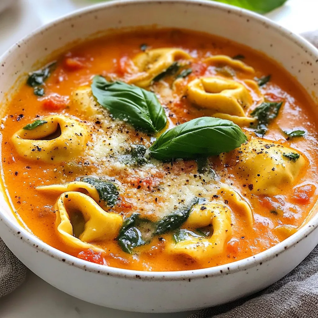 - 2 tablespoons olive oil - 1 small onion, diced - 3 cloves garlic, minced - 1 can (28 oz) crushed tomatoes - 4 cups vegetable broth - 1 teaspoon dried oregano - 1 teaspoon dried basil - 1 cup heavy cream - 1 package (9 oz) cheese tortellini - 2 cups fresh spinach, roughly chopped - 1/2 cup freshly grated Parmesan cheese - Salt and pepper to taste - Fresh basil leaves for garnish The ingredients for this creamy tomato basil tortellini soup bring a burst of flavor. Each item plays a key role in creating a warm and inviting dish. You can swap a few items if needed. Use chicken broth instead of vegetable broth. You can replace heavy cream with milk or a non-dairy alternative for a lighter version. If you lack fresh spinach, frozen spinach works too. You may also use tortellini filled with other cheeses or even meat. Fresh ingredients matter in this recipe. Fresh basil and spinach offer vibrant flavors and colors. They enhance not just taste but also nutrition. Fresh garlic and onion add depth to the soup. Using canned tomatoes is fine, but try to choose high-quality brands for the best flavor. When you use fresh items, your soup will taste brighter and more delicious. {{ingredient_image_1}} Start by gathering all your ingredients. You need: - 2 tablespoons olive oil - 1 small onion, diced - 3 cloves garlic, minced - 1 can (28 oz) crushed tomatoes - 4 cups vegetable broth - 1 teaspoon dried oregano - 1 teaspoon dried basil - 1 cup heavy cream - 1 package (9 oz) cheese tortellini - 2 cups fresh spinach, roughly chopped - 1/2 cup freshly grated Parmesan cheese - Salt and pepper to taste - Fresh basil leaves for garnish Next, heat the olive oil in a large pot over medium heat. Add the diced onion and cook for about five minutes. You want the onion to turn soft and clear. Then, add the minced garlic. Stir it in for one to two minutes until it smells great. Pour in the crushed tomatoes and vegetable broth. Add the dried oregano and basil. Mix it well. Bring the soup to a simmer and let it cook for ten to fifteen minutes. This time helps the flavors blend. After that, lower the heat and stir in the heavy cream. Let it warm through gently. Then, add the cheese tortellini. Cook according to the package, usually five to seven minutes, until they are soft. Stir in the chopped spinach and let it cook for another two to three minutes. The spinach will wilt and add color to your soup. Remove the pot from heat. Stir in the grated Parmesan cheese, and season with salt and pepper. Now, ladle the soup into bowls. For a lovely finish, garnish each bowl with fresh basil leaves. This adds a pop of color and flavor. Enjoy your creamy tomato basil tortellini soup! To make your soup even tastier, add fresh herbs. Chopped basil brightens the dish. If you like a kick, add a pinch of red pepper flakes. You can also swap heavy cream for half-and-half for a lighter option. For depth, try a splash of balsamic vinegar. This adds a nice touch and balances the sweetness of the tomatoes. One common mistake is overcooking the tortellini. Follow the package time closely. If you cook them too long, they become mushy. Another error is not seasoning enough. Taste your soup before serving. Add salt and pepper as needed. Lastly, avoid skipping the fresh basil at the end. It gives a fresh flavor that makes the soup pop. Serve your soup in rustic bowls for a cozy feel. Top each bowl with extra Parmesan cheese and fresh basil leaves. A drizzle of olive oil adds a nice finish. For a complete meal, pair it with crusty bread or a simple salad. Both complement the soup well and make your meal special. Pro Tips Use Fresh Ingredients: Fresh basil and spinach can significantly enhance the flavor of the soup, making it more vibrant and aromatic. Adjust Creaminess: For a lighter version, you can substitute half of the heavy cream with low-fat milk or a non-dairy alternative. Customize the Tortellini: Feel free to experiment with different flavors of tortellini, such as spinach or mushroom, to complement the soup. Make It Ahead: This soup keeps well in the refrigerator for a few days, making it a great option for meal prep or leftovers. {{image_2}} You can easily make this soup vegetarian by leaving out the cheese tortellini. Instead, use vegetable-based tortellini. For a vegan option, swap the heavy cream with coconut milk or a plant-based cream. These alternatives give you a rich taste while keeping it dairy-free. Add some nutritional yeast for a cheesy flavor without the dairy. If you want to change up the pasta, try using whole wheat or gluten-free tortellini. You can also use other shapes, like small shells or even orzo. Each shape adds a fun twist to the soup. Just make sure to adjust the cooking time based on what pasta you choose. For extra protein, add cooked chicken, shrimp, or beans. Shredded rotisserie chicken works great and saves time. If you like plant proteins, try adding chickpeas or lentils. They blend well with the flavors and make the soup hearty. Just stir them in during the last few minutes of cooking. After enjoying your creamy tomato basil tortellini soup, store leftovers in an airtight container. Let the soup cool to room temperature before sealing it. This step helps keep it fresh longer. You can keep it in the fridge for about three days. If you want to keep it longer, consider freezing it. When you are ready to enjoy your leftovers, reheat gently. You can warm it on the stove over low heat. Stir often to make sure it heats evenly. You can also use a microwave. Heat in short bursts, stirring in between. This method helps avoid hot spots that can burn your soup. If you want to freeze the soup, do so before adding the tortellini. The pasta can become mushy after freezing and thawing. Pour the cooled soup into freezer-safe bags or containers. Make sure to leave some space for expansion. Label the container with the date. You can freeze the soup for up to three months. When ready to eat, thaw it in the fridge overnight before reheating. Yes, you can make this soup ahead of time. It tastes even better the next day. Just store it in the fridge after it cools down. When you're ready to eat, heat it on the stove. If you make it too early, the tortellini may become soft. You can add fresh tortellini when you reheat it. This keeps the pasta nice and firm. To thicken the soup, add more cheese or cream. You can also blend part of the soup. Use an immersion blender for a smooth texture. If you want a chunky soup, mash some of the tortellini with a fork. This will give the soup a nice, hearty feel. Don't forget to adjust the seasoning after thickening! This soup pairs well with a fresh salad or crusty bread. Garlic bread is a great choice too. You can also serve it with grilled cheese for a cozy meal. Add a sprinkle of extra Parmesan on top for a tasty finish. A glass of crisp white wine complements the soup nicely. This blog post covered how to make a great soup. We talked about ingredients, with a full list and substitutions. I explained why fresh ingredients matter. Then, I shared a simple cooking process and tips for serving. You learned ways to enhance flavor and avoid common mistakes. I also introduced fun variations, including vegetarian and vegan options. Lastly, I noted how to store and reheat your soup. Cooking should be fun and rewarding. Enjoy creating your perfect bowl!